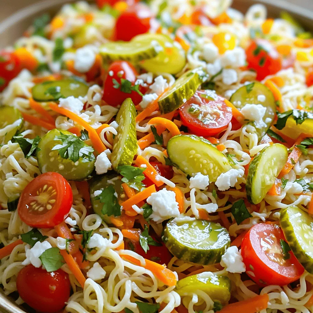 - 2 packets of instant ramen noodles (discard the seasoning packets) - 1 cup dill pickles, chopped - 1 cup cherry tomatoes, halved - 1 cup shredded carrots - 1/2 cup red bell pepper, diced - 1/4 cup green onions, sliced - 1/2 cup ranch dressing - 2 tablespoons pickle juice - Salt and pepper to taste - 1/4 cup feta cheese (optional) The main star of this salad is the ramen noodles. They bring a chewy texture. I use instant noodles for ease, but you can use fresh ones too. Dill pickles add a tangy crunch. They give the salad a kick that wakes up your taste buds. Cherry tomatoes add sweetness and color. Chopped carrots bring a nice crunch and a pop of orange. Red bell pepper adds sweetness and a crisp bite. Green onions give a mild onion taste. Finally, ranch dressing ties everything together, making it creamy and flavorful. Using fresh ingredients like cherry tomatoes and carrots makes the salad vibrant. They provide great flavor and texture. Dill pickles are key for that tangy flavor. Pickles contrast nicely with the fresh veggies. The pickle juice adds a bit of zing to the dressing. This mix of fresh and pickled ingredients creates balance. It keeps each bite interesting. For the best taste, use fresh produce and high-quality pickles. You can find the Full Recipe [here]. Start by boiling water in a pot. Add the instant ramen noodles. Cook them for about three minutes. Once they are soft, drain the noodles. Rinse them under cold water. This stops the cooking and cools them down. Set the noodles aside while you prepare the other ingredients. Grab a large mixing bowl. Chop 1 cup of dill pickles into small pieces. Cut 1 cup of cherry tomatoes in half. Shred 1 cup of carrots. Dice 1/2 cup of red bell pepper. Slice 1/4 cup of green onions. Add all these veggies to the mixing bowl. They add crunch and flavor to your salad. Now it’s time to mix everything together. Add the cooled ramen noodles to the vegetable mixture. Gently toss these ingredients to combine them well. In a small bowl, whisk together 1/2 cup of ranch dressing and 2 tablespoons of pickle juice. This will create a creamy and tangy dressing. Pour the dressing over the salad. Toss it all again until every piece is coated. If you like feta cheese, add 1/4 cup of crumbled cheese on top. This adds a nice salty flavor. Give the salad one last gentle toss to mix in the cheese. Season the salad with salt and pepper to taste. Chill it in the fridge for at least 30 minutes. This helps the flavors blend together nicely. For the full recipe, check out the complete instructions. When making Pickle Ranch Ramen Noodle Salad, you want to avoid a few common mistakes. First, don't skip rinsing the ramen noodles after cooking. This step cools them and keeps them from getting mushy. Second, use fresh veggies. Wilting or soggy veggies can ruin your salad’s crunch. Lastly, be careful with salt. The ranch dressing and pickles add salt, so taste before adding more. You can prepare this salad ahead of time. Cook the ramen and chop the veggies a day before. Store them in the fridge separately. When you're ready to eat, mix everything together with the dressing. This method allows the flavors to blend better, making it even more tasty. Just remember to add the dressing right before serving for the best texture. Presentation matters! Serve the salad in a large bowl for a family style meal or in individual bowls for a nice touch. Top it with extra green onions and a few pickle slices for color. If you like, sprinkle some feta cheese on top for a creamy finish. This salad looks great and tastes even better, so enjoy sharing it with friends and family! For the full recipe, see the earlier section. {{image_2}} You can make your Pickle Ranch Ramen Noodle Salad more filling by adding protein. Some great choices include cooked chicken, shrimp, or tofu. Shredded rotisserie chicken works well for a quick fix. Grilled shrimp adds a nice touch of flavor. For a vegetarian option, try marinated tofu. Cooked proteins mix nicely with the crunchy veggies. If you want a vegetarian or vegan salad, swap the ranch dressing for a plant-based version. Many stores sell dairy-free ranch dressings. You can also make your own using vegan mayo and herbs. For added texture, consider chickpeas or black beans. These beans pack protein and fiber, making your salad hearty. To amp up the flavor, think about adding spices or herbs. Fresh dill pairs perfectly with the pickles. You can also sprinkle in some garlic powder or onion powder. For a spicy kick, add red pepper flakes or a dash of hot sauce. Mixing in fresh herbs like cilantro or parsley brightens the dish. Each of these additions makes the salad unique and exciting. For the complete recipe, check out the Full Recipe section. To store leftover Pickle Ranch Ramen Noodle Salad, place it in a container. Cover it tightly with a lid to keep it fresh. Make sure to refrigerate it right away. This salad tastes best when chilled, so store it promptly. Choose a glass or plastic container with a tight seal. Glass containers are great for keeping flavors. They also help you see the salad easily. If using plastic, make sure it is BPA-free. This ensures safety and keeps your salad fresh. Reheat this salad only if needed. If you want it warm, use the microwave. Heat in short bursts to avoid cooking it too much. Check the salad frequently to keep it from getting soggy. Most people enjoy this salad cold, so consider serving it that way instead. For the best taste, enjoy it fresh after making it. For more details, check the Full Recipe. Yes, you can use different noodles. Try soba, udon, or even rice noodles. Each type gives a unique twist to the salad. Just cook them according to the package instructions. Rinse them in cold water after cooking. This keeps the noodles from getting mushy. This salad can last for up to three days in the fridge. The flavors will meld together over time. However, the veggies may lose some crunch. It’s best to enjoy it fresh, but you can still savor it later. Yes, this recipe is great for meal prep. You can make it ahead for lunches or snacks. Just store it in airtight containers. Keep the dressing separate until you are ready to eat. This keeps the salad fresh and crisp. Absolutely! You can use yogurt dressing, vinaigrette, or even a spicy mayo. Each dressing will change the flavor a bit. Feel free to experiment and find your favorite! The full recipe gives a great base, but make it your own. This blog post covered creating a delicious ramen salad, from ingredients to storage tips. You learned about key ingredients, cooking steps, and how to avoid common mistakes. I shared ways to personalize your dish with protein and spices and provided helpful storage info. Always feel free to experiment with flavors. Making this salad fun and easy can lead to a tasty meal that you enjoy. Happy cooking!