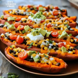 - 2 large sweet potatoes - 1 cup black beans, drained and rinsed - 1 cup corn kernels (frozen or fresh) - 1 cup cherry tomatoes, halved - 1 avocado, diced - 1/2 cup Greek yogurt (or sour cream) - 1/2 cup shredded cheddar cheese - 2 green onions, chopped - 1 teaspoon chili powder - Salt and pepper to taste - Olive oil for drizzling When making loaded sweet potato skins, I love to start with the right ingredients. Sweet potatoes are key because they are sweet and creamy. They also pack a lot of vitamins. I use black beans for protein and fiber. Corn adds a nice crunch and sweet flavor. Cherry tomatoes bring freshness, while avocado gives creaminess. Greek yogurt or sour cream makes each bite luscious. For seasoning, I use chili powder for a bit of heat. Salt and pepper enhance all the flavors. A drizzle of olive oil helps everything roast nicely. You can find the full recipe with all these ingredients listed, so you won’t miss a step. When you gather these ingredients, you set the stage for a tasty dish that is also good for you. - Preheat your oven to 400°F (200°C). - Wash the sweet potatoes well. Poke a few holes in each potato with a fork. Place them on a baking sheet. Drizzle with olive oil and sprinkle with salt. - Roast the sweet potatoes for about 45-60 minutes. Check if they are tender by piercing with a fork. They should feel soft inside. - In a bowl, mix black beans, corn, cherry tomatoes, and chili powder. Add half of the chopped green onions. Season with salt and pepper to taste. - Cut each sweet potato in half lengthwise. Scoop out some flesh, leaving about a 1/4-inch border. Stuff each half with the bean mixture. Top with shredded cheddar cheese. - Return the stuffed sweet potato skins to the oven. Bake for an extra 10-15 minutes until the cheese melts and bubbles. - Remove from the oven. Let them cool for a few minutes. Top with diced avocado, a dollop of Greek yogurt, and the remaining green onions. For the full recipe, you can refer to the section above. Enjoy your tasty Loaded Sweet Potato Skins! How can you tell when sweet potatoes are cooked? Look for a fork to slide in easily. If they feel soft, they are ready. This usually takes about 45 to 60 minutes. After baking, let them rest for a few minutes. This step helps the flavors settle and makes them easier to handle. How should you serve loaded sweet potato skins? Arrange them on a large platter for a beautiful display. Add extra cherry tomatoes and fresh cilantro on top for color. Serve them warm for the best taste. What can you use as garnishes? You can sprinkle more green onions or a dash of chili powder. A squeeze of lime juice also adds a nice touch. What can you use if you have dietary needs? Black beans can be swapped with lentils for a different flavor. If you want a vegan option, use dairy-free cheese instead of cheddar. What other toppings can you add? Try adding diced bell peppers or chopped spinach. You can also top with salsa or a dollop of guacamole for extra zest. For the full recipe, check out the Loaded Sweet Potato Skins section. {{image_2}} For a zesty kick, try spicy loaded sweet potato skins. Add sliced jalapeños to the filling. The heat from the jalapeños pairs well with the sweet potatoes. You can also make a Tex-Mex style version. Top your skins with guacamole and salsa. The creamy avocado and fresh salsa add great flavor and texture. You can easily adapt this recipe for dietary needs. For a vegetarian option, keep the black beans and skip any meat. If you're vegan, swap Greek yogurt for a plant-based yogurt. You can also make it gluten-free. Simply check labels on all ingredients to ensure they meet gluten-free standards. Seasonal ingredients can elevate your loaded sweet potato skins. In spring, add fresh asparagus or peas for a pop of green. In the fall, mix in roasted squash or cranberries for a festive touch. You can even create themed variations for holidays. For Halloween, add black beans and orange cheese for a spooky look! To keep your loaded sweet potato skins fresh, store them in an airtight container. Place them in the fridge right after they cool down. They will stay good for about three to four days. If you want to enjoy them later, freezing is a great option. Wrap each skin in plastic wrap, then put them in a freezer-safe bag. They can last up to three months in the freezer. When you're ready to eat them, let them thaw overnight in the fridge. To reheat, preheat your oven to 350°F (175°C). Place the skins on a baking sheet and cover with foil. Heat for about 15-20 minutes or until warmed through. This method helps keep them crispy. You can keep loaded sweet potato skins in the fridge for four days. If they smell bad or look slimy, it's time to toss them. Always check for mold or off colors. If you see any, don’t eat them. Proper storage helps maintain their flavor and texture, so follow these tips for the best experience! Yes, you can prepare these sweet potato skins in advance. Start by cooking the sweet potatoes as the recipe states. After roasting, let them cool and scoop out the flesh. You can store the empty skins in the fridge for up to two days. When you are ready to serve, prepare the filling and stuff the skins. Bake them just before serving for the best taste. You can enjoy these sweet potato skins with various sides and drinks. Here are some suggestions: - A fresh green salad - Grilled chicken or shrimp - Spicy salsa or guacamole - A cold beer or sparkling water - A zesty lemonade These options will balance the flavors and make your meal exciting. You can easily make these sweet potato skins more nutritious. Here are some tips: - Use non-fat Greek yogurt instead of sour cream for fewer calories. - Add more veggies like spinach or bell peppers to the filling. - Choose low-fat cheese to cut down on fat content. - Serve with a side of fresh fruit for added vitamins. These changes keep the dish tasty while boosting nutrition. People often ask about the best ways to enjoy loaded sweet potato skins. Here are a few common queries: - Can I use other types of potatoes? Yes, you can use regular potatoes, but sweet potatoes add more flavor and nutrients. - Can I freeze them? You can freeze stuffed skins before baking. Just wrap them tightly and bake from frozen, adding extra time. - Are they good for meal prep? Absolutely! They are great for meal prep and can be stored for quick meals. These tips help you get the most out of your loaded sweet potato skins. For the full recipe, check the main section! This blog post gave you a tasty guide to loaded sweet potato skins. We covered the main ingredients, helpful tips, and variations to keep meals exciting. You learned how to make them your own with substitutions and seasonal twists. With simple steps for preparation and storage, you can enjoy these dishes any time. Remember, cooking is all about fun and creativity. Enjoy your cooking adventures and make these delicious skins a regular treat!