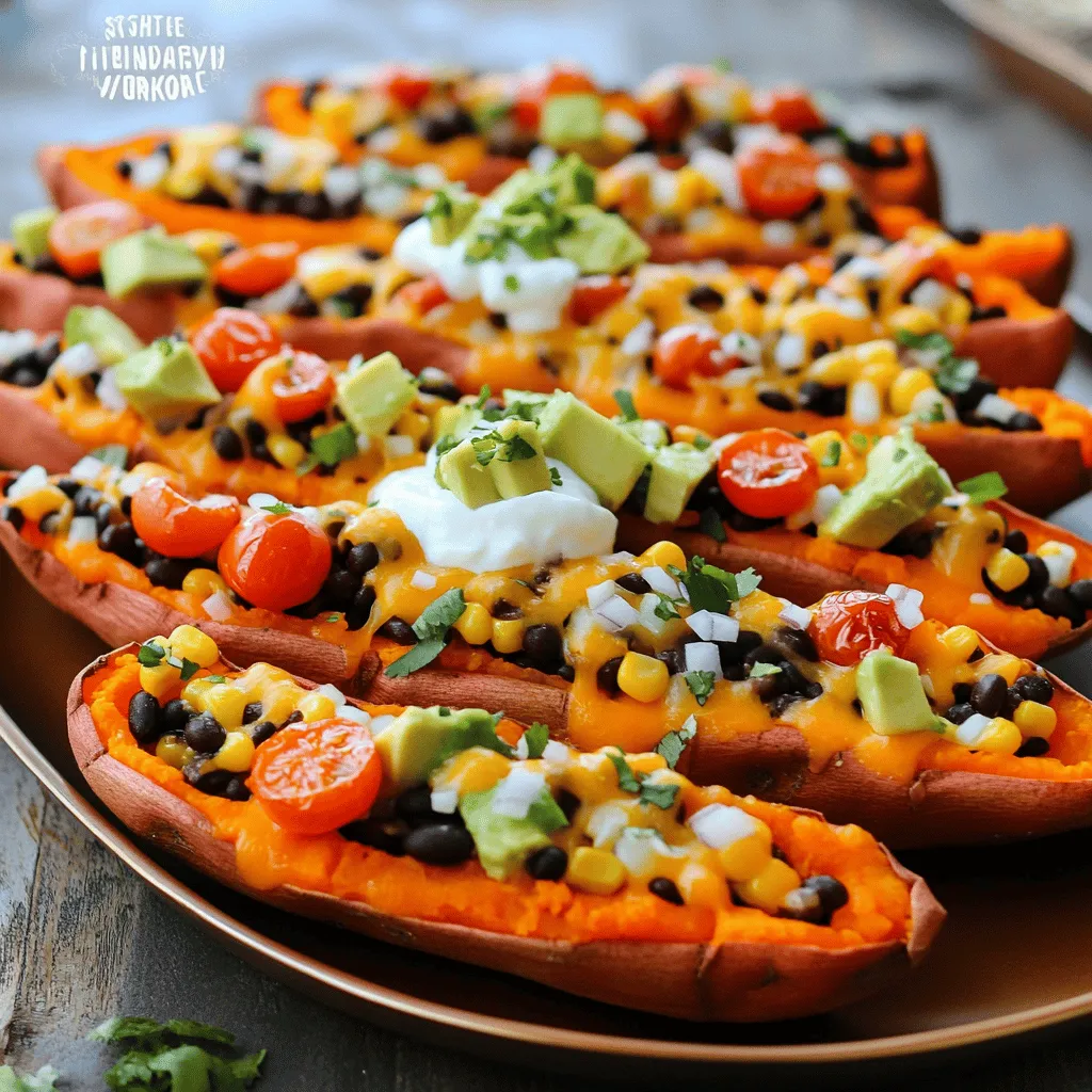 - 2 large sweet potatoes - 1 cup black beans, drained and rinsed - 1 cup corn kernels (frozen or fresh) - 1 cup cherry tomatoes, halved - 1 avocado, diced - 1/2 cup Greek yogurt (or sour cream) - 1/2 cup shredded cheddar cheese - 2 green onions, chopped - 1 teaspoon chili powder - Salt and pepper to taste - Olive oil for drizzling When making loaded sweet potato skins, I love to start with the right ingredients. Sweet potatoes are key because they are sweet and creamy. They also pack a lot of vitamins. I use black beans for protein and fiber. Corn adds a nice crunch and sweet flavor. Cherry tomatoes bring freshness, while avocado gives creaminess. Greek yogurt or sour cream makes each bite luscious. For seasoning, I use chili powder for a bit of heat. Salt and pepper enhance all the flavors. A drizzle of olive oil helps everything roast nicely. You can find the full recipe with all these ingredients listed, so you won’t miss a step. When you gather these ingredients, you set the stage for a tasty dish that is also good for you. - Preheat your oven to 400°F (200°C). - Wash the sweet potatoes well. Poke a few holes in each potato with a fork. Place them on a baking sheet. Drizzle with olive oil and sprinkle with salt. - Roast the sweet potatoes for about 45-60 minutes. Check if they are tender by piercing with a fork. They should feel soft inside. - In a bowl, mix black beans, corn, cherry tomatoes, and chili powder. Add half of the chopped green onions. Season with salt and pepper to taste. - Cut each sweet potato in half lengthwise. Scoop out some flesh, leaving about a 1/4-inch border. Stuff each half with the bean mixture. Top with shredded cheddar cheese. - Return the stuffed sweet potato skins to the oven. Bake for an extra 10-15 minutes until the cheese melts and bubbles. - Remove from the oven. Let them cool for a few minutes. Top with diced avocado, a dollop of Greek yogurt, and the remaining green onions. For the full recipe, you can refer to the section above. Enjoy your tasty Loaded Sweet Potato Skins! How can you tell when sweet potatoes are cooked? Look for a fork to slide in easily. If they feel soft, they are ready. This usually takes about 45 to 60 minutes. After baking, let them rest for a few minutes. This step helps the flavors settle and makes them easier to handle. How should you serve loaded sweet potato skins? Arrange them on a large platter for a beautiful display. Add extra cherry tomatoes and fresh cilantro on top for color. Serve them warm for the best taste. What can you use as garnishes? You can sprinkle more green onions or a dash of chili powder. A squeeze of lime juice also adds a nice touch. What can you use if you have dietary needs? Black beans can be swapped with lentils for a different flavor. If you want a vegan option, use dairy-free cheese instead of cheddar. What other toppings can you add? Try adding diced bell peppers or chopped spinach. You can also top with salsa or a dollop of guacamole for extra zest. For the full recipe, check out the Loaded Sweet Potato Skins section. {{image_2}} For a zesty kick, try spicy loaded sweet potato skins. Add sliced jalapeños to the filling. The heat from the jalapeños pairs well with the sweet potatoes. You can also make a Tex-Mex style version. Top your skins with guacamole and salsa. The creamy avocado and fresh salsa add great flavor and texture. You can easily adapt this recipe for dietary needs. For a vegetarian option, keep the black beans and skip any meat. If you're vegan, swap Greek yogurt for a plant-based yogurt. You can also make it gluten-free. Simply check labels on all ingredients to ensure they meet gluten-free standards. Seasonal ingredients can elevate your loaded sweet potato skins. In spring, add fresh asparagus or peas for a pop of green. In the fall, mix in roasted squash or cranberries for a festive touch. You can even create themed variations for holidays. For Halloween, add black beans and orange cheese for a spooky look! To keep your loaded sweet potato skins fresh, store them in an airtight container. Place them in the fridge right after they cool down. They will stay good for about three to four days. If you want to enjoy them later, freezing is a great option. Wrap each skin in plastic wrap, then put them in a freezer-safe bag. They can last up to three months in the freezer. When you're ready to eat them, let them thaw overnight in the fridge. To reheat, preheat your oven to 350°F (175°C). Place the skins on a baking sheet and cover with foil. Heat for about 15-20 minutes or until warmed through. This method helps keep them crispy. You can keep loaded sweet potato skins in the fridge for four days. If they smell bad or look slimy, it's time to toss them. Always check for mold or off colors. If you see any, don’t eat them. Proper storage helps maintain their flavor and texture, so follow these tips for the best experience! Yes, you can prepare these sweet potato skins in advance. Start by cooking the sweet potatoes as the recipe states. After roasting, let them cool and scoop out the flesh. You can store the empty skins in the fridge for up to two days. When you are ready to serve, prepare the filling and stuff the skins. Bake them just before serving for the best taste. You can enjoy these sweet potato skins with various sides and drinks. Here are some suggestions: - A fresh green salad - Grilled chicken or shrimp - Spicy salsa or guacamole - A cold beer or sparkling water - A zesty lemonade These options will balance the flavors and make your meal exciting. You can easily make these sweet potato skins more nutritious. Here are some tips: - Use non-fat Greek yogurt instead of sour cream for fewer calories. - Add more veggies like spinach or bell peppers to the filling. - Choose low-fat cheese to cut down on fat content. - Serve with a side of fresh fruit for added vitamins. These changes keep the dish tasty while boosting nutrition. People often ask about the best ways to enjoy loaded sweet potato skins. Here are a few common queries: - Can I use other types of potatoes? Yes, you can use regular potatoes, but sweet potatoes add more flavor and nutrients. - Can I freeze them? You can freeze stuffed skins before baking. Just wrap them tightly and bake from frozen, adding extra time. - Are they good for meal prep? Absolutely! They are great for meal prep and can be stored for quick meals. These tips help you get the most out of your loaded sweet potato skins. For the full recipe, check the main section! This blog post gave you a tasty guide to loaded sweet potato skins. We covered the main ingredients, helpful tips, and variations to keep meals exciting. You learned how to make them your own with substitutions and seasonal twists. With simple steps for preparation and storage, you can enjoy these dishes any time. Remember, cooking is all about fun and creativity. Enjoy your cooking adventures and make these delicious skins a regular treat!
