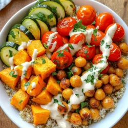 To make a tasty roasted veggie Buddha bowl, gather these key ingredients: - 1 medium sweet potato, diced - 1 cup cherry tomatoes, halved - 1 zucchini, sliced - 1 red bell pepper, diced - 1 cup chickpeas, drained and rinsed - 2 tablespoons olive oil - 1 teaspoon smoked paprika - 1 teaspoon garlic powder - Salt and pepper to taste - 2 cups cooked quinoa - 1/4 cup tahini - 2 tablespoons lemon juice - Fresh parsley, chopped (for garnish) This Buddha bowl is not only colorful but also packed with nutrients. Here’s a quick look at the nutrition: - Calories: Around 450 per serving - Protein: 15 grams from quinoa and chickpeas - Fiber: 10 grams from veggies and grains - Healthy Fats: 10 grams from olive oil and tahini This dish gives you a good mix of vitamins and minerals. You can easily swap ingredients to suit your taste or diet. Here are some ideas: - Sweet Potato: Use butternut squash or pumpkin for a different flavor. - Chickpeas: Try black beans or lentils for another protein source. - Quinoa: Replace with brown rice or farro for a heartier grain. - Tahini: Use almond butter or yogurt for a creamy dressing. These changes keep the dish fresh and exciting! Start by preheating your oven to 425°F (220°C). This temperature helps the veggies get crispy. Next, grab a big bowl. Add diced sweet potato, halved cherry tomatoes, sliced zucchini, diced red bell pepper, and rinsed chickpeas. Make sure to mix them well. Now, drizzle 2 tablespoons of olive oil over the veggies. Sprinkle 1 teaspoon of smoked paprika, 1 teaspoon of garlic powder, and some salt and pepper. Toss everything together. You want every piece to be coated in flavor. Spread the veggie mix on a baking sheet lined with parchment paper. This helps with easy cleanup and prevents sticking. Roast them in the oven for 25 to 30 minutes. Remember to toss the veggies halfway through. This ensures even cooking and caramelization. While the veggies roast, make the dressing. In a small bowl, whisk together 1/4 cup of tahini and 2 tablespoons of lemon juice. If the mix is too thick, add a little water to reach your desired consistency. Once the veggies are done, it’s time to build your bowl. Start with 2 cups of cooked quinoa at the bottom. Then, add the roasted veggies on top. Drizzle the tahini dressing over everything. Finish with a sprinkle of fresh parsley for a pop of color. This dish is not just tasty; it’s healthy and colorful too. For the full recipe, you can refer back to the initial section. Enjoy each bite of your Roasted Veggie Buddha Bowl! To get the best flavor, cut your veggies evenly. This helps them cook at the same rate. I like to mix them in a bowl with olive oil and spices before roasting. A hot oven is key. Preheat your oven to 425°F (220°C). Roasting at this high heat makes the veggies crispy and sweet. Spread them out in a single layer on the baking sheet. This way, they don’t steam but roast nicely. Toss them halfway through for even cooking. Spices can really boost the taste of your roasted veggies. I recommend smoked paprika and garlic powder. They add a warm, bold flavor that makes the dish pop. You can also try cumin or chili powder for a kick. Don’t forget salt and pepper; they bring everything together. Feel free to experiment with your favorite spices. Just remember, start with a little and adjust to your taste. Cooking quinoa is simple and quick. First, rinse it under cold water. This removes the bitter coating. Use a pot with a lid. Combine one cup of quinoa with two cups of water or broth. Bring it to a boil, then reduce heat to low. Cover and simmer for about 15 minutes. When it’s done, fluff it with a fork. You can also cook quinoa in a rice cooker for ease. For more flavor, try adding herbs or spices to the cooking water. For the full recipe, check out the Colorful Roasted Veggie Buddha Bowl. {{image_2}} You can add protein to your roasted veggie Buddha bowl. Tofu is a great choice. It soaks up flavors well. Simply cube it and toss it with the veggies before roasting. If you prefer meat, chicken works nicely too. You can grill or bake it separately. Adding protein makes your meal more filling and balanced. Feel free to swap in seasonal veggies. In spring, try asparagus or snap peas. In summer, add corn or eggplant for a sweet touch. In fall, pumpkin or butternut squash can add warmth. In winter, root vegetables like carrots and parsnips shine. Each season brings new flavors and colors to your bowl. You can switch up the dressing for variety. For a vegan option, mix olive oil, balsamic vinegar, and mustard. This gives a tangy kick. A yogurt-based dressing can add creaminess if you want. For a spicy twist, add sriracha or chili flakes. These options keep your Buddha bowl exciting and fresh. Explore the Full Recipe to find your favorite twist! To keep your roasted veggie Buddha bowl fresh, store leftovers in an airtight container. Layer the quinoa and veggies separately if possible. This way, the quinoa stays fluffy and the veggies remain crisp. Place your container in the fridge. It will stay good for up to four days. When you are ready to enjoy your leftovers, reheat them in the oven or microwave. For the oven, set it to 350°F (175°C) and warm for about 10-15 minutes. This method helps keep the veggies nice. If using a microwave, heat in short bursts of 30 seconds. Stir in between to ensure even heating. You can also freeze this dish for later. Place the cooled veggies and quinoa in a freezer-safe bag. Make sure to remove as much air as possible before sealing. It will last up to three months in the freezer. When you want to eat it, thaw in the fridge overnight before reheating. For the best taste, enjoy it fresh when possible. You can find the full recipe for this dish to get started! A Buddha bowl is a colorful dish filled with healthy ingredients. You can find grains, veggies, and protein in each bowl. It is often served in a large, deep bowl. The name comes from the idea that the bowl resembles a Buddha's belly. This dish is great for lunch or dinner because it is filling and fun to make. You can mix and match your favorite foods. The Roasted Veggie Buddha Bowl is a tasty version that you will love. Making tahini dressing is simple and quick. You need just a few ingredients. Start with 1/4 cup of tahini and 2 tablespoons of lemon juice. Combine these in a bowl. Whisk them together until smooth. If the dressing is too thick, add a little water. Keep mixing until you reach the thickness you like. This dressing adds a creamy and nutty flavor to your bowl. It also makes the veggies shine. Yes, you can use other grains instead of quinoa. Some great choices are brown rice, farro, or barley. Each grain has its own texture and flavor. They will still work well with the roasted veggies. Just remember to cook them according to the package directions. This way, you will have a nice base for your Buddha bowl. Feel free to experiment and find what you enjoy the most. Absolutely! This recipe is vegan-friendly. It uses only plant-based ingredients. The sweet potatoes, chickpeas, and veggies all provide great nutrition. The tahini dressing is also made from sesame seeds, making it a perfect addition. You can enjoy this meal without any animal products. It is a healthy choice for everyone, whether you are vegan or not. In this blog post, we explored the key ingredients for a Buddha bowl and their nutrition. We discussed preparation steps and cooking techniques, making it easy for you to follow. Tips on roasting veggies and cooking quinoa improved your skills, while variations and storage info added flexibility. Buddha bowls are fun, nutritious meals that fit many diets. You can mix and match ingredients for your perfect bowl. Enjoy creating delicious and healthy meals!