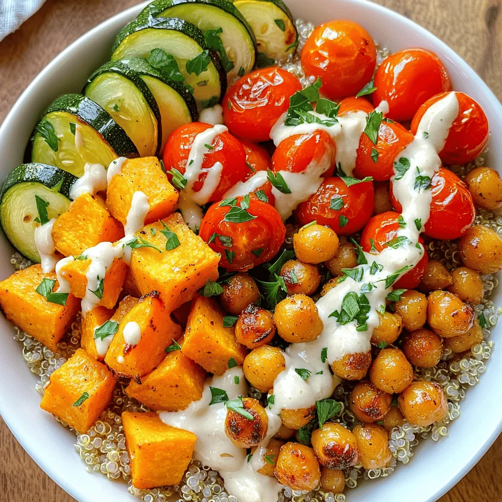 To make a tasty roasted veggie Buddha bowl, gather these key ingredients: - 1 medium sweet potato, diced - 1 cup cherry tomatoes, halved - 1 zucchini, sliced - 1 red bell pepper, diced - 1 cup chickpeas, drained and rinsed - 2 tablespoons olive oil - 1 teaspoon smoked paprika - 1 teaspoon garlic powder - Salt and pepper to taste - 2 cups cooked quinoa - 1/4 cup tahini - 2 tablespoons lemon juice - Fresh parsley, chopped (for garnish) This Buddha bowl is not only colorful but also packed with nutrients. Here’s a quick look at the nutrition: - Calories: Around 450 per serving - Protein: 15 grams from quinoa and chickpeas - Fiber: 10 grams from veggies and grains - Healthy Fats: 10 grams from olive oil and tahini This dish gives you a good mix of vitamins and minerals. You can easily swap ingredients to suit your taste or diet. Here are some ideas: - Sweet Potato: Use butternut squash or pumpkin for a different flavor. - Chickpeas: Try black beans or lentils for another protein source. - Quinoa: Replace with brown rice or farro for a heartier grain. - Tahini: Use almond butter or yogurt for a creamy dressing. These changes keep the dish fresh and exciting! Start by preheating your oven to 425°F (220°C). This temperature helps the veggies get crispy. Next, grab a big bowl. Add diced sweet potato, halved cherry tomatoes, sliced zucchini, diced red bell pepper, and rinsed chickpeas. Make sure to mix them well. Now, drizzle 2 tablespoons of olive oil over the veggies. Sprinkle 1 teaspoon of smoked paprika, 1 teaspoon of garlic powder, and some salt and pepper. Toss everything together. You want every piece to be coated in flavor. Spread the veggie mix on a baking sheet lined with parchment paper. This helps with easy cleanup and prevents sticking. Roast them in the oven for 25 to 30 minutes. Remember to toss the veggies halfway through. This ensures even cooking and caramelization. While the veggies roast, make the dressing. In a small bowl, whisk together 1/4 cup of tahini and 2 tablespoons of lemon juice. If the mix is too thick, add a little water to reach your desired consistency. Once the veggies are done, it’s time to build your bowl. Start with 2 cups of cooked quinoa at the bottom. Then, add the roasted veggies on top. Drizzle the tahini dressing over everything. Finish with a sprinkle of fresh parsley for a pop of color. This dish is not just tasty; it’s healthy and colorful too. For the full recipe, you can refer back to the initial section. Enjoy each bite of your Roasted Veggie Buddha Bowl! To get the best flavor, cut your veggies evenly. This helps them cook at the same rate. I like to mix them in a bowl with olive oil and spices before roasting. A hot oven is key. Preheat your oven to 425°F (220°C). Roasting at this high heat makes the veggies crispy and sweet. Spread them out in a single layer on the baking sheet. This way, they don’t steam but roast nicely. Toss them halfway through for even cooking. Spices can really boost the taste of your roasted veggies. I recommend smoked paprika and garlic powder. They add a warm, bold flavor that makes the dish pop. You can also try cumin or chili powder for a kick. Don’t forget salt and pepper; they bring everything together. Feel free to experiment with your favorite spices. Just remember, start with a little and adjust to your taste. Cooking quinoa is simple and quick. First, rinse it under cold water. This removes the bitter coating. Use a pot with a lid. Combine one cup of quinoa with two cups of water or broth. Bring it to a boil, then reduce heat to low. Cover and simmer for about 15 minutes. When it’s done, fluff it with a fork. You can also cook quinoa in a rice cooker for ease. For more flavor, try adding herbs or spices to the cooking water. For the full recipe, check out the Colorful Roasted Veggie Buddha Bowl. {{image_2}} You can add protein to your roasted veggie Buddha bowl. Tofu is a great choice. It soaks up flavors well. Simply cube it and toss it with the veggies before roasting. If you prefer meat, chicken works nicely too. You can grill or bake it separately. Adding protein makes your meal more filling and balanced. Feel free to swap in seasonal veggies. In spring, try asparagus or snap peas. In summer, add corn or eggplant for a sweet touch. In fall, pumpkin or butternut squash can add warmth. In winter, root vegetables like carrots and parsnips shine. Each season brings new flavors and colors to your bowl. You can switch up the dressing for variety. For a vegan option, mix olive oil, balsamic vinegar, and mustard. This gives a tangy kick. A yogurt-based dressing can add creaminess if you want. For a spicy twist, add sriracha or chili flakes. These options keep your Buddha bowl exciting and fresh. Explore the Full Recipe to find your favorite twist! To keep your roasted veggie Buddha bowl fresh, store leftovers in an airtight container. Layer the quinoa and veggies separately if possible. This way, the quinoa stays fluffy and the veggies remain crisp. Place your container in the fridge. It will stay good for up to four days. When you are ready to enjoy your leftovers, reheat them in the oven or microwave. For the oven, set it to 350°F (175°C) and warm for about 10-15 minutes. This method helps keep the veggies nice. If using a microwave, heat in short bursts of 30 seconds. Stir in between to ensure even heating. You can also freeze this dish for later. Place the cooled veggies and quinoa in a freezer-safe bag. Make sure to remove as much air as possible before sealing. It will last up to three months in the freezer. When you want to eat it, thaw in the fridge overnight before reheating. For the best taste, enjoy it fresh when possible. You can find the full recipe for this dish to get started! A Buddha bowl is a colorful dish filled with healthy ingredients. You can find grains, veggies, and protein in each bowl. It is often served in a large, deep bowl. The name comes from the idea that the bowl resembles a Buddha's belly. This dish is great for lunch or dinner because it is filling and fun to make. You can mix and match your favorite foods. The Roasted Veggie Buddha Bowl is a tasty version that you will love. Making tahini dressing is simple and quick. You need just a few ingredients. Start with 1/4 cup of tahini and 2 tablespoons of lemon juice. Combine these in a bowl. Whisk them together until smooth. If the dressing is too thick, add a little water. Keep mixing until you reach the thickness you like. This dressing adds a creamy and nutty flavor to your bowl. It also makes the veggies shine. Yes, you can use other grains instead of quinoa. Some great choices are brown rice, farro, or barley. Each grain has its own texture and flavor. They will still work well with the roasted veggies. Just remember to cook them according to the package directions. This way, you will have a nice base for your Buddha bowl. Feel free to experiment and find what you enjoy the most. Absolutely! This recipe is vegan-friendly. It uses only plant-based ingredients. The sweet potatoes, chickpeas, and veggies all provide great nutrition. The tahini dressing is also made from sesame seeds, making it a perfect addition. You can enjoy this meal without any animal products. It is a healthy choice for everyone, whether you are vegan or not. In this blog post, we explored the key ingredients for a Buddha bowl and their nutrition. We discussed preparation steps and cooking techniques, making it easy for you to follow. Tips on roasting veggies and cooking quinoa improved your skills, while variations and storage info added flexibility. Buddha bowls are fun, nutritious meals that fit many diets. You can mix and match ingredients for your perfect bowl. Enjoy creating delicious and healthy meals!
