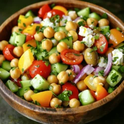 For the perfect Mediterranean Chickpea Salad, gather these ingredients: - 1 can (15 oz) chickpeas, drained and rinsed - 1 cup cherry tomatoes, halved - 1 cucumber, diced - 1/2 red onion, finely chopped - 1/2 bell pepper (any color), diced - 1/4 cup Kalamata olives, pitted and sliced - 1/4 cup feta cheese, crumbled - 2 tablespoons fresh parsley, chopped - 3 tablespoons olive oil - 2 tablespoons lemon juice - 1 teaspoon dried oregano - Salt and pepper to taste Using fresh ingredients can make your salad taste bright and vibrant. They add crunch and flavor. However, canned options save time. Canned chickpeas are quick and easy. Just rinse them under water to remove extra sodium. Fresh tomatoes and cucumbers will give more flavor and texture. Choose what fits your schedule and taste. Both fresh and canned options can make a great salad. You can easily swap ingredients based on your needs. If you're dairy-free, skip the feta or use a dairy-free cheese. For gluten-free diets, this salad is already safe! You can add cooked chicken or shrimp for more protein. If you don't like olives, try capers for a similar briny taste. Feel free to mix and match to fit your diet! To start, gather your ingredients. You will need: - 1 can (15 oz) chickpeas, drained and rinsed - 1 cup cherry tomatoes, halved - 1 cucumber, diced - 1/2 red onion, finely chopped - 1/2 bell pepper (any color), diced - 1/4 cup Kalamata olives, pitted and sliced - 1/4 cup feta cheese, crumbled - 2 tablespoons fresh parsley, chopped - 3 tablespoons olive oil - 2 tablespoons lemon juice - 1 teaspoon dried oregano - Salt and pepper to taste Next, rinse the chickpeas. This helps remove extra salt and makes them tastier. Chop the cherry tomatoes, cucumber, red onion, and bell pepper. Keep them bite-sized for easy eating. Slice the olives and crumble the feta cheese. Finally, chop the fresh parsley. This will add a touch of color and flavor. Grab a large mixing bowl. Put the chickpeas, tomatoes, cucumber, onion, and bell pepper into the bowl. Then, add the olives and feta cheese. It’s all about balance and texture. Each bite should be a mix of different flavors. Now, let’s make the dressing. In a small bowl, whisk together the olive oil, lemon juice, dried oregano, salt, and pepper. This dressing brings everything together. Pour the dressing over the salad mixture. Gently toss everything together. You want all the ingredients coated without smashing them. After mixing, add the fresh parsley. Toss it in for a final blend. Taste your salad. If you think it needs more salt, pepper, or lemon juice, add it now. This is your chance to make it perfect. Let the salad sit for at least 15 minutes before serving. This wait helps the flavors marry together. For a nice presentation, serve it in a large bowl or individual portions. Drizzle some extra olive oil on top and sprinkle more feta and parsley. You can even add a lemon wedge for that extra zing. Enjoy this fresh and flavorful dish from the Full Recipe! You can make this salad ahead of time. Prepare all the ingredients and mix them. Then, store it in the fridge. This will save you time on busy days. The flavors will blend nicely overnight, too. Just remember to add fresh parsley right before serving. To boost flavors, use fresh ingredients. Fresh herbs like parsley or basil make a big difference. Squeeze extra lemon juice for more brightness. A pinch of salt can also help bring out the taste. If you have time, let the salad sit for about 15 minutes before serving. This helps the ingredients marry well. This salad is perfect for sharing at gatherings. Serve it in a large bowl for a buffet style. You can also portion it into smaller bowls for each guest. Drizzle a little olive oil on top for an appealing look. Add extra feta and fresh herbs as a finishing touch. Consider serving with pita bread or grilled meats for a complete meal. For the complete recipe, check out the Full Recipe. {{image_2}} You can make your Mediterranean chickpea salad even heartier by adding proteins. For chicken, grill or roast it first. Dice it up and mix it in. Shrimp is also a great option. Sauté the shrimp in olive oil and garlic for a tasty twist. If you want a plant-based choice, use tofu. Press and cube the tofu, then sauté it until golden. Each protein adds its own flavor and texture. This salad is already vegetarian, but you can make it vegan easily. Simply leave out the feta cheese or swap it for vegan feta. You can also add more veggies or nuts for added crunch. Think about adding avocado for creaminess or sunflower seeds for a nice bite. These small changes can make a big difference while keeping it fresh and tasty. Feel free to switch up the ingredients based on what’s in season. In spring, add fresh peas or radishes for a crisp bite. In summer, juicy peaches or nectarines can bring a sweet flavor. Fall is perfect for roasted butternut squash or apples. Winter calls for hearty greens like kale or Brussels sprouts. Using seasonal ingredients keeps your salad exciting and full of flavor. Explore these variations to make your Mediterranean chickpea salad shine! Check out the Full Recipe for more ideas. To store leftover Mediterranean Chickpea Salad, place it in an airtight container. This helps keep the salad fresh and tasty. If you have extra dressing, store it separately. This way, the salad won’t become soggy. Use glass or BPA-free plastic containers for storage. Glass containers are great because they don’t hold odors. Choose containers with tight lids to keep air out. Smaller containers work well for meal prep or quick lunches. The salad is best within three days of making it. After that, the flavors may fade. If you store the salad with the dressing, try to eat it within two days for the best taste. Yes, you can make this salad in advance. It tastes even better after sitting. The flavors blend well, creating a delicious dish. I recommend making it a few hours ahead. Just store it in the fridge until you're ready to serve. Chickpeas are a great source of protein and fiber. They help keep you full longer. They also support heart health and stabilize blood sugar. Plus, they contain vitamins and minerals like iron and magnesium. Adding chickpeas to your diet can boost overall health. The salad stays fresh for about three days in the fridge. After that, the veggies may become soggy. Make sure to store it in an airtight container. This keeps it crisp and tasty for longer. - What can I serve with Mediterranean Chickpea Salad? You can serve this salad with many dishes. Try it with grilled chicken or fish for a complete meal. It pairs well with pita bread or hummus too. For a lighter option, serve it alongside a warm soup. The salad’s fresh flavors complement many foods. Enjoy! Mediterranean Chickpea Salad is easy to make and packed with flavor. We explored ingredients, preparation steps, and tips for serving. You learned how to enhance flavors and adapt the salad to your needs. This dish suits many diets and is great for meals or gatherings. Store leftovers well for future enjoyment. I hope you’re excited to try this healthy, delicious salad. Enjoy your cooking adventure!