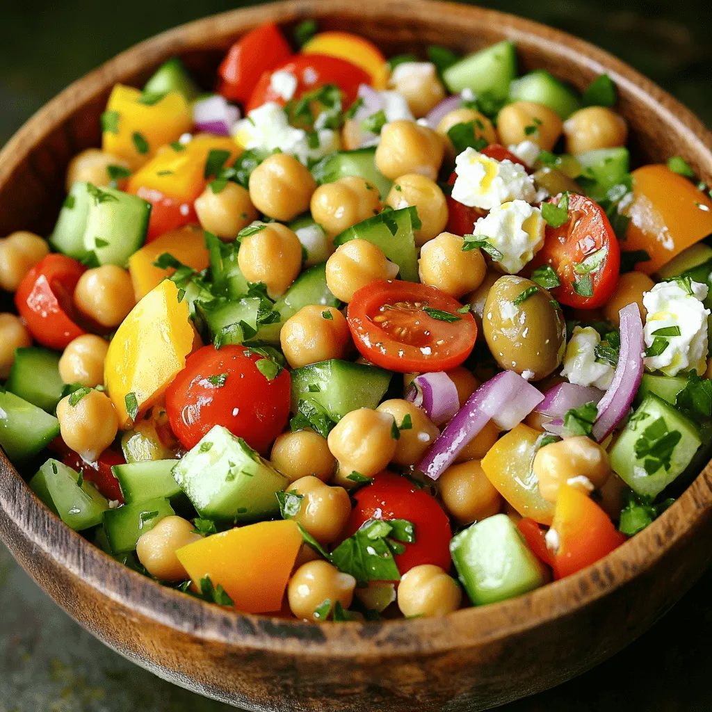 For the perfect Mediterranean Chickpea Salad, gather these ingredients: - 1 can (15 oz) chickpeas, drained and rinsed - 1 cup cherry tomatoes, halved - 1 cucumber, diced - 1/2 red onion, finely chopped - 1/2 bell pepper (any color), diced - 1/4 cup Kalamata olives, pitted and sliced - 1/4 cup feta cheese, crumbled - 2 tablespoons fresh parsley, chopped - 3 tablespoons olive oil - 2 tablespoons lemon juice - 1 teaspoon dried oregano - Salt and pepper to taste Using fresh ingredients can make your salad taste bright and vibrant. They add crunch and flavor. However, canned options save time. Canned chickpeas are quick and easy. Just rinse them under water to remove extra sodium. Fresh tomatoes and cucumbers will give more flavor and texture. Choose what fits your schedule and taste. Both fresh and canned options can make a great salad. You can easily swap ingredients based on your needs. If you're dairy-free, skip the feta or use a dairy-free cheese. For gluten-free diets, this salad is already safe! You can add cooked chicken or shrimp for more protein. If you don't like olives, try capers for a similar briny taste. Feel free to mix and match to fit your diet! To start, gather your ingredients. You will need: - 1 can (15 oz) chickpeas, drained and rinsed - 1 cup cherry tomatoes, halved - 1 cucumber, diced - 1/2 red onion, finely chopped - 1/2 bell pepper (any color), diced - 1/4 cup Kalamata olives, pitted and sliced - 1/4 cup feta cheese, crumbled - 2 tablespoons fresh parsley, chopped - 3 tablespoons olive oil - 2 tablespoons lemon juice - 1 teaspoon dried oregano - Salt and pepper to taste Next, rinse the chickpeas. This helps remove extra salt and makes them tastier. Chop the cherry tomatoes, cucumber, red onion, and bell pepper. Keep them bite-sized for easy eating. Slice the olives and crumble the feta cheese. Finally, chop the fresh parsley. This will add a touch of color and flavor. Grab a large mixing bowl. Put the chickpeas, tomatoes, cucumber, onion, and bell pepper into the bowl. Then, add the olives and feta cheese. It’s all about balance and texture. Each bite should be a mix of different flavors. Now, let’s make the dressing. In a small bowl, whisk together the olive oil, lemon juice, dried oregano, salt, and pepper. This dressing brings everything together. Pour the dressing over the salad mixture. Gently toss everything together. You want all the ingredients coated without smashing them. After mixing, add the fresh parsley. Toss it in for a final blend. Taste your salad. If you think it needs more salt, pepper, or lemon juice, add it now. This is your chance to make it perfect. Let the salad sit for at least 15 minutes before serving. This wait helps the flavors marry together. For a nice presentation, serve it in a large bowl or individual portions. Drizzle some extra olive oil on top and sprinkle more feta and parsley. You can even add a lemon wedge for that extra zing. Enjoy this fresh and flavorful dish from the Full Recipe! You can make this salad ahead of time. Prepare all the ingredients and mix them. Then, store it in the fridge. This will save you time on busy days. The flavors will blend nicely overnight, too. Just remember to add fresh parsley right before serving. To boost flavors, use fresh ingredients. Fresh herbs like parsley or basil make a big difference. Squeeze extra lemon juice for more brightness. A pinch of salt can also help bring out the taste. If you have time, let the salad sit for about 15 minutes before serving. This helps the ingredients marry well. This salad is perfect for sharing at gatherings. Serve it in a large bowl for a buffet style. You can also portion it into smaller bowls for each guest. Drizzle a little olive oil on top for an appealing look. Add extra feta and fresh herbs as a finishing touch. Consider serving with pita bread or grilled meats for a complete meal. For the complete recipe, check out the Full Recipe. {{image_2}} You can make your Mediterranean chickpea salad even heartier by adding proteins. For chicken, grill or roast it first. Dice it up and mix it in. Shrimp is also a great option. Sauté the shrimp in olive oil and garlic for a tasty twist. If you want a plant-based choice, use tofu. Press and cube the tofu, then sauté it until golden. Each protein adds its own flavor and texture. This salad is already vegetarian, but you can make it vegan easily. Simply leave out the feta cheese or swap it for vegan feta. You can also add more veggies or nuts for added crunch. Think about adding avocado for creaminess or sunflower seeds for a nice bite. These small changes can make a big difference while keeping it fresh and tasty. Feel free to switch up the ingredients based on what’s in season. In spring, add fresh peas or radishes for a crisp bite. In summer, juicy peaches or nectarines can bring a sweet flavor. Fall is perfect for roasted butternut squash or apples. Winter calls for hearty greens like kale or Brussels sprouts. Using seasonal ingredients keeps your salad exciting and full of flavor. Explore these variations to make your Mediterranean chickpea salad shine! Check out the Full Recipe for more ideas. To store leftover Mediterranean Chickpea Salad, place it in an airtight container. This helps keep the salad fresh and tasty. If you have extra dressing, store it separately. This way, the salad won’t become soggy. Use glass or BPA-free plastic containers for storage. Glass containers are great because they don’t hold odors. Choose containers with tight lids to keep air out. Smaller containers work well for meal prep or quick lunches. The salad is best within three days of making it. After that, the flavors may fade. If you store the salad with the dressing, try to eat it within two days for the best taste. Yes, you can make this salad in advance. It tastes even better after sitting. The flavors blend well, creating a delicious dish. I recommend making it a few hours ahead. Just store it in the fridge until you're ready to serve. Chickpeas are a great source of protein and fiber. They help keep you full longer. They also support heart health and stabilize blood sugar. Plus, they contain vitamins and minerals like iron and magnesium. Adding chickpeas to your diet can boost overall health. The salad stays fresh for about three days in the fridge. After that, the veggies may become soggy. Make sure to store it in an airtight container. This keeps it crisp and tasty for longer. - What can I serve with Mediterranean Chickpea Salad? You can serve this salad with many dishes. Try it with grilled chicken or fish for a complete meal. It pairs well with pita bread or hummus too. For a lighter option, serve it alongside a warm soup. The salad’s fresh flavors complement many foods. Enjoy! Mediterranean Chickpea Salad is easy to make and packed with flavor. We explored ingredients, preparation steps, and tips for serving. You learned how to enhance flavors and adapt the salad to your needs. This dish suits many diets and is great for meals or gatherings. Store leftovers well for future enjoyment. I hope you’re excited to try this healthy, delicious salad. Enjoy your cooking adventure!