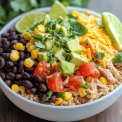 Chicken and Rice Components - 1 lb boneless, skinless chicken breasts - 1 tablespoon olive oil - 1 cup cooked brown rice For your burrito bowls, the chicken is key. Choose fresh chicken for the best taste. Cooked brown rice gives a nice base. It’s healthy and filling, perfect for this meal. Fresh Vegetables - 1 can black beans, rinsed and drained - 1 cup corn (fresh or frozen) - 1 cup diced tomatoes (fresh or canned) - 1 avocado, diced Fresh vegetables add color and crunch. Black beans pack protein. Corn adds sweetness, while tomatoes bring juicy flavor. Avocado gives a creamy touch, balancing the dish. Seasoning Essentials - 1 teaspoon chili powder - 1 teaspoon cumin - 1 teaspoon garlic powder - 1 teaspoon onion powder - Salt and pepper to taste Seasoning is vital. Chili powder adds warmth. Cumin gives that classic burrito flavor. Garlic and onion powder boost taste without overpowering. Use salt and pepper to enhance it all. Additional Proteins - Ground beef - Shredded pork - Tofu for a vegetarian option Mix it up! You can swap chicken for ground beef or shredded pork. If you prefer plants, tofu is a great choice. Each protein offers a unique flavor. Extra Toppings - Shredded cheddar cheese - Fresh cilantro, chopped - Lime wedges for serving Toppings make a meal fun. Cheddar cheese adds richness. Fresh cilantro brings brightness. Lime wedges add a zesty kick, perfect for squeezing over the bowl. Dietary Swaps - Use quinoa instead of brown rice for a gluten-free option. - Greek yogurt can replace sour cream for a healthier touch. For dietary needs, swap brown rice for quinoa. It’s gluten-free and full of protein. You can also use Greek yogurt instead of sour cream. It’s lower in fat and adds protein. For the full recipe, check out the detailed steps to create your Easy Chicken Burrito Bowls. Marinating Process First, I take my chicken breasts and place them in a medium bowl. I drizzle olive oil over them, about one tablespoon. Then, I add a teaspoon each of chili powder, cumin, garlic powder, onion powder, salt, and pepper. I toss everything together until the chicken is well-coated. This step is key for adding flavor. Tips for Even Cooking To ensure even cooking, I recommend letting the chicken sit for about 15 minutes after marinating. This allows the flavors to soak in. If you have more time, marinate it longer, even overnight. It makes a big difference in taste. Using a Skillet vs. Grill I often use a skillet because it’s quick and easy. I heat the skillet over medium heat. Once hot, I add the marinated chicken. If you prefer grilling, that’s great too! The grill gives a nice smoky flavor. Just make sure to cook it on medium heat. Shredding the Chicken Perfectly After cooking for about 6-8 minutes per side, I check the chicken. It should be cooked through, and the juices should run clear. I remove it from the skillet and let it rest for a few minutes. Then, I use two forks to shred the chicken. This method makes it tender and perfect for the bowls. Layering Techniques I start by adding a layer of cooked brown rice to the bottom of each bowl. This acts as the base. Next, I pile on the shredded chicken. Following that, I add black beans, corn, and diced tomatoes. I love how the colors mix! Presentation Tips To make the bowls pop, I top them with diced avocado and a sprinkle of shredded cheddar cheese. Fresh cilantro adds a lovely touch and brightens the dish. Just before serving, I squeeze fresh lime juice over everything. It gives a zesty kick that makes the bowl shine. If you want to check out the full recipe, look no further than the Flavorful Fiesta Chicken Burrito Bowls! Prepping Ingredients Ahead You can save time by prepping your ingredients in advance. Chop your vegetables the night before. Cook your brown rice ahead of time and store it in the fridge. If you have cooked chicken, shred it and keep it ready. This way, when dinner time comes, you can just assemble your bowls quickly. Shortcuts for Quick Cooking Use canned beans and frozen corn to speed up cooking. They are quick to rinse and add to your dish. You can also use a rotisserie chicken. Just shred it and mix it with your spices for extra flavor. These shortcuts make your meal fast and easy. Customizing the Spice Level Want more heat? Add some diced jalapeños to your bowl. You can also sprinkle in some cayenne pepper or hot sauce for a spicy kick. If you like it milder, just skip the spicy ingredients. Adjust the spice level to fit your taste. Suggestions for Fresh Herbs Fresh herbs can brighten the flavors in your bowl. Try adding cilantro, parsley, or green onions. Just chop them up and sprinkle them on top before serving. Fresh herbs add color and flavor, making your burrito bowls even tastier. For the full recipe, check the section above. {{image_2}} You can easily swap chicken for other proteins. Try using ground beef, turkey, or pork. They all work well in burrito bowls. If you like fish, use grilled shrimp or tilapia. They add a nice twist. For a quick option, use rotisserie chicken. It saves time and still tastes great. If you prefer a meatless meal, there are many great choices. Use lentils or chickpeas for protein. They are tasty and filling. You can also try tofu or tempeh for a fun texture. Both soak up flavors well. For a hearty mix, add sautéed mushrooms or cauliflower. They make a great base for your bowl. Adding sauces can change the whole dish. Try a spicy salsa or creamy ranch. A drizzle of chipotle sauce brings a smoky flavor. For a fresh note, use a cilantro lime dressing. It brightens up the whole bowl. You can also try hot sauce for some kick! Burrito bowls can reflect different cuisines too. Think about adding ingredients from various cultures. Use curry spices for an Indian twist. Add kimchi for a Korean flavor. You can also mix in Mediterranean elements, like olives and feta. This keeps your meals exciting and new. For a full recipe, check out the [Full Recipe] for Flavorful Fiesta Chicken Burrito Bowls. To keep your chicken burrito bowls fresh, choose the right containers. Use airtight glass or plastic containers. They help prevent moisture and air from spoiling your food. Always let the food cool before sealing it in. This keeps the texture nice and fresh. Here are some tips for maintaining freshness: - Separate Ingredients: Store chicken, rice, and veggies in different containers. This keeps flavors from mixing. - Use Within Four Days: Try to eat leftovers within four days for the best taste. - Label and Date: Write the date on the container. This helps you track how long it has been stored. To reheat your chicken burrito bowls, use these best methods: - Microwave: Place your bowl in the microwave. Heat in short bursts, stirring in between. This warms evenly and prevents drying. - Stovetop: Heat a skillet over medium heat. Add a splash of water and cover the skillet. This keeps moisture in while reheating. To ensure the quality of ingredients: - Check Temperature: Make sure everything is heated to 165°F. This ensures safety and flavor. - Avoid Overheating: Heat just until warm. Overheating can make chicken tough and dry. For the full recipe, check out the detailed cooking guide! You can use many options instead of chicken. Grilled steak, shrimp, or tofu are great choices. Beans make a good meatless option and add protein. For a twist, try using pulled pork or ground turkey. All these choices taste great with the other ingredients. Yes, you can make burrito bowls in advance. Cook the chicken and prepare the rice ahead of time. Store them in separate containers in the fridge. You can also chop your veggies and keep them fresh. Just assemble everything when you're ready to eat. This makes meal prep easy and quick. To make burrito bowls healthier, start with brown rice instead of white rice. Add more veggies like bell peppers or spinach for extra nutrients. You can also use less cheese or swap it for a lighter option. Opt for low-sodium beans to reduce salt intake. These changes keep flavors while making your meal better for you. Yes, you can freeze burrito bowls. Prepare your ingredients and assemble the bowls. Freeze them in airtight containers or freezer bags. When you're ready to eat, let them thaw overnight in the fridge. Heat them up in the microwave or on the stove. This way, you have a tasty meal ready whenever you need it. For the full recipe, check out the detailed instructions above. You now have all the details to create delicious chicken and rice burrito bowls. We covered main ingredients, step-by-step cooking, and cool tips to save time. You can customize flavors and swap proteins to fit your taste and diet. Plus, remember to store leftovers right to keep them fresh. Enjoy your cooking journey and make some tasty meals!
