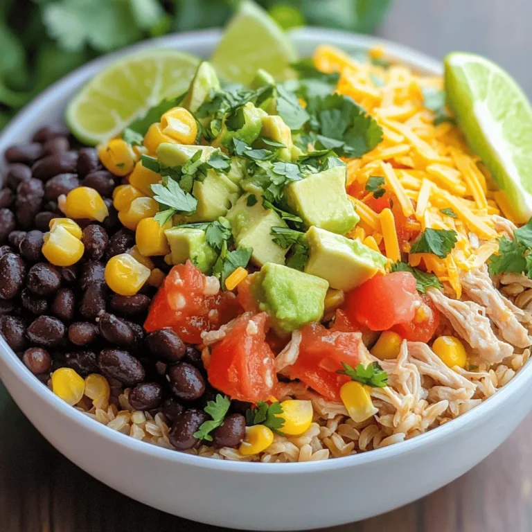 Chicken and Rice Components - 1 lb boneless, skinless chicken breasts - 1 tablespoon olive oil - 1 cup cooked brown rice For your burrito bowls, the chicken is key. Choose fresh chicken for the best taste. Cooked brown rice gives a nice base. It’s healthy and filling, perfect for this meal. Fresh Vegetables - 1 can black beans, rinsed and drained - 1 cup corn (fresh or frozen) - 1 cup diced tomatoes (fresh or canned) - 1 avocado, diced Fresh vegetables add color and crunch. Black beans pack protein. Corn adds sweetness, while tomatoes bring juicy flavor. Avocado gives a creamy touch, balancing the dish. Seasoning Essentials - 1 teaspoon chili powder - 1 teaspoon cumin - 1 teaspoon garlic powder - 1 teaspoon onion powder - Salt and pepper to taste Seasoning is vital. Chili powder adds warmth. Cumin gives that classic burrito flavor. Garlic and onion powder boost taste without overpowering. Use salt and pepper to enhance it all. Additional Proteins - Ground beef - Shredded pork - Tofu for a vegetarian option Mix it up! You can swap chicken for ground beef or shredded pork. If you prefer plants, tofu is a great choice. Each protein offers a unique flavor. Extra Toppings - Shredded cheddar cheese - Fresh cilantro, chopped - Lime wedges for serving Toppings make a meal fun. Cheddar cheese adds richness. Fresh cilantro brings brightness. Lime wedges add a zesty kick, perfect for squeezing over the bowl. Dietary Swaps - Use quinoa instead of brown rice for a gluten-free option. - Greek yogurt can replace sour cream for a healthier touch. For dietary needs, swap brown rice for quinoa. It’s gluten-free and full of protein. You can also use Greek yogurt instead of sour cream. It’s lower in fat and adds protein. For the full recipe, check out the detailed steps to create your Easy Chicken Burrito Bowls. Marinating Process First, I take my chicken breasts and place them in a medium bowl. I drizzle olive oil over them, about one tablespoon. Then, I add a teaspoon each of chili powder, cumin, garlic powder, onion powder, salt, and pepper. I toss everything together until the chicken is well-coated. This step is key for adding flavor. Tips for Even Cooking To ensure even cooking, I recommend letting the chicken sit for about 15 minutes after marinating. This allows the flavors to soak in. If you have more time, marinate it longer, even overnight. It makes a big difference in taste. Using a Skillet vs. Grill I often use a skillet because it’s quick and easy. I heat the skillet over medium heat. Once hot, I add the marinated chicken. If you prefer grilling, that’s great too! The grill gives a nice smoky flavor. Just make sure to cook it on medium heat. Shredding the Chicken Perfectly After cooking for about 6-8 minutes per side, I check the chicken. It should be cooked through, and the juices should run clear. I remove it from the skillet and let it rest for a few minutes. Then, I use two forks to shred the chicken. This method makes it tender and perfect for the bowls. Layering Techniques I start by adding a layer of cooked brown rice to the bottom of each bowl. This acts as the base. Next, I pile on the shredded chicken. Following that, I add black beans, corn, and diced tomatoes. I love how the colors mix! Presentation Tips To make the bowls pop, I top them with diced avocado and a sprinkle of shredded cheddar cheese. Fresh cilantro adds a lovely touch and brightens the dish. Just before serving, I squeeze fresh lime juice over everything. It gives a zesty kick that makes the bowl shine. If you want to check out the full recipe, look no further than the Flavorful Fiesta Chicken Burrito Bowls! Prepping Ingredients Ahead You can save time by prepping your ingredients in advance. Chop your vegetables the night before. Cook your brown rice ahead of time and store it in the fridge. If you have cooked chicken, shred it and keep it ready. This way, when dinner time comes, you can just assemble your bowls quickly. Shortcuts for Quick Cooking Use canned beans and frozen corn to speed up cooking. They are quick to rinse and add to your dish. You can also use a rotisserie chicken. Just shred it and mix it with your spices for extra flavor. These shortcuts make your meal fast and easy. Customizing the Spice Level Want more heat? Add some diced jalapeños to your bowl. You can also sprinkle in some cayenne pepper or hot sauce for a spicy kick. If you like it milder, just skip the spicy ingredients. Adjust the spice level to fit your taste. Suggestions for Fresh Herbs Fresh herbs can brighten the flavors in your bowl. Try adding cilantro, parsley, or green onions. Just chop them up and sprinkle them on top before serving. Fresh herbs add color and flavor, making your burrito bowls even tastier. For the full recipe, check the section above. {{image_2}} You can easily swap chicken for other proteins. Try using ground beef, turkey, or pork. They all work well in burrito bowls. If you like fish, use grilled shrimp or tilapia. They add a nice twist. For a quick option, use rotisserie chicken. It saves time and still tastes great. If you prefer a meatless meal, there are many great choices. Use lentils or chickpeas for protein. They are tasty and filling. You can also try tofu or tempeh for a fun texture. Both soak up flavors well. For a hearty mix, add sautéed mushrooms or cauliflower. They make a great base for your bowl. Adding sauces can change the whole dish. Try a spicy salsa or creamy ranch. A drizzle of chipotle sauce brings a smoky flavor. For a fresh note, use a cilantro lime dressing. It brightens up the whole bowl. You can also try hot sauce for some kick! Burrito bowls can reflect different cuisines too. Think about adding ingredients from various cultures. Use curry spices for an Indian twist. Add kimchi for a Korean flavor. You can also mix in Mediterranean elements, like olives and feta. This keeps your meals exciting and new. For a full recipe, check out the [Full Recipe] for Flavorful Fiesta Chicken Burrito Bowls. To keep your chicken burrito bowls fresh, choose the right containers. Use airtight glass or plastic containers. They help prevent moisture and air from spoiling your food. Always let the food cool before sealing it in. This keeps the texture nice and fresh. Here are some tips for maintaining freshness: - Separate Ingredients: Store chicken, rice, and veggies in different containers. This keeps flavors from mixing. - Use Within Four Days: Try to eat leftovers within four days for the best taste. - Label and Date: Write the date on the container. This helps you track how long it has been stored. To reheat your chicken burrito bowls, use these best methods: - Microwave: Place your bowl in the microwave. Heat in short bursts, stirring in between. This warms evenly and prevents drying. - Stovetop: Heat a skillet over medium heat. Add a splash of water and cover the skillet. This keeps moisture in while reheating. To ensure the quality of ingredients: - Check Temperature: Make sure everything is heated to 165°F. This ensures safety and flavor. - Avoid Overheating: Heat just until warm. Overheating can make chicken tough and dry. For the full recipe, check out the detailed cooking guide! You can use many options instead of chicken. Grilled steak, shrimp, or tofu are great choices. Beans make a good meatless option and add protein. For a twist, try using pulled pork or ground turkey. All these choices taste great with the other ingredients. Yes, you can make burrito bowls in advance. Cook the chicken and prepare the rice ahead of time. Store them in separate containers in the fridge. You can also chop your veggies and keep them fresh. Just assemble everything when you're ready to eat. This makes meal prep easy and quick. To make burrito bowls healthier, start with brown rice instead of white rice. Add more veggies like bell peppers or spinach for extra nutrients. You can also use less cheese or swap it for a lighter option. Opt for low-sodium beans to reduce salt intake. These changes keep flavors while making your meal better for you. Yes, you can freeze burrito bowls. Prepare your ingredients and assemble the bowls. Freeze them in airtight containers or freezer bags. When you're ready to eat, let them thaw overnight in the fridge. Heat them up in the microwave or on the stove. This way, you have a tasty meal ready whenever you need it. For the full recipe, check out the detailed instructions above. You now have all the details to create delicious chicken and rice burrito bowls. We covered main ingredients, step-by-step cooking, and cool tips to save time. You can customize flavors and swap proteins to fit your taste and diet. Plus, remember to store leftovers right to keep them fresh. Enjoy your cooking journey and make some tasty meals!