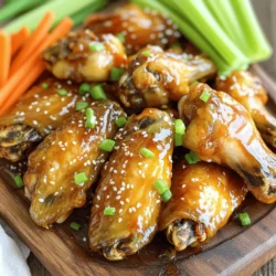 To make the best Honey Sriracha Chicken Wings, you need to gather the right ingredients. Here’s what you’ll need: - 2 lbs chicken wings - 1/3 cup honey - 1/4 cup Sriracha sauce - 2 tablespoons soy sauce - 1 tablespoon rice vinegar - 1 teaspoon garlic powder - 1 teaspoon onion powder - 1/2 teaspoon black pepper - 1 tablespoon sesame seeds (for garnish) - Chopped green onions (for garnish) Sometimes, you may not have all the ingredients. Here are some easy swaps you can make: - Use maple syrup instead of honey for a different sweetness. - If you don’t have Sriracha, try another hot sauce like chili garlic sauce. - You can replace soy sauce with tamari for a gluten-free option. - Rice vinegar can be swapped with apple cider vinegar in a pinch. - If you don’t have garlic powder, fresh minced garlic works well. Just use a little more. Selecting fresh chicken wings is key for great flavor. Here’s how to choose the best ones: - Look for wings that are pink and plump. Avoid any that look gray or dried out. - Check for a clean smell. Fresh chicken should not have a strong odor. - If possible, buy wings from a trusted butcher or market. They often have better quality. - Choose wings with minimal frost if buying frozen. This ensures they have not been thawed and refrozen. Now that you have your ingredients sorted, you’re on your way to making delicious Honey Sriracha Chicken Wings. For the full recipe, check the earlier section! Start by preheating your oven to 400°F (200°C). This ensures the wings cook well. Prepare your baking sheet by lining it with aluminum foil. Place a wire rack on top. This setup helps the wings become crispy. Next, gather your chicken wings. You will need 2 pounds of fresh wings. Place them in a large bowl. Now, let’s make the marinade. In a separate bowl, mix these ingredients: - 1/3 cup honey - 1/4 cup Sriracha sauce - 2 tablespoons soy sauce - 1 tablespoon rice vinegar - 1 teaspoon garlic powder - 1 teaspoon onion powder - 1/2 teaspoon black pepper Stir these well to combine. The mix will be sweet and spicy. Pour this sauce over the wings. Toss the wings until they are fully coated. For the best flavor, let them marinate for at least 30 minutes. If you are short on time, you can skip this step, but marinating adds depth. Place the marinated wings on the wire rack in a single layer. Make sure they do not touch. This allows them to cook evenly. Bake the wings for 40-45 minutes. Flip them halfway through for even crispiness. When they turn golden brown, they are ready. While your wings bake, take some of the leftover marinade. Reserve about a quarter of it. Pour this into a small saucepan and bring it to a boil. Then, lower the heat and simmer for a few minutes. This will thicken the sauce into a glaze. Once the wings are done baking, take them out of the oven. Toss them in the thickened glaze. This adds even more flavor. Place the wings on a serving platter. For a nice touch, garnish with sesame seeds and chopped green onions. Enjoy this easy and flavorful dish! To get extra crispy chicken wings, start with dry wings. Pat them with paper towels. This step removes moisture. Moisture leads to soggy wings. An oven rack helps airflow, making them crispier. Bake them in a single layer. Flip them halfway through cooking for even crispness. Marinating is key to flavor. I suggest at least 30 minutes. If you have more time, go for 2 hours. Letting them marinate longer allows the sauce to soak in. This makes your wings more flavorful. Serve your honey Sriracha chicken wings hot. Garnish with sesame seeds and green onions. These add a nice touch. Pair them with fresh veggies like carrots and celery. A dipping sauce like ranch or blue cheese works well. It balances the heat from the Sriracha. For the full recipe, check out the complete instructions above. {{image_2}} If you want a plant-based twist, try honey Sriracha cauliflower wings. The flavor is just as bold. Simply replace chicken wings with cauliflower florets. Coat them in the same honey Sriracha marinade. Bake them in the oven until crispy, about 30 minutes. The result is a delicious and healthier option that everyone can enjoy. Want more heat? You can add fresh chili peppers or chili paste. These ingredients boost the spice level. You can also use a different hot sauce. Try using ghost pepper sauce for a fiery kick. Adjust the amount to match your taste. Play around with these options to find your favorite heat level. Cooking wings in the oven is classic, but an air fryer works great too. The air fryer gives wings an extra crunch. If you use an air fryer, set it to 375°F (190°C). Cook for about 25 minutes, shaking the basket halfway through. Both methods yield tasty wings, so choose your favorite! For more details, check the full recipe. After you enjoy your honey sriracha chicken wings, let them cool. Place them in an airtight container. You can store them in the fridge for up to three days. Just remember to keep them covered to maintain their flavor. To reheat wings, use an oven for the best taste. Preheat it to 350°F (175°C). Place the wings on a baking sheet. Heat them for about 10-15 minutes. This keeps them crispy. You can also use a microwave, but they may turn soggy. You can freeze your honey sriracha chicken wings too. Wrap them tightly in plastic wrap and aluminum foil. Label and date the package. They can last up to three months in the freezer. When ready to eat, thaw them in the fridge overnight before reheating. This keeps them tasty and safe. You should bake honey sriracha chicken wings for about 40-45 minutes. This time helps the wings get crispy and golden brown. Flipping them halfway through is key for even cooking. Keep an eye on them to ensure they don't burn. The wings are done when they have a nice glaze and a hint of caramelization. Yes, you can use frozen chicken wings. Just remember to thaw them first for best results. You can do this by leaving them in the fridge overnight or using the microwave. If you're in a hurry, you can cook them from frozen, but you will need to add extra cooking time. This ensures they cook through and become crispy. Honey sriracha chicken wings pair well with many sides. Here are some tasty options: - Fresh carrot sticks - Celery sticks - Ranch or blue cheese dressing - A light salad for balance - Sticky rice for a filling meal These sides enhance the flavor and add a nice crunch. You can also serve them on game day or at a party for a fun treat. For the full recipe, check the section above. This blog post covered everything you need for honey sriracha wings. We explored the best ingredients, cooking steps, and tips for crispy skin. I shared helpful substitutes and fresh wing selection advice. We also looked at tasty variations, like vegetarian options, and how to store leftovers. In summary, you can make great wings at home. Follow these steps to impress friends or family. Enjoy the process and the delicious result!