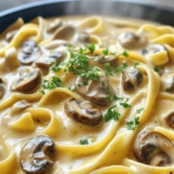 To make One-Pot Creamy Mushroom Pasta, gather these simple ingredients: - 300g pasta (fettuccine or tagliatelle) - 250g mushrooms (cremini or button), sliced - 1 tablespoon olive oil - 2 cloves garlic, minced - 1 onion, finely chopped - 1 teaspoon dried thyme - 1/2 teaspoon black pepper - 4 cups vegetable broth - 1 cup heavy cream (or coconut cream for a lighter version) - 1/2 cup grated Parmesan cheese (optional) - Fresh parsley, chopped (for garnish) - Salt to taste When picking ingredients, freshness matters. Here are my tips: - Mushrooms: Look for firm, smooth ones. Avoid any that are slimy or dark. - Pasta: Choose high-quality brands. Whole grain or gluten-free options are great too. - Garlic and Onion: Pick bulbs that feel heavy and solid. They should not sprout. - Herbs: Fresh herbs add much flavor. If using dried, check the expiration date. If you need alternatives, consider these swaps: - Pasta: Use any short pasta, like penne or fusilli. - Mushrooms: Try other types like shiitake or portobello for unique flavors. - Cream: For a dairy-free option, use cashew cream or silken tofu blended. - Parmesan: Nutritional yeast gives a cheesy taste without dairy. This detailed look at ingredients helps you create a flavorful dish. For the full recipe, check out the complete guide. Before you cook, gather all your ingredients. This makes cooking easier and faster. You will need: - 300g pasta (fettuccine or tagliatelle) - 250g mushrooms (cremini or button), sliced - 1 tablespoon olive oil - 2 cloves garlic, minced - 1 onion, finely chopped - 1 teaspoon dried thyme - 1/2 teaspoon black pepper - 4 cups vegetable broth - 1 cup heavy cream or coconut cream - 1/2 cup grated Parmesan cheese (optional) - Fresh parsley, chopped - Salt to taste Having everything ready helps you focus on cooking. Start by heating the olive oil in a large pot over medium heat. Once hot, add the chopped onion. Sauté for about 3-4 minutes until it becomes translucent. Next, add the minced garlic and sliced mushrooms. Cook for another 5-7 minutes until the mushrooms get brown and tender. Now stir in the dried thyme and black pepper. Pour in the vegetable broth and bring it to a boil. When it starts to boil, add the pasta. Stir well to combine everything. Lower the heat to a simmer. Cover the pot and follow the pasta package instructions, usually around 10-12 minutes. Stir occasionally to keep it from sticking. When the pasta is al dente, lower the heat again and stir in the heavy cream. If you want a richer taste, add the grated Parmesan cheese. Stir until the mixture becomes creamy. Taste it and add salt if needed. Remove the pot from the heat and let it sit for a minute to thicken slightly. Serve the pasta in bowls and sprinkle fresh parsley on top for a nice touch. To cook pasta without sticking, use a large pot with plenty of water. Salt the water well before adding the pasta. This helps flavor the pasta as it cooks. Stir the pasta during cooking to prevent clumping. Always check the pasta a minute before the time on the package. This helps you find that perfect al dente texture. For this dish, use a high-quality pasta for the best result. Fresh pasta cooks faster than dried pasta, so adjust your time accordingly. Remember, practice makes perfect! Each time you cook, you will improve. To boost the flavor of your One-Pot Creamy Mushroom Pasta, use fresh herbs. Fresh thyme or basil adds a burst of taste. You can also try adding a splash of white wine while cooking the mushrooms. This gives the dish a deep, rich flavor. For a twist, consider adding a bit of lemon zest. It brightens the creamy sauce. Don’t forget to taste as you cook. Adjust the salt and pepper to your liking. One common mistake is overcooking the pasta. Make sure it stays al dente for the best texture. Another mistake is not stirring enough while cooking. Stirring helps prevent the pasta from sticking together. Using too much cream can make the dish heavy. Start with one cup, then add more if needed. Lastly, don’t skip the garnish! Fresh parsley adds color and freshness to your dish. Serve your creamy pasta in deep bowls for a nice look. Pair it with a crisp green salad for balance. A simple side of garlic bread can also complement the meal. For a special touch, sprinkle extra Parmesan cheese on top. You can also add grilled chicken or shrimp for protein. This makes the dish even heartier. Enjoy your meal with friends or family for a cozy night in. For the complete recipe, check the [Full Recipe]. {{image_2}} You can easily add protein to this creamy pasta. Chicken, shrimp, or even tofu works well. Cook your choice of protein first, then add it in while mixing the pasta. For chicken, thinly slice and cook until golden. For shrimp, sauté until pink and tender. If using tofu, cube and fry until crispy. This boosts flavor and makes the meal more filling. If you want a vegetarian or vegan dish, swap out key ingredients. Use coconut cream instead of heavy cream. This gives a rich, creamy texture without dairy. For a cheesy taste, try nutritional yeast instead of Parmesan. This adds a nutty flavor that rounds out the dish perfectly. You can also use vegetable broth for a hearty base. Get creative with add-ins to make this dish your own! Add spinach for color and nutrients. You can toss in sun-dried tomatoes for a sweet burst. For a spicy kick, sprinkle in red pepper flakes. Fresh herbs, like basil or thyme, can elevate the taste. These simple tweaks can change the dish from good to great. Check out the Full Recipe for more ideas! To store your One-Pot Creamy Mushroom Pasta, first let it cool down. Then, place it in an airtight container. Be sure to cover it tightly. This helps keep the pasta fresh. You can store it in the fridge for up to three days. If you want to keep it longer, consider freezing it. When you’re ready to enjoy your leftovers, reheating is easy. Place the pasta in a pot over low heat. Add a splash of water or broth to help it steam. Stir gently until it's heated through. You can also use the microwave. Just cover it with a lid or a damp paper towel. Heat in short bursts, stirring in between to avoid hot spots. If you plan ahead, freezing this dish works great. After it cools, portion the pasta into freezer-safe bags. Squeeze out as much air as possible before sealing. Label the bags with the date. You can freeze it for up to three months. When you’re ready to eat it, defrost in the fridge overnight. Reheat as mentioned above for a quick meal. It takes about 25 minutes to make this dish. You’ll spend 10 minutes prepping ingredients and 15 minutes cooking. This quick time makes it great for busy weeknights. Yes, you can use any pasta you like. Fettuccine and tagliatelle work well, but penne or rotini are good too. Just adjust the cooking time based on your pasta choice. To reheat, place the pasta in a pot over low heat. Stir in a splash of broth or cream to help it stay creamy. Heat slowly to avoid burning. Absolutely! You can replace heavy cream with coconut cream. This keeps the dish creamy and adds a nice flavor. Use nutritional yeast instead of cheese for a cheesy taste. To lower calories, use whole wheat pasta and reduce the cream amount. You can also skip the cheese or use a lighter version. Adding more veggies can increase volume without adding too many calories. For a full recipe, check out the One-Pot Creamy Mushroom Pasta. This blog post covered everything you need for One-Pot Creamy Mushroom Pasta. We explored the essential ingredients and their best substitutes. I shared easy, step-by-step cooking instructions and key tips for perfect pasta. Additionally, we discussed common mistakes and suggested tasty variations. Finally, I provided storage tips to keep your dish fresh and safe. Enjoy making this recipe. Experiment with flavors and get creative! Your pasta will impress everyone.