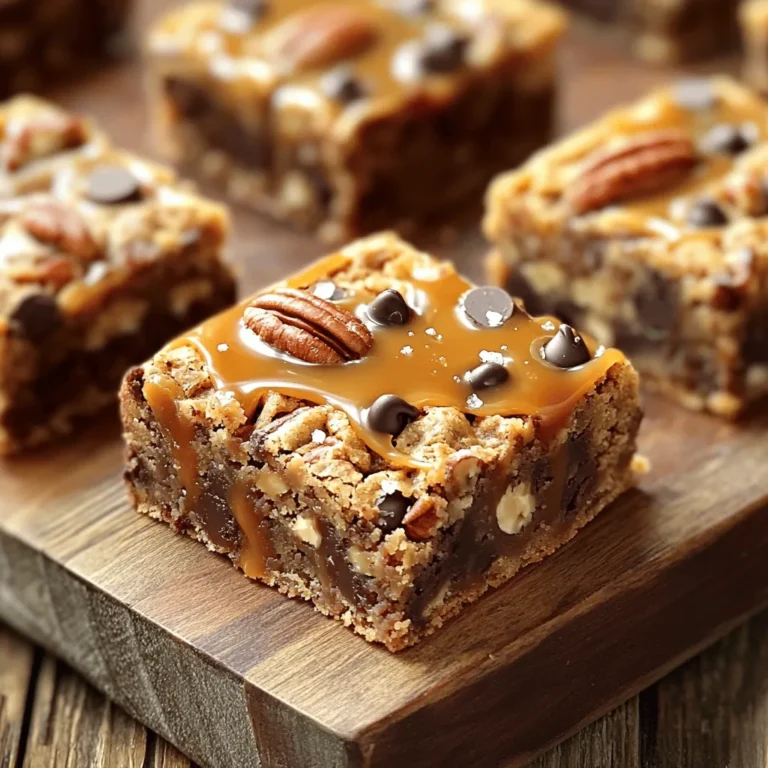 - 1 ½ cups all-purpose flour - ½ teaspoon baking powder - ½ teaspoon baking soda - ½ teaspoon salt - ½ cup unsalted butter, melted - 1 cup brown sugar, packed - ½ cup granulated sugar - 2 large eggs - 2 teaspoons vanilla extract - 1 cup chocolate chips - 1 cup pecans, chopped - ½ cup caramel sauce (store-bought or homemade) If you want to skip nuts, try using sunflower seeds or pumpkin seeds. For a dairy-free version, you can use coconut oil in place of butter. If you're looking for sugar substitutes, consider using coconut sugar or a sugar alternative like erythritol. - Preheat your oven to 350°F (175°C). - Grease and line an 8x8 inch baking dish with parchment paper. This helps with easy removal later. - In a medium bowl, whisk together 1 ½ cups of flour, ½ teaspoon baking powder, ½ teaspoon baking soda, and ½ teaspoon salt. Set this aside for later. - In a large bowl, combine ½ cup melted unsalted butter, 1 cup packed brown sugar, and ½ cup granulated sugar. Mix until it is smooth. - Add in 2 large eggs, one at a time. Mix well after each egg. Then, stir in 2 teaspoons of vanilla extract until it is fully mixed. - Gradually add the dry mixture to the wet mixture. Mix until just combined. Be careful not to overmix. - Fold in 1 cup of chocolate chips and 1 cup of chopped pecans until they are evenly spread throughout the batter. - Pour half of your batter into the prepared baking dish. Spread it evenly. - Drizzle half of the ½ cup caramel sauce over this layer. - Spoon the remaining batter over the caramel and gently spread it out to cover. - Drizzle the rest of the caramel sauce on top. Use a knife to swirl it slightly into the batter. This adds a nice marbled look. - Bake for 25-30 minutes. Check with a toothpick. It should come out clean or with a few moist crumbs. - Let the blondies cool in the pan for about 15 minutes. Then, lift them out using the parchment paper. Let them cool completely on a wire rack before cutting into squares. How can you tell if blondies are done baking? Look for a golden top. Insert a toothpick in the center. If it comes out clean or with a few moist crumbs, your blondies are ready. Overbaking can make them dry, so keep an eye on them. How can you avoid overmixing? Mix the dry and wet ingredients just until combined. If you see dry flour spots, that's okay. Overmixing can lead to tough blondies. Gentle folding helps keep them soft and chewy. How should you present the blondies? Serve them on a wooden board. Drizzle extra caramel sauce over the top. A sprinkle of sea salt adds a nice touch. This makes your dessert look fancy and inviting. What drinks pair well with blondies? Pair them with vanilla ice cream for a classic treat. A glass of cold milk or coffee also works well. These drinks balance the sweetness and add to the enjoyment. What toppings can enhance the flavor? Try adding a sprinkle of chopped nuts on top. You can also use mini chocolate chips or sea salt. These toppings add texture and a burst of flavor. How do you use fresh ingredients for garnish? Use fresh berries or mint leaves. They add color and a fresh taste. Just a few pieces on the plate can make a big difference in presentation. {{image_2}} You can make these blondies even more fun! Try adding different nuts or types of chocolate. Swap pecans for walnuts or almonds for a new taste. You can also use dark chocolate chips or white chocolate for a twist. Add spices too! A sprinkle of cinnamon gives warmth. Sea salt on top adds a nice contrast to the sweetness. It makes each bite even better. Want to make these blondies gluten-free? Use a 1:1 gluten-free flour blend instead of all-purpose flour. This keeps the texture just right. If you need a vegan option, replace eggs with flax eggs. Mix one tablespoon of flaxseed meal with three tablespoons of water for each egg. Use coconut oil in place of butter. These swaps keep the blondies moist and tasty. To keep your caramel pecan chocolate chip blondies fresh, store them in an airtight container. Place a piece of parchment paper between layers to prevent sticking. Blondies stay fresh at room temperature for up to four days. If your kitchen is warm, use the fridge for better preservation. Just note that cold blondies may lose some of their softness. You can freeze blondies for later enjoyment. First, let them cool completely. Then, cut them into squares. Wrap each square in plastic wrap and place them in a freezer-safe bag. They can last in the freezer for up to three months. When you want to enjoy them, take out the desired amount. Thaw at room temperature for about an hour. For a warm treat, pop them in the oven at 350°F for about 10 minutes. This will bring back their gooey goodness! How do I make homemade caramel sauce? To make homemade caramel sauce, you need sugar, butter, and cream. Start by heating 1 cup of sugar in a pan over medium heat. Stir it until it melts and turns golden brown. Then, mix in 6 tablespoons of butter until melted. Finally, slowly add ½ cup of heavy cream while stirring. Let it cool before using. Can I use a different pan size? Yes, you can use a different pan size for your blondies. If you use a larger pan, the blondies will bake faster. If you use a smaller pan, they will be thicker and take longer to bake. Just keep an eye on them while baking. What’s the difference between blondies and brownies? Blondies and brownies both have a rich, sweet flavor. However, blondies use brown sugar and no cocoa powder, giving them a butterscotch taste. Brownies have chocolate, making them more chocolatey and fudgy. What should I do if my blondies are too dry? If your blondies turn out too dry, try adding more fat. You can melt a bit more butter and mix it in. Also, avoid overbaking. Check them a couple of minutes earlier than the recipe states. How can I make my blondies chewier? To make your blondies chewier, use more brown sugar and less granulated sugar. Brown sugar has more moisture, which helps create that chewy texture. You can also slightly underbake them for a softer center. In this blog post, we covered how to create delicious blondies from scratch. You learned the key ingredients and how to make them shine. Remember to consider ingredient swaps for your needs and explore variations for fun flavors. Proper storage and freezing tips will keep your treats fresh. Whether you enjoy them plain or dressed up, blondies are versatile and easy to make. With these tips, you can bake with confidence every time. Enjoy creating your perfect batch!