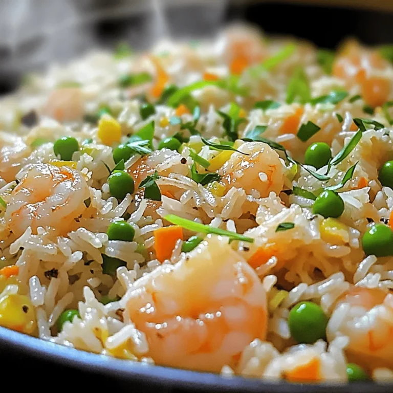 - 2 cups cooked jasmine rice - 8 oz shrimp, peeled and deveined - 4 cloves garlic, minced - 1/2 cup green peas (fresh or frozen) - 1/2 cup carrots, finely diced - 2 eggs, lightly beaten - 3 tablespoons soy sauce - 1 tablespoon sesame oil - 2 tablespoons vegetable oil - 3 green onions, chopped - Salt and pepper to taste For this Minute Garlic Shrimp Fried Rice, I love using jasmine rice. It adds a nice smell and texture. Day-old rice works best. It’s less sticky and makes the dish fluffier. You’ll want to use fresh shrimp for the best taste. Make sure they are peeled and deveined. The garlic adds a strong flavor that makes this dish shine. I always use four cloves, but you can adjust it to your taste. Green peas and carrots give great color and crunch. They are easy to find, fresh or frozen. The eggs add creaminess and protein. Soy sauce and sesame oil bring all the flavors together. Don't skip these! They make the rice savory and rich. Finally, green onions add a fresh touch. They give a nice pop of color too. Gather these ingredients, and you’ll be ready to create a tasty meal! - Prep the cooked rice for fluffiness: Start with day-old jasmine rice for the best texture. Break up any clumps with your hands or a fork. This ensures the rice stays fluffy when you cook it. - Heat oil and cook shrimp: In a large skillet or wok, heat 1 tablespoon of vegetable oil over medium-high heat. Add the shrimp, making sure they’re well-spaced. Season them with a pinch of salt and pepper. Sauté for about 2-3 minutes until the shrimp turn pink and opaque. Once done, remove the shrimp and set them aside. - Scramble the eggs: In the same skillet, add a bit more oil if needed. Pour in the beaten eggs. Scramble them quickly until they just set. When done, set the eggs aside with the shrimp. - Sauté garlic and vegetables: Add another tablespoon of vegetable oil to the skillet. Toss in the minced garlic, diced carrots, and green peas. Stir-fry for about 2-3 minutes. You want the vegetables to be tender but still crisp. - Combine rice, sauces, shrimp, and eggs: Add the cooked rice to the skillet with the sautéed veggies. Stir to mix everything evenly. Pour in the soy sauce and sesame oil, blending them well. Then, add back the cooked shrimp and scrambled eggs. Stir everything together for another 2-3 minutes until heated through. - Add green onions and season to taste: Once everything is hot, stir in the chopped green onions. Taste your fried rice and adjust the seasoning with salt and pepper as needed. Using day-old rice is key for great fried rice. Fresh rice can be too sticky. Day-old rice has dried out a bit, giving it a better texture. When you use it, break up any clumps to help it mix well. For the shrimp, heat your oil well before adding them. This ensures they cook fast and stay juicy. Sauté them for just 2-3 minutes. Watch closely! They should turn pink and opaque. Overcooking shrimp makes them rubbery, so remove them from the pan as soon as they are done. Serve your garlic shrimp fried rice with a side of steamed vegetables. Broccoli or bok choy pairs well. You can also add a simple salad for some crunch. For garnishes, sprinkle extra chopped green onions on top. A squeeze of lime adds a nice zing too. If you want, drizzle some sesame oil for added flavor. Watch out for overcooking shrimp. They should be tender and juicy, not tough. If you cook them too long, you lose that nice texture. Be careful with soy sauce. Too much can make the dish salty. Start with a little, and add more if needed. Taste as you go to find the right balance. {{image_2}} You can easily switch up the proteins in this dish. If you want a change from shrimp, chicken or tofu works well. Both options add different flavors and textures. For the add-ins, consider bell peppers or mushrooms. They add color and a nice crunch. Just chop them up and toss them in with the other veggies. If you need a gluten-free option, use tamari instead of soy sauce. It gives a similar taste without the gluten. For a vegetarian version, skip the shrimp and eggs. Replace them with more veggies like zucchini or broccoli. You still get a tasty and filling dish. Want to add some heat? Toss in chili flakes or a bit of sriracha. Both options bring a spicy kick. You can also try different oils. Using peanut oil or coconut oil gives unique flavors to your fried rice. Each oil adds a special touch that can change the whole dish. To store leftovers of Minute Garlic Shrimp Fried Rice, let it cool first. Place it in an airtight container. This keeps it fresh for up to four days. I recommend using glass or BPA-free plastic containers. They seal well and help prevent food odors. If you want to freeze your fried rice, follow these steps. First, let it cool completely. Then, place it in a freezer-safe bag or container. Remove as much air as possible to avoid freezer burn. You can keep it frozen for up to three months. When you're ready to eat, thaw it in the fridge overnight. To reheat your fried rice, the best method is using a skillet. Heat a little oil over medium heat. Add the rice and stir until it’s hot. This helps keep the rice from getting soggy. You can also use the microwave, but add a splash of water. Cover it to keep moisture in. Heat in short bursts, stirring in between for even warming. To make fried rice less sticky, use cold rice. Day-old rice works best. When rice cools, it dries out a bit and becomes less sticky. Here are some tips: - Use day-old rice: It has the right texture. - Spread cooked rice: Let it cool on a tray before using. - Don’t overcook: Keep the heat high while cooking. Yes, you can use fresh shrimp! Fresh shrimp can taste better and offer a firmer texture. However, frozen shrimp is often more convenient. Here’s a quick overview: - Fresh shrimp: Tastes great, but needs quick cooking. - Frozen shrimp: Easy to store and quick to thaw. The best rice for fried rice is jasmine or basmati. Both types have great flavors and textures. Here’s why: - Jasmine rice: It’s fragrant and slightly sticky, perfect for fried rice. - Basmati rice: It’s fluffy and nutty, making each grain separate. This blog post covered everything you need to make a delicious shrimp fried rice. We discussed ingredients, step-by-step instructions, and helpful tips. Remember to use day-old rice for the best texture. Feel free to try different proteins or flavors. Proper storage ensures your leftovers stay tasty. With these tips, you can cook confidently and create a meal your family will love. Enjoy experimenting with your fried rice!