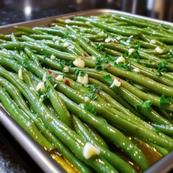 - 1 pound fresh green beans, trimmed - 4 tablespoons unsalted butter, melted - 4 cloves garlic, minced - 1 teaspoon sea salt - ½ teaspoon black pepper - 1 teaspoon lemon zest - 1 tablespoon fresh parsley, chopped (for garnish) - Optional: Red pepper flakes for a hint of spice Gathering fresh ingredients is key to making this dish shine. Start with 1 pound of green beans. Trim them to remove any rough ends. Fresh beans add crunch and flavor. Next, you need 4 tablespoons of unsalted butter. Melting it brings out richness. Then, grab 4 cloves of garlic. Mince them finely for a strong flavor. You will also need 1 teaspoon of sea salt and ½ teaspoon of black pepper. These add taste and balance. Next, add 1 teaspoon of lemon zest for a fresh touch. Finally, use 1 tablespoon of chopped parsley for garnish. It adds color and freshness. If you like heat, consider optional red pepper flakes. They give a nice kick to the dish. With these simple ingredients, you can create a tasty side that everyone will enjoy! - Preheat your oven to 425°F (220°C). - In a large bowl, mix the melted butter, minced garlic, sea salt, black pepper, and lemon zest until well combined. This garlic butter mixture is the star of the dish. The rich butter pairs well with the sharp garlic. The salt and pepper add flavor, while the lemon zest brightens the taste. - Toss the trimmed green beans in the garlic butter mixture. - Spread the green beans evenly on a parchment-lined baking sheet. Coating the green beans in the garlic butter ensures they soak up all that flavor. Lining the baking sheet with parchment helps with cleanup and gives a nice texture to the beans. - Roast the green beans until tender and crispy, about 15-20 minutes. - Remove them from the oven and drizzle with any leftover garlic butter. Stir the green beans halfway through to help them roast evenly. When they are done, they should have a nice mix of tenderness and crispiness. Garnish with fresh parsley and, if you like, a pinch of red pepper flakes for a little heat. Serve them hot, and enjoy every bite! - Choose fresh, high-quality green beans for the best taste. - You can adjust garlic and lemon zest to suit your taste. More zest brings brightness! - Stir the green beans halfway through roasting. This helps them cook evenly. - A meat thermometer can help check if they are done right. - You can add herbs like thyme or rosemary for extra flavor. - Try different flavorings, like balsamic vinegar, to mix it up. This adds a nice twist! {{image_2}} You can easily adjust this dish to fit your needs. Use vegan butter if you want a plant-based version. This swap keeps all the great flavor without dairy. You can also switch green beans with asparagus or broccoli. Both options add a nice twist and are just as tasty. Want to add some extra flavor? Incorporate different spices like cumin or paprika. These spices bring a new depth to the dish. If you like heat, add red pepper flakes for a little kick. It's a simple way to elevate your green beans. Garlic butter roasted green beans make a great side. Serve them alongside roasted meats or grilled dishes. They pair nicely with chicken, steak, or fish. For a complete meal, add a fresh salad on the side. This balance creates a colorful and healthy plate. After making Garlic Butter Roasted Green Beans, store any leftovers in an airtight container. This keeps them fresh. For best taste and texture, eat them within three days. The flavors stay vibrant, and the beans remain crisp. If you wait too long, they may lose their charm. You can also freeze cooked green beans for later. To do this, let them cool first. Then, place them in a freezer-safe bag or container. When you want to enjoy them, thaw them in the fridge overnight. Reheat gently on the stove or in the microwave to keep their nice texture. This way, you can savor this tasty side even after some time! Yes, you can prep the green beans ahead. Toss them in the garlic butter mix. Place them in the fridge for up to 24 hours. When ready, just roast them straight from the fridge. This makes dinner easy and quick. These green beans pair well with many dishes. They go great with roasted chicken or grilled fish. Try serving them with rice or quinoa for a healthy meal. You can also add them to a fresh salad for extra crunch. Store leftovers in an airtight container. They stay fresh for about three days in the fridge. Reheat them in the oven or microwave. This way, you can enjoy them again without losing flavor. Yes, you can use frozen green beans! Just thaw them first and pat dry. This helps them roast evenly. The flavor will still be great, but fresh beans offer better texture. This blog post covered a simple and tasty recipe for Garlic Butter Roasted Green Beans. You learned the best ingredients and preparation steps. I also shared tips to enhance the flavor and suggested variations, including dietary options. When making this dish, focus on fresh beans and try different herbs or spices. You can serve these green beans with many meals, making them a versatile side. Enjoy your cooking!