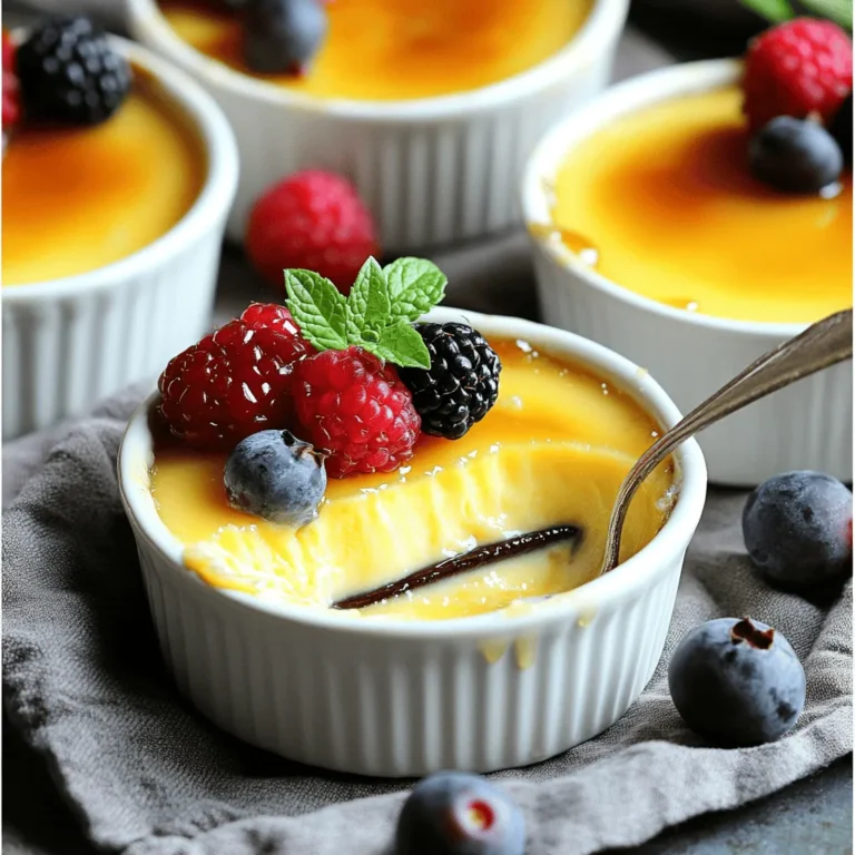 - 2 cups heavy cream - 1 vanilla bean, split and scraped (or 2 teaspoons vanilla extract if unavailable) - 5 large egg yolks - 1/2 cup granulated sugar, plus extra for caramelizing - 1/4 teaspoon salt - Optional garnishes: Fresh berries and mint leaves To make the best Vanilla Bean Crème Brûlée, you need high-quality ingredients. Heavy cream gives the dish its rich, smooth texture. A vanilla bean adds deep flavor. If you cannot find a vanilla bean, use vanilla extract. The egg yolks create a creamy custard. Granulated sugar sweetens the mix and helps form a crunchy top. A pinch of salt balances the sweetness. You can add fresh berries and mint leaves for a pretty touch. Each ingredient plays a key role in creating a delightful dessert. Use fresh and high-quality items for the best result. The flavors blend perfectly, making each bite a treat. Enjoy the process of gathering these ingredients. It sets the stage for a truly special dessert! - Preheat your oven to 325°F (160°C). - In a medium saucepan, mix 2 cups of heavy cream with the vanilla bean. Heat it until it simmers. Remove it from heat and let it sit for 15 minutes to get that rich vanilla flavor. - In a bowl, whisk together 5 egg yolks, 1/2 cup sugar, and 1/4 teaspoon salt. Keep whisking until it looks pale and thick. - Slowly pour the warm cream into the egg mix. Whisk it gently to avoid lumps. Strain the mix through a fine sieve into a jug. - Place ramekins in a baking dish. Pour the crème brûlée mix evenly into them. Fill the baking dish with hot water until it reaches halfway up the sides of the ramekins. - Bake for 30-35 minutes. The edges should be set, but the center remains a bit wobbly. Carefully take the ramekins out of the water bath and let them cool at room temperature for 30 minutes. - Before serving, sprinkle a thin layer of sugar on top of each custard. Use a kitchen torch to caramelize the sugar until it becomes a crispy, golden crust. If you don’t have a torch, you can use the broiler, but watch it closely to avoid burning. - Let the sugar crust cool for about 5 minutes before serving. Enjoy your vanilla bean crème brûlée! - Not tempering the eggs properly: If you pour hot cream into cold eggs too fast, you will cook the eggs. This makes a scrambled mess. Always add the cream slowly while whisking to keep the eggs smooth and silky. - Overbaking the custard: You want a soft center. If it looks too firm, you baked it too long. Check for a slight jiggle in the center. It will set as it cools. - How to achieve the perfect sugar crust: Use a fine layer of sugar on top. This helps it melt evenly. If it’s too thick, it will burn before caramelizing. Aim for about one tablespoon per ramekin. - Recommended tools for success: A kitchen torch is best for caramelizing. If you don’t have one, use the broiler in your oven. Keep a close eye on it. Burnt sugar is bitter. - Adjusting sweetness levels: Taste your custard before baking. If you like it sweeter, add a bit more sugar. Just remember, the sugar on top will add extra sweetness. - Using different vanilla sources: While a vanilla bean adds rich flavor, you can use vanilla extract too. For a twist, try vanilla paste. It gives a lovely speckled look and taste. {{image_2}} You can add fun flavors to your crème brûlée. One great option is chocolate. Just melt some dark chocolate into your cream. This adds a rich, chocolatey twist. Another option is espresso. Simply mix in a tablespoon of espresso powder. This gives your dessert a nice coffee kick. You can also explore fruity flavors. Try adding citrus zest, like lemon or orange. This brings a fresh taste that contrasts well with the cream. Almond extract works too. Just a few drops can add a sweet, nutty flavor. How you serve crème brûlée can change the whole vibe. Ramekins are classic, but you can try small jars or cups. This adds a rustic touch to your dessert. Garnishing is key for a beautiful finish. Fresh berries add color and flavor. You can use strawberries, raspberries, or blueberries. Mint leaves are also a great choice. They give a pop of green and a fresh aroma. Want a dairy-free version? Use coconut cream instead of heavy cream. It gives a rich texture and a hint of coconut flavor. For a sugar-free option, try using a sugar substitute like stevia or erythritol. This still gives you that sweet taste without the calories. Store your vanilla bean crème brûlée in the fridge. Use plastic wrap to cover each ramekin tightly. This keeps the custard fresh and prevents it from absorbing odors. The caramelized sugar topping is best when fresh. If you plan to eat it later, do not caramelize the sugar until serving. To freeze crème brûlée, first, let it cool completely. Wrap each ramekin tightly in plastic wrap, then place them in a freezer-safe bag. This protects the custard from freezer burn. When you're ready to enjoy it again, thaw the ramekin in the fridge overnight. Reheat it gently in a water bath, but avoid boiling. Once warmed, you can caramelize the sugar topping. In the refrigerator, crème brûlée lasts about 3 to 4 days. In the freezer, it can last up to 2 months. However, for the best taste and texture, try to eat it within one month. Crème brûlée has roots in France. The name means "burnt cream." Many believe it began in the 17th century. It became popular in French cuisine and is now loved worldwide. Its creamy texture and crisp sugar top make it special. Yes, you can use vanilla extract. Use 2 teaspoons of extract as a substitute. However, vanilla beans give a richer flavor. The tiny seeds add visual appeal too. If you want the best taste, choose vanilla beans. Check the edges of the custard. They should be set, while the center remains slightly wobbly. This means it's ready. If it looks too firm, it may be overcooked. Trust your eyes and the jiggle for the best results. You can use your oven's broiler instead. Place the ramekins under the broiler for one to two minutes. Watch closely to avoid burning. The sugar should melt and turn golden. This method works well if you don't have a torch. Making crème brûlée combines simple ingredients and careful steps. You learned how to create the rich custard, caramelize the sugar, and avoid common pitfalls. Remember to store it properly to keep it fresh, and feel free to experiment with flavors. This dessert lets you impress with ease. Your kitchen can now be a gourmet haven. Enjoy your creations and share them with others for maximum delight!