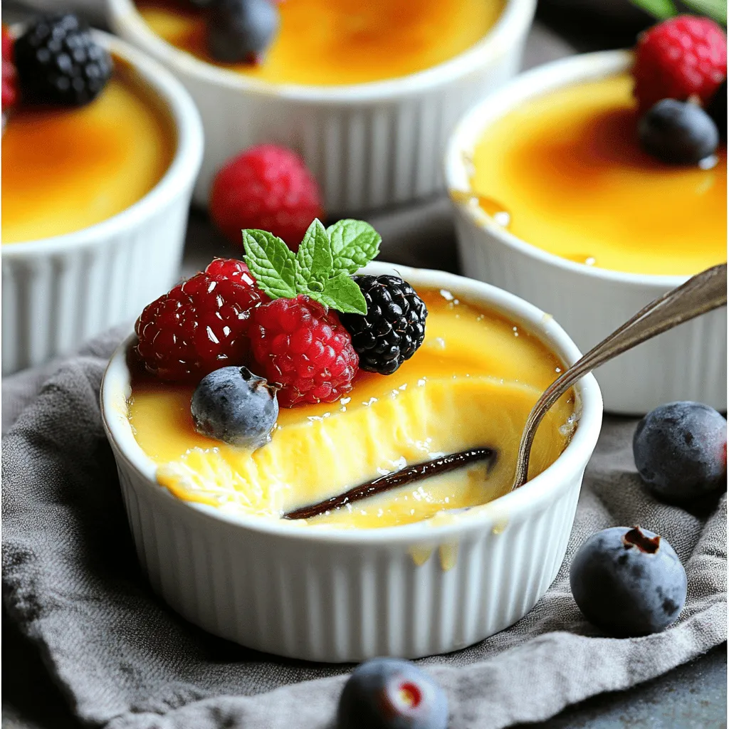 - 2 cups heavy cream - 1 vanilla bean, split and scraped (or 2 teaspoons vanilla extract if unavailable) - 5 large egg yolks - 1/2 cup granulated sugar, plus extra for caramelizing - 1/4 teaspoon salt - Optional garnishes: Fresh berries and mint leaves To make the best Vanilla Bean Crème Brûlée, you need high-quality ingredients. Heavy cream gives the dish its rich, smooth texture. A vanilla bean adds deep flavor. If you cannot find a vanilla bean, use vanilla extract. The egg yolks create a creamy custard. Granulated sugar sweetens the mix and helps form a crunchy top. A pinch of salt balances the sweetness. You can add fresh berries and mint leaves for a pretty touch. Each ingredient plays a key role in creating a delightful dessert. Use fresh and high-quality items for the best result. The flavors blend perfectly, making each bite a treat. Enjoy the process of gathering these ingredients. It sets the stage for a truly special dessert! - Preheat your oven to 325°F (160°C). - In a medium saucepan, mix 2 cups of heavy cream with the vanilla bean. Heat it until it simmers. Remove it from heat and let it sit for 15 minutes to get that rich vanilla flavor. - In a bowl, whisk together 5 egg yolks, 1/2 cup sugar, and 1/4 teaspoon salt. Keep whisking until it looks pale and thick. - Slowly pour the warm cream into the egg mix. Whisk it gently to avoid lumps. Strain the mix through a fine sieve into a jug. - Place ramekins in a baking dish. Pour the crème brûlée mix evenly into them. Fill the baking dish with hot water until it reaches halfway up the sides of the ramekins. - Bake for 30-35 minutes. The edges should be set, but the center remains a bit wobbly. Carefully take the ramekins out of the water bath and let them cool at room temperature for 30 minutes. - Before serving, sprinkle a thin layer of sugar on top of each custard. Use a kitchen torch to caramelize the sugar until it becomes a crispy, golden crust. If you don’t have a torch, you can use the broiler, but watch it closely to avoid burning. - Let the sugar crust cool for about 5 minutes before serving. Enjoy your vanilla bean crème brûlée! - Not tempering the eggs properly: If you pour hot cream into cold eggs too fast, you will cook the eggs. This makes a scrambled mess. Always add the cream slowly while whisking to keep the eggs smooth and silky. - Overbaking the custard: You want a soft center. If it looks too firm, you baked it too long. Check for a slight jiggle in the center. It will set as it cools. - How to achieve the perfect sugar crust: Use a fine layer of sugar on top. This helps it melt evenly. If it’s too thick, it will burn before caramelizing. Aim for about one tablespoon per ramekin. - Recommended tools for success: A kitchen torch is best for caramelizing. If you don’t have one, use the broiler in your oven. Keep a close eye on it. Burnt sugar is bitter. - Adjusting sweetness levels: Taste your custard before baking. If you like it sweeter, add a bit more sugar. Just remember, the sugar on top will add extra sweetness. - Using different vanilla sources: While a vanilla bean adds rich flavor, you can use vanilla extract too. For a twist, try vanilla paste. It gives a lovely speckled look and taste. {{image_2}} You can add fun flavors to your crème brûlée. One great option is chocolate. Just melt some dark chocolate into your cream. This adds a rich, chocolatey twist. Another option is espresso. Simply mix in a tablespoon of espresso powder. This gives your dessert a nice coffee kick. You can also explore fruity flavors. Try adding citrus zest, like lemon or orange. This brings a fresh taste that contrasts well with the cream. Almond extract works too. Just a few drops can add a sweet, nutty flavor. How you serve crème brûlée can change the whole vibe. Ramekins are classic, but you can try small jars or cups. This adds a rustic touch to your dessert. Garnishing is key for a beautiful finish. Fresh berries add color and flavor. You can use strawberries, raspberries, or blueberries. Mint leaves are also a great choice. They give a pop of green and a fresh aroma. Want a dairy-free version? Use coconut cream instead of heavy cream. It gives a rich texture and a hint of coconut flavor. For a sugar-free option, try using a sugar substitute like stevia or erythritol. This still gives you that sweet taste without the calories. Store your vanilla bean crème brûlée in the fridge. Use plastic wrap to cover each ramekin tightly. This keeps the custard fresh and prevents it from absorbing odors. The caramelized sugar topping is best when fresh. If you plan to eat it later, do not caramelize the sugar until serving. To freeze crème brûlée, first, let it cool completely. Wrap each ramekin tightly in plastic wrap, then place them in a freezer-safe bag. This protects the custard from freezer burn. When you're ready to enjoy it again, thaw the ramekin in the fridge overnight. Reheat it gently in a water bath, but avoid boiling. Once warmed, you can caramelize the sugar topping. In the refrigerator, crème brûlée lasts about 3 to 4 days. In the freezer, it can last up to 2 months. However, for the best taste and texture, try to eat it within one month. Crème brûlée has roots in France. The name means "burnt cream." Many believe it began in the 17th century. It became popular in French cuisine and is now loved worldwide. Its creamy texture and crisp sugar top make it special. Yes, you can use vanilla extract. Use 2 teaspoons of extract as a substitute. However, vanilla beans give a richer flavor. The tiny seeds add visual appeal too. If you want the best taste, choose vanilla beans. Check the edges of the custard. They should be set, while the center remains slightly wobbly. This means it's ready. If it looks too firm, it may be overcooked. Trust your eyes and the jiggle for the best results. You can use your oven's broiler instead. Place the ramekins under the broiler for one to two minutes. Watch closely to avoid burning. The sugar should melt and turn golden. This method works well if you don't have a torch. Making crème brûlée combines simple ingredients and careful steps. You learned how to create the rich custard, caramelize the sugar, and avoid common pitfalls. Remember to store it properly to keep it fresh, and feel free to experiment with flavors. This dessert lets you impress with ease. Your kitchen can now be a gourmet haven. Enjoy your creations and share them with others for maximum delight!