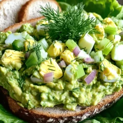 - 4 hard-boiled eggs, peeled and chopped - 1 ripe avocado, mashed - 2 tablespoons Greek yogurt - 1 tablespoon Dijon mustard - 1 tablespoon fresh lemon juice - 1 small red onion, finely diced - 1 stalk celery, diced - 1 tablespoon fresh dill, chopped (or 1 teaspoon dried dill) - Salt and pepper to taste - Whole grain bread or lettuce leaves (for serving) The base of this avocado egg salad is simple. You will need four hard-boiled eggs. Start by peeling and chopping them into small pieces. This gives your salad a nice texture. Next, you will need a ripe avocado. The avocado should be soft when you press it lightly. Mash it in a bowl until smooth. This creamy avocado adds a rich flavor. Then, grab some Greek yogurt. You will use two tablespoons. This ingredient makes the salad creamy without too much fat. Dijon mustard adds a tiny kick to the salad. One tablespoon is all you need. It pairs well with the egg and avocado. Fresh lemon juice brightens the flavor. Use one tablespoon to keep the salad fresh and zesty. You will also need a small red onion. Dice it finely so it does not overwhelm the other flavors. A stalk of celery adds crunch. Dice it up too. Fresh dill gives a wonderful aroma. You can use one tablespoon of fresh dill or one teaspoon of dried dill if fresh is not available. Finally, don’t forget to season with salt and pepper to taste. Adjust these to your liking. For serving, you can use whole grain bread for a sandwich. Alternatively, lettuce leaves make a light and crunchy option. This salad is not just tasty; it is also flexible for serving! How to hard-boil eggs To hard-boil eggs, place them in a pot and cover them with water. Bring the water to a boil. Once boiling, cover the pot and turn off the heat. Let the eggs sit for about 10-12 minutes. Then, cool them in cold water. Peel and chop the eggs. Mashing the avocado Next, take a ripe avocado. Cut it in half and remove the pit. Scoop the flesh into a bowl. Use a fork to mash it until it’s creamy. You can leave some small chunks for texture. Chopping vegetables Now, take a small red onion and chop it finely. Then, dice a stalk of celery into small pieces. This adds crunch and flavor to your egg salad. Combining eggs and avocado In a large mixing bowl, place the chopped hard-boiled eggs. Add the mashed avocado. Gently mix them together until they are well blended. Adding Greek yogurt and mustard Stir in two tablespoons of Greek yogurt and one tablespoon of Dijon mustard. This will make the mixture creamy and add a nice tang. Also, add one tablespoon of fresh lemon juice for brightness. Incorporating vegetables Add the finely diced red onion and chopped celery to the bowl. Mix gently to combine all the ingredients. This will ensure every bite has great flavor and texture. Seasoning with dill and spices Now, add one tablespoon of fresh dill, or one teaspoon if you are using dried dill. Season with salt and pepper to taste. Mix well so the flavors blend. Tips for achieving the right consistency If the mixture feels too thick, add a bit more Greek yogurt or lemon juice. This will help achieve the desired creamy consistency. Taste and adjust seasoning as needed for the best flavor. To make the best avocado egg salad, start with boiling the eggs right. Here’s how: - Place eggs in a pot and cover them with cold water. - Bring the water to a boil over high heat. - Once boiling, cover the pot and turn off the heat. - Let the eggs sit for 9 to 12 minutes, depending on your desired firmness. - After that, cool them in ice water to stop the cooking. Choosing the right avocado is key. Look for avocados that are slightly soft but not mushy. A ripe avocado should yield gently when you press it. If it feels hard, give it a few days to ripen. You can add more flavor to your salad with different seasonings and herbs. Try these options: - Swap dill for fresh parsley or chives for a new taste. - Add a pinch of paprika for a smoky kick. - Mix in some garlic powder for an extra layer. For texture, consider adding chopped nuts or seeds. Walnuts or sunflower seeds provide a nice crunch that contrasts well with the creamy avocado and eggs. When serving your avocado egg salad, think about how to make it look great. Here are some ideas: - Spread the salad on whole grain bread for a classic sandwich. - Spoon it onto lettuce leaves for a fresh and light option. - Use a ring mold to shape the salad for a fancy presentation. For plating, consider garnishing with extra dill or slices of lemon. This adds color and makes your dish pop! {{image_2}} To make your avocado egg salad dairy-free, swap Greek yogurt for mashed avocado. This keeps it creamy and rich. You can also use silken tofu for extra protein. If you want a vegan option, simply leave out the eggs and replace them with chickpeas. Mash the chickpeas with avocado and add your favorite spices. You can add spices to give your salad a kick. A sprinkle of paprika adds warmth, while cayenne brings heat. If you want more crunch, mix in diced bell peppers or fresh spinach. These add nutrition and color to your dish. Avocado egg salad shines in many forms. Spread it on whole grain bread for a filling sandwich. Scoop it onto lettuce leaves for a light, fresh bite. You can also use it as a dip with veggies or crackers. This versatility makes it a great choice for any meal or snack. Avocado egg salad lasts about 3 to 4 days in the fridge. Store it in an airtight container to keep it fresh. Look for signs of spoilage like a change in color or an off smell. If the salad turns brown or has a sour scent, it's best to throw it out. You can freeze avocado egg salad, but it may change texture. The avocado can become grainy after freezing. If you want to freeze it, use a freezer-safe container. Thaw it in the fridge overnight for best results. Stir it well before serving to improve the texture. To refresh leftovers, stir the salad gently. You can add a bit more Greek yogurt or lemon juice to revive the flavor. Use leftover salad as a filling for wraps or sandwiches. It's also great on toast or as a dip with veggies. Enjoy your meal in new ways! Avocado egg salad is a tasty and healthy dish. It offers many benefits. - Nutritional value of key ingredients: - Hard-boiled eggs are high in protein and nutrients. They contain vitamins A, B, D, and E. - Avocados are rich in healthy fats. They provide fiber, potassium, and folate. - Health benefits of eggs and avocado: - Eggs help build strong muscles and keep you full. - Avocados support heart health and good digestion. They can lower bad cholesterol levels. This salad combines these ingredients for a nutritious meal. Yes, you can make this salad ahead of time! - Storage tips for meal prepping: - Store in an airtight container. It lasts for about 3 days in the fridge. - Make sure to mix the ingredients well before storing. - How to keep it fresh: - Squeeze extra lemon juice on top to prevent browning. - Avoid adding salt until serving. This helps keep the texture. Preparing in advance saves you time on busy days. Avocado egg salad pairs well with many foods. - Side dishes: - Fresh veggies like carrot sticks or cucumber slices work great. - A simple green salad adds freshness. - Bread options: - Whole grain bread is perfect for a hearty sandwich. - Lettuce leaves make a light and crunchy wrap. - Pairing suggestions: - Serve with chips for a fun crunch. - A slice of tomato on top adds flavor and color. These options make your meal even more enjoyable. Avocado egg salad is easy and tasty. We broke down the ingredients, steps, and tips. You learned how to prepare hard-boiled eggs, mash avocados, and mix flavors. We explored variations for different diets and showed serving styles. Remember, this dish is healthy and satisfying. You can store it well and use it in many meals. Enjoy crafting your perfect avocado egg salad!