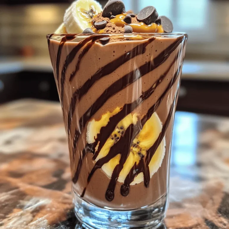To make a tasty peanut butter chocolate protein shake, gather these key ingredients: - 1 banana, frozen and sliced - 2 tablespoons natural peanut butter - 1 scoop chocolate protein powder - 1 cup almond milk (or any milk of choice) - 1 tablespoon cocoa powder - 1 teaspoon honey or maple syrup (optional, for sweetness) - A pinch of salt - Ice cubes (optional, for a thicker texture) Each ingredient in this shake serves a purpose and offers health benefits: - Banana: This fruit adds natural sweetness and potassium, which helps with muscle function. - Natural peanut butter: Packed with healthy fats and protein, it supports muscle growth and keeps you full longer. - Chocolate protein powder: It boosts your protein intake, helping with recovery after workouts. - Almond milk: A low-calorie option, it is rich in vitamin E and dairy-free. - Cocoa powder: This adds chocolate flavor and is high in antioxidants, which support heart health. - Honey or maple syrup: These natural sweeteners enhance taste and provide quick energy, if you choose to add them. - Salt: A pinch balances flavors and helps replenish electrolytes. - Ice cubes: Adding ice creates a thicker texture, making the shake more enjoyable. If you have dietary restrictions or preferences, try these substitutions: - Banana: Use frozen avocado for a creamy texture or a handful of spinach for added greens. - Peanut butter: Swap it for almond or sunflower seed butter for nut-free options. - Chocolate protein powder: Use vanilla protein powder for a different flavor profile. - Almond milk: Substitute with coconut milk or oat milk for a creamier shake. - Cocoa powder: Replace it with carob powder for a caffeine-free alternative. - Honey or maple syrup: Agave syrup or stevia can work if you need a lower-glycemic sweetener. - Ice cubes: If you want a warmer shake, skip the ice and use chilled almond milk. To make your Peanut Butter Chocolate Protein Shake, start by gathering all your ingredients. You need one frozen banana, two tablespoons of natural peanut butter, one scoop of chocolate protein powder, almond milk, cocoa powder, a pinch of salt, and optional honey or ice cubes. 1. Place the frozen banana slices into your blender. 2. Add the peanut butter and the chocolate protein powder. 3. Pour in one cup of almond milk and add one tablespoon of cocoa powder. 4. Sprinkle a pinch of salt for flavor. 5. If you like it sweeter, add a teaspoon of honey or maple syrup. 6. Blend on high until smooth and creamy. 7. For a thicker shake, add a few ice cubes and blend again. 8. Taste your shake. Adjust sweetness if needed, then blend briefly. 9. Pour the shake into a chilled glass. To achieve a smooth and creamy texture, ensure your banana is frozen. This adds chill and thickness. Blend in short bursts to mix well, rather than blending continuously. This method helps you control the texture. You can also use a powerful blender for best results. If your shake is too thick, add more almond milk a little at a time. If it's too thin, try adding more ice cubes or a bit of banana. You will need a good-quality blender to make this shake. A high-speed blender works best to achieve that creamy texture. You might also want a measuring cup for the almond milk and a tablespoon for the peanut butter. A chilled glass or shaker bottle is great for serving. If you plan to take your shake on the go, a shaker bottle is perfect. It keeps your drink cold and fresh. You can change the flavor of your shake easily. Here are some ideas: - Add a scoop of vanilla protein powder for a different taste. - Mix in a tablespoon of almond or cashew butter for more nutty goodness. - Include a teaspoon of vanilla extract to enhance the sweetness. - Toss in some spinach or kale for a healthy green boost. Feel free to play with these flavors until you find your favorite combo! Want to make your shake even healthier? Here are some great add-ins: - Chia seeds: Add a tablespoon for fiber and omega-3s. - Flaxseed meal: A tablespoon boosts the nutrition without changing taste. - Greek yogurt: A scoop adds protein and creaminess. - Oats: Blend in a handful for added fiber and energy. These additions help you get more from your shake. Make your shake look as good as it tastes! Here are a few easy tips: - Drizzle peanut butter inside the glass before pouring in the shake. - Sprinkle cocoa powder or chocolate chips on top for a nice touch. - Use a fancy glass or a mason jar for fun serving. - Add a sliced banana or a few berries on top for a colorful look. These little extras make your shake more appealing and fun to enjoy! {{image_2}} You can change this shake to keep it exciting. Here are some fun ideas: - Berry Blast: Swap the banana for a cup of mixed berries. Blueberries or strawberries work great. - Nutty Twist: Add a tablespoon of almond butter. It gives a new flavor and texture. - Coffee Kick: Mix in a shot of espresso for a morning boost. You can also play with different flavors. Here are some tasty combos: - Mint Chocolate: Add a few drops of mint extract. This makes it refreshing and fun. - Coconut Dream: Use coconut milk and toss in shredded coconut. This adds a tropical twist. - Chai Spice: Sprinkle in some cinnamon and nutmeg for a warm flavor. Using seasonal ingredients can make your shake special. Here are some ideas: - Fall: Add pumpkin puree and a pinch of pumpkin spice. It’s perfect for autumn. - Winter: Try a bit of peppermint or gingerbread flavor. This adds holiday cheer. - Summer: Use fresh peaches or mangoes for a fruity taste. It’s refreshing when it’s hot out. Experimenting with these variations can make your peanut butter chocolate protein shake a fun treat every time! If you have extra peanut butter chocolate protein shake, store it in the fridge. Use a sealed container to keep it fresh. The shake tastes best within 24 hours. If it separates, just give it a good shake before drinking. For added flavor, try to drink it cold. If you need to store it longer, freezing might be a better option. You can freeze individual ingredients to make your life easier. Slice the banana and place it in a freezer bag. You can also measure out the peanut butter and cocoa powder in small containers. This way, when you’re ready to make the shake, you just take out the ingredients. Just make sure to label the bags with the date. If you want to enjoy your shake later, you can refresh it. If stored in the fridge, just stir or shake it well. If frozen, thaw it in the fridge overnight. You can also blend it with a bit of fresh almond milk to get a creamy texture again. Avoid heating the shake, as it will change the flavor and texture. You can use Greek yogurt or silken tofu. Both add protein and creaminess. You can also try nut butter. It adds flavor and healthy fats. A handful of oats works too. Oats will add fiber, making your shake filling. Yes, you can skip the banana. Use avocado instead for creaminess. You could also add frozen berries. They will add a nice flavor and color. Just make sure to adjust the sweetness. Berries are sweet, but not as sweet as bananas. You can have a protein shake daily. They work well as snacks or meal replacements. Just listen to your body. If you feel full, skip a shake. Balance is key for a healthy diet. In this post, we explored the steps to make a tasty peanut butter chocolate protein shake. You learned about key ingredients and their benefits. We also discussed helpful tips for blending and customizing your shake. Final thoughts: This shake is easy to make and fun to customize. Enjoy trying new flavors and find what works for you. Don't forget to store leftovers properly for future use. A delicious protein shake can be a great part of your diet!