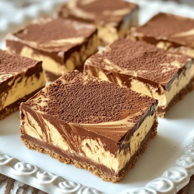 - 1 ½ cups graham cracker crumbs - ½ cup unsalted butter, melted - 1 cup cream cheese, softened - ½ cup powdered sugar - 1 teaspoon vanilla extract - 1 cup heavy whipping cream - 2 tablespoons cocoa powder - 2 tablespoons instant coffee granules - 1 tablespoon hot water - ½ cup semi-sweet chocolate chips, melted The graham cracker crumbs form a tasty base for these bars. The melted butter helps the crumbs stick together. Cream cheese adds creaminess and richness. Powdered sugar sweetens the mixture. Vanilla gives a warm flavor. Heavy whipping cream makes the filling light and fluffy. Cocoa powder adds a chocolate kick, while instant coffee boosts the mocha taste. The hot water dissolves the coffee granules, making them easier to mix in. Melted chocolate on top adds a nice finish. If you don’t have graham cracker crumbs, you can use any cookie crumbs. Try using digestive biscuits or even Oreos for a twist. Instead of cream cheese, you can use mascarpone for a creamier texture. If you want a dairy-free option, use a vegan cream cheese. For a lower-fat version, you can use light cream cheese. You need some simple tools to make these bars. Gather these items before you start: - Mixing bowls - 9x9 inch pan - Electric mixer or whisk - Rubber spatula - Measuring cups and spoons - Toothpick or knife for swirling chocolate Having everything ready makes the process smooth. Enjoy the fun of making these no-bake mocha cheesecake bars! To start, gather your ingredients. You need graham cracker crumbs and melted butter. In a mixing bowl, combine 1 ½ cups of graham cracker crumbs with ½ cup of melted butter. Mix them well. This mixture should hold together when pressed. Next, take a 9x9 inch pan and press the crumb mixture evenly into the bottom. Make sure it is packed tightly. This forms a sturdy base for your cheesecake bars. Chill the crust in the refrigerator for about 15 minutes. This helps it set and makes it easier to slice later. Now it’s time for the filling. First, dissolve 2 tablespoons of instant coffee granules in 1 tablespoon of hot water. Let it cool a bit. In a large mixing bowl, beat 1 cup of softened cream cheese with ½ cup of powdered sugar and 1 teaspoon of vanilla extract. Mix until it is smooth and creamy. In another bowl, whip 1 cup of heavy cream until stiff peaks form. This will add lightness to your filling. Gently fold the whipped cream into the cream cheese mixture. Be careful not to deflate it. Next, add in the cooled coffee and 2 tablespoons of cocoa powder. Fold this mixture gently until everything is evenly blended. Pour the mocha cheesecake filling over your chilled crust. Use a spatula to spread it evenly. For a fun touch, drizzle ½ cup of melted chocolate over the top. Take a toothpick or knife and swirl it around to create a marbled effect. This adds a nice look and extra flavor. Place the pan back in the refrigerator. Chill the cheesecake bars for at least 4 hours. This helps them set properly. Once set, cut into bars and serve them chilled. Enjoy your delicious no-bake mocha cheesecake bars! To get the best texture for your mocha cheesecake bars, focus on your cream cheese. Make sure it is soft. This helps it blend well with the other ingredients. When you mix the whipped cream, do it gently. Fold it in carefully to keep that light and airy feel. If you overmix, your bars can become dense. For the best taste, store your cheesecake bars in the fridge. Use an airtight container to keep them fresh. They will stay good for about five days. If you want to keep them longer, you can freeze them. Wrap each bar in plastic wrap, then place them in a freezer bag. They will last up to three months in the freezer. Make your bars look great with simple touches. Before serving, sprinkle cocoa powder or finely grated chocolate on top. This adds color and makes them more appealing. Serve them on a nice platter for a special touch. You can even add fresh berries or mint leaves for extra flair. These small details can make your treats stand out at any gathering. {{image_2}} You can change the taste of your mocha cheesecake bars easily. Try adding a pinch of cinnamon for warmth. You can use espresso powder for a bolder coffee flavor. Want some fun? Add a splash of peppermint extract for a holiday twist. If you like nuts, sprinkle some crushed hazelnuts or walnuts on top. You can even use flavored cream cheese, like chocolate or coffee, to add richness. If you want a different kind of crust, swap out the graham crackers. Use crushed Oreo cookies for a chocolatey base. You can also try using almond flour for a gluten-free version. For a more tropical taste, use crushed coconut cookies. Press your choice into the pan just like with the graham cracker crust. Each option brings its own twist to the bars. Making these bars vegan is easy and fun. Replace the cream cheese with a vegan cream cheese made from nuts. Instead of heavy cream, use coconut cream. It whips up nicely and adds a tropical flavor. Use maple syrup instead of powdered sugar for sweetness. Make sure your chocolate chips are dairy-free. These swaps keep the bars creamy while being plant-based. To keep your no-bake mocha cheesecake bars fresh, store them in the fridge. Use an airtight container or cover the dish tightly with plastic wrap. This helps prevent them from drying out or absorbing other odors. They will stay fresh for up to five days in the refrigerator. Make sure to cut the bars before storing. This makes it easier to grab a piece whenever you want a treat. If you want to keep your cheesecake bars longer, you can freeze them. First, cut the bars into portions. Wrap each piece tightly in plastic wrap. Then place them in a freezer-safe container. They can last for up to three months in the freezer. To enjoy, just thaw them in the fridge overnight before serving. This way, they stay soft and creamy. You don’t need to reheat these bars since they taste best cold. Just pull them out of the fridge or freezer and let them sit for a few minutes at room temperature. This helps soften them slightly. If you prefer them a bit warmer, microwave a single bar for about 10-15 seconds. Keep an eye on it so it doesn’t melt. Enjoy every creamy bite with rich mocha flavor! Yes, you can use different types of chocolate. For a sweeter taste, try milk chocolate. If you want a richer flavor, go for dark chocolate. You can even mix them together. Just be sure to melt it gently to keep it smooth. This way, you can create a unique taste for your cheesecake bars. No-Bake Mocha Cheesecake Bars last about 5 days in the fridge. Store them in an airtight container to keep them fresh. If you see any signs of spoilage, it’s best to toss them. This ensures you enjoy the best flavor and texture. Absolutely! You can make these cheesecake bars a day or two ahead of time. Just let them chill in the fridge until you're ready to serve. This gives the flavors time to blend and improves the taste. Plus, it saves you time on the day of your event. No-bake mocha cheesecake bars are easy and fun to make. We discussed key ingredients, common substitutes, and essential equipment. The step-by-step instructions guide you through the crust, filling, and assembly. I shared tips for the perfect texture and how to store your bars. You can even customize flavors or create vegan adaptations. In the end, this dessert is simple and delightful. With practice, you’ll impress everyone with your creativity. Enjoy making these bars and share them with friends!