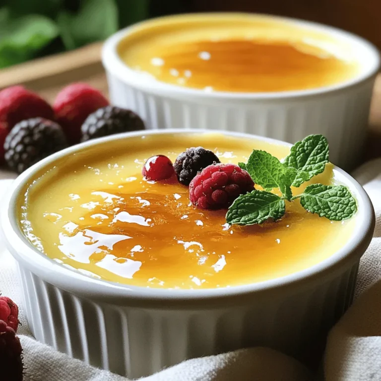 - 2 cups heavy cream - 1 vanilla bean (or 2 teaspoons vanilla extract) - 5 large egg yolks - 1/2 cup granulated sugar (plus extra for topping) - A pinch of salt - Fresh berries or mint for garnish (optional) If you can’t find a vanilla bean, you can use vanilla extract. Use two teaspoons to match the flavor. You can swap heavy cream with half-and-half for a lighter version. You can also use coconut cream for a dairy-free option. However, this may change the taste. Using good ingredients makes a big difference in taste. Fresh heavy cream adds richness. A real vanilla bean gives a deep, sweet flavor. It has tiny seeds that create a lovely look in your dessert. Low-quality cream or artificial vanilla can ruin this dish. When you invest in quality, you get a dessert that wows. Every bite should feel like a special treat. This dessert is simple but can impress anyone. Start by preheating your oven to 325°F (160°C). In a medium saucepan, pour in 2 cups of heavy cream. Now, take your vanilla bean, slice it open, and scrape the seeds into the cream. If you don’t have a vanilla bean, you can use 2 teaspoons of vanilla extract instead. Heat the cream gently until it’s just below boiling. Stir it often to mix the flavors well. Once it’s hot, remove it from the heat and set it aside. In a mixing bowl, add 5 large egg yolks, 1/2 cup of granulated sugar, and a pinch of salt. Whisk these together until the mixture turns pale and a bit thick. This step is crucial because it helps create a rich texture in your crème brûlée. After whisking, slowly pour the warm cream mixture into the egg yolk mix. Make sure to whisk continuously as you pour. This step keeps the yolks from cooking too fast. Next, strain your mixture through a fine-mesh sieve into a large measuring cup or bowl. This helps remove any solids and gives you a silky custard. Now, carefully pour the custard into ramekins, filling them about three-quarters full. Place the ramekins in a baking dish. Fill the dish with hot water until it reaches halfway up the sides of the ramekins. This water bath helps cook the custard evenly. Bake in the oven for about 30-35 minutes. The edges should be set, but the centers should still jiggle a little. After baking, let them cool for 30 minutes at room temperature. Then, refrigerate for at least 2 hours or overnight to set. To get the best texture, focus on the custard. Keep your cream warm but not boiling. When you mix it with the egg yolks, do it slowly. This step helps prevent the yolks from cooking too fast. Strain your mixture to remove lumps. This ensures a smooth and silky dessert. Caramelizing sugar gives the crème brûlée its signature crust. Start by sprinkling a thin layer of sugar on top. Use a kitchen torch for even heat. Move the flame in small circles over the sugar until it melts. If you don’t have a torch, broil it in the oven. Watch closely, so it does not burn. The goal is a golden brown color. Many people overbake crème brûlée. Check for slight jiggle in the center. This means it's not fully set yet. Another mistake is adding too much sugar on top. A thin layer works best for caramelizing. Lastly, don't skip straining the mixture. It helps remove any curdled bits, giving you a perfect dessert. {{image_2}} You can add new flavors to your crème brûlée. For a chocolate twist, stir in cocoa powder. Use 2 tablespoons of cocoa with the cream. This gives a rich taste. Citrus flavors also work well. Add lemon or orange zest to the cream for a refreshing touch. Start with 1 teaspoon of zest. This brightens the dish and adds a fun zing. Want a dairy-free version? You can use coconut cream instead of heavy cream. This makes it rich and creamy. Almond milk or oat milk can also work. Just remember, they have less fat. You may need to adjust the sugar to balance the taste. Use 1/4 cup of sugar with almond milk for sweetness. Crème brûlée is great on its own, but you can make it even better. Fresh berries like strawberries or raspberries add color and flavor. Mint leaves give a nice pop too. Serve it with a cup of coffee or herbal tea for a cozy touch. If you want a snack, pair it with a buttery cookie. This adds a fun crunch to each bite. After enjoying your Vanilla Bean Crème Brûlée, you may have some left. To keep it fresh, cover each ramekin with plastic wrap. This helps prevent drying and keeps the flavor strong. Store them in the fridge for up to three days. Avoid adding sugar on top until you're ready to serve. This ensures the perfect crunchy layer. Freezing crème brûlée is not the best choice. The texture can change when thawed. If you need to freeze it, do so before adding the sugar topping. Wrap each ramekin tightly in plastic wrap and then aluminum foil. You can freeze them for up to two months. When ready to eat, thaw them in the fridge overnight. To reheat your crème brûlée, take it out of the fridge. Let it sit at room temperature for about 30 minutes. This helps the custard warm up evenly. Then, sprinkle sugar on top and caramelize it as usual with a kitchen torch or broiler. Avoid using the microwave; it can ruin the smooth texture. Enjoy your delicious dessert! Yes, you can! You can make the custard up to two days ahead. Just follow the recipe until you chill the ramekins. Keep them in the fridge covered with plastic wrap. This way, the flavors deepen, and they are ready when you want to serve them. If you don’t have a kitchen torch, use your oven's broiler. Just sprinkle sugar on top of the custard. Place it under the broiler for about one to two minutes. Watch closely to avoid burning the sugar. This method will give you that nice, crispy top. The custard will stay fresh for about three to four days in the fridge. Make sure to cover the ramekins with plastic wrap to keep them from absorbing smells. If you see any liquid on top, just gently dab it with a paper towel before serving. Yes, you can! If you use vanilla extract, add two teaspoons to the cream mixture. It will still taste great, but the vanilla bean adds a special touch. The tiny seeds give a lovely look and extra flavor. Of course! You can add flavors like citrus zest, chocolate, or coffee. Just mix them in while heating the cream. Experimenting with flavors makes it fun and unique. Not at all! It may seem fancy, but it’s quite simple. Just follow the steps carefully. Once you know how to make it, you can impress anyone with this classic dessert! If your custard doesn’t set, it may need more time in the oven. Remember, the center should be slightly jiggly when you take it out. If it’s runny after chilling, you might need to bake it longer next time. Yes! You can double the recipe easily. Just make sure you have enough ramekins. You may need to adjust the baking time. Keep an eye on them while they cook. Serve crème brûlée in the ramekins. Add a few fresh berries or mint for color. This makes the dish look beautiful and adds a fresh taste. Your guests will love it! This blog post covered how to make perfect vanilla bean crème brûlée. We discussed essential ingredients, their importance, and substitutions. I shared step-by-step directions and tips to avoid common mistakes. You learned about variations to suit your taste and how to store leftovers. Remember, great desserts start with quality ingredients. Enjoy making this sweet treat, and don't hesitate to experiment! Let your creativity shine in your kitchen.