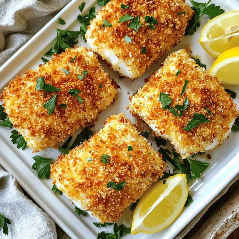 - 4 cod fillets (about 6 ounces each) - 1/2 cup grated Parmesan cheese - 1/2 cup breadcrumbs (preferably panko for extra crunch) - 1 teaspoon garlic powder - 1 teaspoon dried parsley - 1 teaspoon paprika - Salt and pepper to taste - 2 tablespoons olive oil - Lemon wedges (for serving) The key to a great dish starts with quality ingredients. Fresh cod fillets are the star here. Look for fillets that feel firm and smell fresh. - Fresh herbs like thyme or dill - Spices such as cayenne pepper for heat - Different cheeses like cheddar or mozzarella - Zest of one lemon for added flavor Feel free to mix in some fresh herbs or spices. This will change the taste and add fun flavors. - Air fryer - Shallow bowl for mixing - Measuring cups and spoons - Pastry brush - Paper towels Having the right tools makes cooking easier. The air fryer is key for that crispy texture. Use a shallow bowl for mixing the coating, and a pastry brush helps with the oil. Start by preheating your air fryer to 400°F (200°C). This takes about 5 minutes. Preheating helps the cod cook evenly. It also makes the crust nice and crisp. In a shallow bowl, mix these dry ingredients: - 1/2 cup grated Parmesan cheese - 1/2 cup breadcrumbs (panko works best) - 1 teaspoon garlic powder - 1 teaspoon dried parsley - 1 teaspoon paprika - Salt and pepper to taste Stir these well so the flavors blend. This coating gives the cod its tasty crunch. Next, take 4 cod fillets (about 6 ounces each). Pat them dry with paper towels. This step helps the crust stick better. Brush both sides of the cod with 2 tablespoons of olive oil. Then, coat each fillet in the Parmesan mixture. Press down gently to make sure it sticks. Once coated, place the fillets in the air fryer basket. Leave space between each piece. This allows hot air to circulate and cook the fish properly. Now, it's time to air fry! Cook the cod fillets for 10-12 minutes. The crust should turn golden brown. The fish should flake easily with a fork. If your fillets are thicker, adjust the cooking time slightly. After cooking, carefully remove the cod from the air fryer and let it rest for a minute. Serve your Parmesan crusted cod with lemon wedges for a fresh burst of flavor. Enjoy! To get a crunchy crust, use panko breadcrumbs. They give the best texture. Make sure to coat the cod well. Press the Parmesan and breadcrumb mixture onto the fish. This helps it stick. Brush olive oil on both sides first. This keeps the fish moist and helps the crust crisp up. Cooking time can change based on how thick your cod fillets are. For thinner fillets, cook for about 10 minutes. For thicker fillets, add a couple of minutes. Check the fish at 10 minutes. It should be golden and flake easily with a fork. If it is not ready, cook it a bit longer. Just keep an eye on it. Fresh cod is great, but frozen cod works well too. If you use frozen, thaw it fully before cooking. Pat it dry to remove excess moisture. This helps the coating stick better. Fresh cod often has a better flavor, but both types can taste amazing. Choose what works best for you and your schedule. {{image_2}} You can make this dish even better by adding herbs or spices. Try adding fresh basil or dill for a burst of flavor. You can also use dried oregano or thyme. Just mix these herbs into the Parmesan and breadcrumb blend. This gives each bite a fresh taste. You can adjust the amount based on how strong you want the flavor. If you want to switch things up, you can use different cheeses. Try using feta for a tangy twist. You could also use cheddar for a sharper taste. Just remember to adjust the amount to keep the right texture. Grated cheese melts well, and it adds a unique flavor to the cod. When it's time to serve, think about what to pair with your cod. A light salad adds freshness and crunch. Roasted vegetables also work well and complement the flavors. Rice or quinoa can be great sides too. They soak up the juice from the cod and add heartiness. Serve with lemon wedges for a zesty finish. This brightens the meal and enhances all the flavors. After enjoying your Air Fryer Parmesan crusted cod, store any leftovers in an airtight container. Make sure to let the cod cool before sealing it. Store it in the fridge for up to 2 days. Keeping it in the fridge helps maintain its taste and texture. When you’re ready to eat your leftovers, I recommend reheating them in the air fryer. Set it to 350°F (175°C) and heat for about 5 minutes. This method keeps the crust crispy, just like when it was first cooked. Avoid using the microwave, as it can make the cod soggy. You can freeze uncooked or cooked cod fillets. For raw fillets, wrap them tightly in plastic wrap, then place them in a freezer bag. Label the bag with the date. For cooked cod, let it cool completely and then follow the same wrapping method. Frozen cod is best used within 2-3 months for optimal flavor. You should cook cod in the air fryer for 10 to 12 minutes. Thicker fillets may need a bit more time. Aim for a golden brown crust. The fish should flake easily with a fork when done. Yes, you can use other fish like tilapia, haddock, or salmon. Each fish has a unique flavor and texture. Just adjust cooking times for different thicknesses. The Parmesan crust works well with most white fish. Parmesan crusted cod goes great with many sides. Try serving it with steamed vegetables, a light salad, or mashed potatoes. Rice or quinoa can also add a nice touch. Lemon wedges add a fresh flavor that brightens the dish. You can make this dish in a conventional oven. Preheat the oven to 400°F (200°C). Bake the coated cod on a lined baking sheet for about 12 to 15 minutes. This method gives you a tasty result, but may not be as crispy. This blog post covered how to make Parmesan crusted cod in an air fryer. We explored ingredients, tools, and step-by-step instructions to ensure success. I shared tips for a crispy crust and variations to keep meals exciting. Storing and reheating info helps save leftovers for later. Remember, you can adjust the recipe with different fish or flavors. Enjoying this dish is easy, and with these methods, you can master it like a pro. Try it out, and you’ll impress everyone with your cooking skills.
