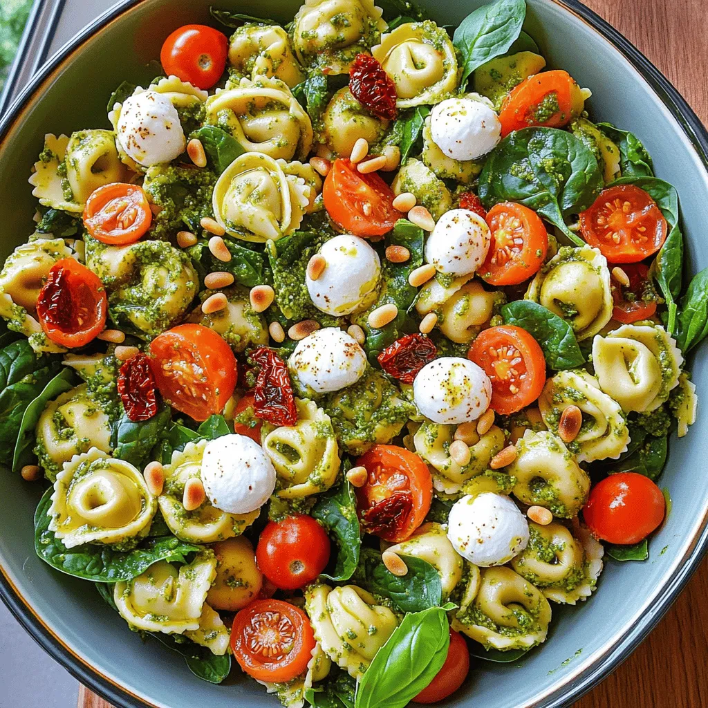 - 12 oz cheese tortellini (fresh or frozen) - 1 cup cherry tomatoes, halved - 1 cup baby spinach, chopped - ½ cup basil pesto (store-bought or homemade) - ¼ cup sun-dried tomatoes, chopped - ¼ cup pine nuts, toasted - ½ cup mozzarella balls, halved - 2 tablespoons olive oil - Salt and pepper to taste - Fresh basil leaves for garnish The heart of this dish is the tortellini. You can use fresh or frozen. Both work well. For the sauce, you can use store-bought pesto. I often make my own for extra flavor. Just blend basil, garlic, nuts, and olive oil. Next, we have cherry tomatoes. They add sweetness and a burst of color. Baby spinach brings freshness and nutrients. Sun-dried tomatoes give a tangy twist. Pine nuts add a lovely crunch. Mozzarella balls are creamy and soft. They balance the dish nicely. Olive oil adds richness. Don’t forget to season with salt and pepper! Fresh basil leaves are a great way to finish your salad. They add color and aroma. - You can add grilled chicken or shrimp for protein. - Swap in different vegetables like bell peppers or zucchini. - Try different nuts like walnuts or almonds for a twist. - Use different pesto flavors, like sun-dried tomato or arugula. This salad is not only tasty but also healthy. Each serving has about 300 calories. It is rich in vitamins A and C from the spinach and tomatoes. The cheese provides calcium, while the nuts add healthy fats. This salad is a balanced meal option. To cook tortellini, first bring a large pot of salted water to a boil. This step helps flavor the pasta. Once the water boils, add 12 ounces of cheese tortellini. Follow the package instructions for cooking time. Usually, it takes about 3-5 minutes for fresh tortellini. Frozen tortellini may take a bit longer. After cooking, drain the tortellini in a colander. Rinsing the tortellini under cold water is important. This stops the cooking and keeps it from getting mushy. Shake off excess water and set it aside to cool. In a big bowl, combine the cooked tortellini, 1 cup of halved cherry tomatoes, 1 cup of chopped baby spinach, and ¼ cup of chopped sun-dried tomatoes. These fresh veggies add color and flavor. For the pesto dressing, take a small bowl and mix ½ cup of basil pesto with 2 tablespoons of olive oil. Stir until smooth. If the mixture is too thick, add a splash of water. This gives it a nice texture for the salad. Pour the pesto dressing over the tortellini and veggies. Toss gently to coat everything well. Be careful not to break the tortellini. After that, add ½ cup of halved mozzarella balls and ¼ cup of toasted pine nuts. Toss again gently to mix them in. Finally, season with salt and pepper to taste. This step is key for flavor. Let the salad sit for at least 15 minutes. This allows the flavors to meld beautifully, making every bite delicious. Pesto Tortellini Pasta Salad shines at gatherings. It’s great for potlucks, picnics, or barbecues. I love serving it as a light lunch or dinner. Pair this salad with crusty bread or a fresh green salad. For drinks, try sparkling water or a crisp white wine. To keep leftovers fresh, store them in an airtight container. I recommend glass containers for better preservation. This salad lasts about three days in the fridge. If you notice the ingredients losing texture, that’s a sign to enjoy it soon! One common mistake is overcooking the tortellini. It should be tender but not mushy. Follow the package instructions closely. Another mistake is using a pesto that doesn’t match your taste. Fresh basil pesto is best. If it’s too thick, mix in a little water for the right consistency. {{image_2}} You can easily add protein to your pesto tortellini salad. Grilled chicken makes a great choice. Just slice it up and mix it in. Shrimp is another tasty option. Cook it quickly on the grill, then toss it in. If you want vegetarian options, try chickpeas or black beans. Both add protein and flavor. Tofu is another great substitute. Just sauté it in a pan until golden brown. These choices keep the salad filling and healthy. If you need a gluten-free version, use gluten-free tortellini. Many brands offer tasty options now. For vegan adaptations, swap cheese tortellini for a vegan type. You can also use nutritional yeast in place of cheese for a cheesy flavor. When it comes to ingredients, feel free to swap out based on what you have. For example, if you can't find sun-dried tomatoes, use roasted red peppers instead. This way, you can enjoy this dish no matter your diet. To make this salad even better, think about adding spices or extra herbs. A pinch of red pepper flakes can add heat. Chopped parsley or cilantro can also brighten up the flavors. Drizzling flavored oils over the top is another great idea. A touch of garlic-infused olive oil or lemon oil can elevate the taste. Just a little can go a long way in making your dish pop. To store your Pesto Tortellini Pasta Salad, put it in an airtight container. This keeps it fresh and stops odors from other foods. The salad lasts in the fridge for about 3 to 5 days. After that, the ingredients may start to lose their taste and texture. Always check for any signs of spoilage before eating. You can freeze tortellini salad, but it's best to eat it fresh. Freezing can change the texture of the ingredients. If you decide to freeze it, use a freezer-safe container. Make sure to remove as much air as possible. This helps avoid freezer burn. The salad can last in the freezer for up to 3 months. To prep ahead of time, cook the tortellini and chop the veggies. Store each component separately in the fridge. This way, you can mix them right before serving. Use airtight containers for best results. You can also make the pesto dressing in advance and store it in a jar. Keep it in the fridge, and it will stay fresh for a week. Tortellini is a type of pasta. It is usually made with flour and eggs. The dough wraps around a filling. Common fillings include cheese, meats, or vegetables. Cheese tortellini is popular and often used in salads. It has a rich and creamy taste that pairs well with sauces. Yes, you can make this salad ahead of time. To prepare in advance, follow these tips: - Cook the tortellini and cool it fully. - Mix the tortellini with vegetables and pesto just before serving. - Store the salad in the fridge for up to 24 hours. - Add fresh mozzarella and pine nuts right before serving. If you want to switch up the flavor, you can use other sauces. Here are some great alternatives: - Sun-dried tomato pesto for a tangy twist. - Spinach or arugula pesto for a fresh taste. - A simple vinaigrette made of olive oil and vinegar. These options can give your salad a unique flavor profile. This article covered a delicious Pesto Tortellini Pasta Salad. We explored key ingredients like tortellini, cherry tomatoes, and pesto. I shared simple steps for cooking and mixing, plus tips for serving and storing. You can swap ingredients to fit your taste and dietary needs. My final thoughts: this salad is easy to customize, making it perfect for any meal. Enjoy making it and sharing with friends and family!