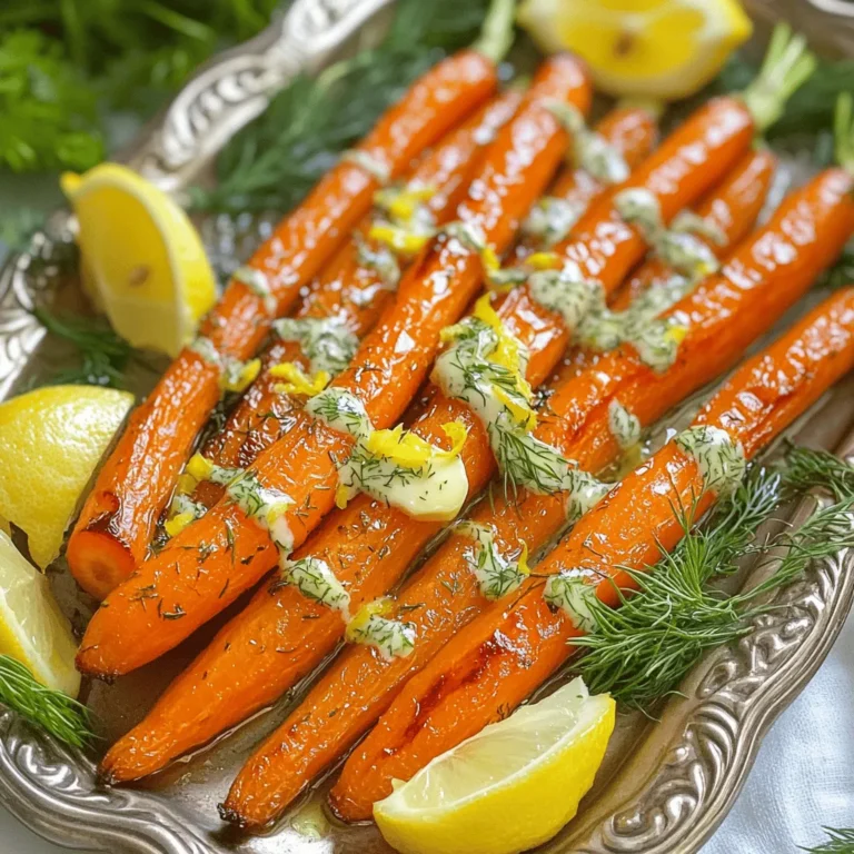 - 1 pound (450g) baby carrots or regular carrots, cut into sticks - 4 tablespoons unsalted butter, melted - 2 tablespoons fresh parsley, finely chopped - 1 tablespoon fresh dill, finely chopped - 1 tablespoon fresh thyme leaves - 2 cloves garlic, minced - 1 teaspoon honey - Salt and pepper to taste - Zest of 1 lemon - Lemon wedges for serving For this recipe, I love using baby carrots. They are sweet and tender. If you can’t find them, regular carrots work too. Just cut them into sticks to match the size. The herb butter is what makes these carrots special. We mix unsalted butter with fresh herbs like parsley, dill, and thyme. Garlic adds a nice kick. Honey gives a touch of sweetness, balancing out the flavors. Don't forget the salt and pepper! They bring out all the tastes. Finally, the lemon zest adds brightness. It’s a simple but powerful addition. Gather these ingredients, and you'll be ready to make a delicious side dish that everyone will love. 1. Preheat your oven. Start by setting it to 425°F (220°C). This helps cook the carrots evenly. 2. Prepare the baking sheet. Line it with parchment paper. This keeps the carrots from sticking and makes cleanup easy. 3. Mix the herb butter ingredients. In a bowl, combine: - 4 tablespoons unsalted butter, melted - 2 tablespoons fresh parsley, finely chopped - 1 tablespoon fresh dill, finely chopped - 1 tablespoon fresh thyme leaves - 2 cloves garlic, minced - 1 teaspoon honey - Salt and pepper to taste - Zest of 1 lemon Stir well until all the ingredients blend nicely. 4. Coat the carrots with herb butter. Add 1 pound of baby carrots to the bowl. Toss them in the herb butter mix until they are well-coated. 1. Spread carrots on the baking sheet. Place the coated carrots in a single layer. This allows them to roast evenly. 2. Recommended roasting time and temperature. Roast the carrots for 20-25 minutes. You want them tender and golden-brown. 3. Tips for half-time stirring. At the halfway mark, take the baking sheet out and stir the carrots. This helps them brown on all sides. Enjoy the wonderful aroma as they roast! - Achieving the perfect caramelization: Caramelization brings out the sweetness in carrots. To get this, roast them at a high heat of 425°F (220°C). The butter helps too, making the carrots golden brown. - Suggested oven temperature adjustments: If you want a softer carrot, you can lower the oven to 400°F (200°C). This takes a bit longer but keeps carrots tender without burning. - Ensuring even cooking of the carrots: Spread the carrots out in a single layer on the baking sheet. This helps them cook evenly. Stir the carrots halfway through cooking. This way, all sides get nice and caramelized. - Additional herbs and spices to consider: You can add other herbs like rosemary or oregano. A pinch of cayenne pepper can give a nice kick. Experiment with your favorite flavors for a twist. - Using alternative sweeteners instead of honey: If you prefer not to use honey, try maple syrup or agave. Both add sweetness and their own unique flavor. Adjust the amount to taste. {{image_2}} You can switch up the vegetables in this dish. Try using parsnips or sweet potatoes. Both add a great flavor. You can also use regular carrots cut into sticks. They will roast just as well. For a vegan version, use olive oil instead of butter. Coconut oil works, too. Both will give your carrots a lovely taste. Just make sure to mix the oil with the herbs like you would with butter. Adding different herbs can change the taste of your dish. Consider using rosemary or basil. These herbs can add a fresh twist. You might even like to mix a few herbs together for more depth. Spices like cayenne or paprika can give your carrots a kick. Just a pinch can add heat and warmth. If you prefer a milder taste, skip the spices. Enjoy the simple, fresh flavor of the herbs and honey. After making herb butter roasted carrots, let them cool. Place the leftovers in an airtight container. Store them in the fridge. They will stay fresh for about 3 to 5 days. If you want to keep them longer, freeze the carrots. Use a freezer-safe bag for best results. They can last up to 3 months when frozen. To reheat the carrots, the oven works best. Preheat it to 350°F (175°C). Spread the carrots on a baking sheet. Heat them for about 10 to 15 minutes. This method keeps their flavor and texture. You can also use a microwave for quick reheating. Place the carrots in a microwave-safe dish. Cover them with a damp paper towel. Heat for 1 to 2 minutes. Check if they are warm enough. If not, heat for a bit longer. Can I use frozen carrots for this recipe? Yes, you can use frozen carrots. However, fresh baby carrots give the best taste. Frozen carrots may not roast as evenly. If you use frozen ones, thaw them first. Pat them dry to remove excess moisture. This helps them caramelize better in the oven. How do I know when the carrots are done roasting? Check the carrots after 20 minutes. They should be tender and golden-brown. You can poke them with a fork. If it goes in easily, they are done. Stir the carrots halfway through cooking for even browning. What meals pair well with herb butter roasted carrots? These carrots go well with many dishes. They are great alongside roasted chicken or beef. They also complement grilled fish and vegetarian meals. Serve them with a fresh salad for a balanced plate. The bright flavors of the carrots enhance any meal. Roasting carrots with herb butter is simple and rewarding. We covered the key ingredients and the steps to make this dish shine. I shared tips for perfect caramelization and flavor enhancements, plus fun variations to try. Remember, adjusting cooking methods can help you achieve great results. Enjoy exploring different herbs and vegetables to keep your meals fresh. With practice, you’ll master this tasty side dish!