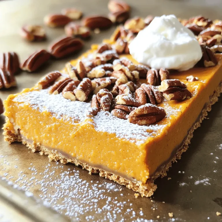 To make these tasty pumpkin pecan pie bars, you need: - 1 ½ cups graham cracker crumbs - ½ cup unsalted butter, melted - ¼ cup brown sugar - 1 can (15 oz) pure pumpkin puree - ½ cup granulated sugar - 2 large eggs - 1 cup heavy cream - 1 teaspoon vanilla extract - 1 teaspoon ground cinnamon - ½ teaspoon nutmeg - ¼ teaspoon salt - 1 cup pecans, chopped These ingredients come together to create a rich, creamy filling and a crunchy crust. If you need to make swaps, here are some ideas: - Use coconut oil instead of butter for a dairy-free version. - Swap brown sugar with coconut sugar for a healthier option. - You can replace heavy cream with coconut cream for a lighter pie. - If you don’t have pecans, walnuts or almonds work well, too. These substitutions still keep the flavor strong and satisfying. To make this recipe easier, gather these tools: - 9x13 inch baking pan - Parchment paper for easy removal - Mixing bowls in various sizes - Whisk for blending ingredients - Measuring cups and spoons for accuracy - Toothpick for checking doneness Having the right tools helps you create these bars smoothly and efficiently. - Preheating the oven Start by preheating your oven to 350°F (175°C). This helps the crust bake evenly. - Mixing graham cracker crust ingredients In a medium bowl, mix 1 ½ cups of graham cracker crumbs, ½ cup of melted unsalted butter, and ¼ cup of brown sugar. Stir until it all blends well. - Baking the crust Press the mixture firmly into the bottom of a 9x13 inch baking pan. Bake for 10 minutes. Let it cool slightly before adding the filling. - Combining wet ingredients In a large bowl, whisk together 1 can (15 oz) of pure pumpkin puree, ½ cup of granulated sugar, and 2 large eggs. Add 1 cup of heavy cream and 1 teaspoon of vanilla extract. Mix until smooth. - Mixing in spices and sugars Add 1 teaspoon of ground cinnamon, ½ teaspoon of nutmeg, and ¼ teaspoon of salt. Stir these spices into the pumpkin mixture until everything is well combined. - Pouring filling over the crust Carefully pour the pumpkin filling over the cooled crust. Spread it evenly with a spatula. - Adding pecans Sprinkle 1 cup of chopped pecans over the top of the filling. This adds a nice crunch and flavor. - Baking time and tips Bake the bars for 30-35 minutes. Check if they are done by inserting a toothpick into the center. It should come out clean. Let the bars cool completely in the pan on a wire rack. Then refrigerate for at least 2 hours before slicing. To get the best texture in your bars, use fresh ingredients. Make sure your pumpkin puree is smooth and thick. This helps make the filling creamy. When mixing, whisk the eggs well. This adds air and lightness to the filling. You want it to be rich but not too dense. Even baking is key for great bars. I suggest using a toothpick test. Insert a toothpick in the center of the bars. If it comes out clean, they are done. If it has wet batter, bake a few more minutes. This simple step helps avoid undercooked centers. You can adjust the sweetness and spice to your liking. If you want sweeter bars, add more sugar. For a spicier kick, increase the cinnamon or nutmeg. Taste the filling before pouring it on the crust. This way, you can make it just right for you. {{image_2}} You can easily make gluten-free pumpkin pecan pie bars. Just swap the graham cracker crumbs with gluten-free crumbs. Look for brands that use rice or almond flour. They will give you a nice texture. Use the same amount as in the recipe. Your bars will taste just as amazing! To make vegan pumpkin pecan pie bars, replace the eggs and heavy cream. Use flaxseed meal mixed with water instead of eggs. Mix one tablespoon of flaxseed meal with three tablespoons of water for each egg. For heavy cream, use coconut cream or almond milk. This keeps the bars creamy and delicious. If you don’t have pecans, you can use other nuts. Walnuts or almonds work great as substitutes. You can chop them up just like the pecans. This gives a different flavor and crunch. You can even skip the nuts altogether for a nut-free version! To keep your pumpkin pecan pie bars fresh, store them in the fridge. Use an airtight container. This helps keep the bars moist. They will last for up to five days. If you want to keep them longer, freezing is a great option. To freeze your bars, first let them cool completely. Cut them into squares. Wrap each piece tightly in plastic wrap. Then, place them in a freezer bag or container. They can stay in the freezer for up to three months. When you are ready to enjoy them, just thaw in the fridge overnight. To reheat, place your bars on a microwave-safe plate. Heat them for about 15-20 seconds. Check if they are warm enough. You can also reheat them in the oven. Preheat to 350°F and warm for about 10 minutes. This keeps the crust crunchy and the filling creamy. Enjoy your tasty treat! Yes, you can use fresh pumpkin. Start by roasting a small pumpkin. Cut it in half, remove the seeds, and bake it at 350°F until soft. This may take about 45 minutes. Once cool, scoop out the flesh and blend it smooth. Fresh pumpkin adds a nice taste, but it can be less sweet. You may need to adjust the sugar in your recipe. The bars are done when the edges are golden and the center is set. Insert a toothpick in the middle. If it comes out clean, the bars are ready. They may still jiggle a bit, but they will firm up as they cool. Remember to let them cool completely before cutting. These bars taste great on their own, but you can add some fun toppings. Try serving them with whipped cream or vanilla ice cream. You can also sprinkle some extra chopped pecans on top for crunch. Dusting the bars with powdered sugar adds a nice touch, too. You now have all the details for delicious pumpkin pecan pie bars. Start with the right ingredients and tools. Follow the step-by-step instructions for the crust and filling. Use tips for the best texture and baking. Explore variations like gluten-free or vegan bars to suit your needs. Store them properly to enjoy later. These treats are sure to please. Happy baking!