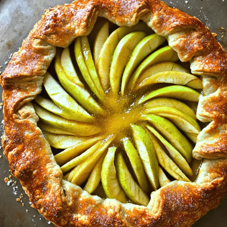 - 3 medium-sized apples (like Granny Smith or Honeycrisp), peeled, cored, and thinly sliced - 1 tablespoon lemon juice - 1/3 cup granulated sugar - 1 teaspoon ground cinnamon - 1 tablespoon all-purpose flour (for the filling) - 1 pre-made pie crust (or homemade if preferred) - 1 egg, beaten (for egg wash) - 1 tablespoon unsalted butter, cut into small pieces - Pinch of salt - Optional: coarse sugar for sprinkling Gathering the right ingredients is key for a great rustic apple galette. Apples are the star here. I love using Granny Smith for their tartness and firmness. Honeycrisp adds a sweet crunch. You want apples that hold up when baked. Lemon juice brightens up the flavors. It helps keep the apples from browning too. Granulated sugar balances the tartness of the apples. Ground cinnamon adds that warm, cozy flavor we all love. The all-purpose flour helps to thicken the filling. It keeps the juices from making the crust soggy. A pre-made pie crust saves time, but feel free to make your own. Don't forget the egg for a shiny crust! Unsalted butter adds richness to the filling. The pinch of salt enhances all the flavors. Lastly, coarse sugar is a nice touch, giving the crust a little sparkle. With these ingredients, you are ready to make a delicious rustic apple galette! 1. Preheat your oven to 400°F (200°C). This helps the crust bake evenly. 2. Line a baking sheet with parchment paper. This keeps the galette from sticking. 3. In a mixing bowl, toss the sliced apples with 1 tablespoon lemon juice. 4. Add 1/3 cup granulated sugar, 1 teaspoon ground cinnamon, 1 tablespoon flour, and a pinch of salt. 5. Stir well to coat the apples evenly. 1. Roll out the pie crust on a lightly floured surface. Aim for a rough circle, about 12 inches wide. 2. Carefully transfer the crust to the prepared baking sheet. 3. Pile the apple mixture in the center of the crust. Leave about a 2-inch border around the edges. 1. Gently fold the crust’s border over the apples. Create pleats for a rustic look. 2. Brush the exposed crust with the beaten egg. This gives it a nice shine. 3. If you like, sprinkle coarse sugar on the crust for extra sweetness. 4. Dot the apples with small pieces of butter. This adds great flavor. 5. Bake in the preheated oven for 35-40 minutes. Look for a golden brown crust and tender apples. 6. Let the galette cool for about 10 minutes before serving. To get the best rustic look, don't worry about perfection. A few cracks and uneven edges add charm. Use your fingers to fold the crust over the apples gently. This makes it look cozy and handmade. For apples, I recommend Granny Smith or Honeycrisp. They are tart and hold their shape well. You can also mix different types for more flavor. Try adding some Fuji or Braeburn apples for sweetness. When serving, slice the galette into wedges. Serve it warm or let it cool to room temp. Place it on a nice plate for a lovely touch. A scoop of vanilla ice cream on top makes it a treat. You can also add a dollop of whipped cream for extra creaminess. Watch out for mixing errors. Make sure the apples are well coated with lemon juice, sugar, and cinnamon. This helps in flavor and texture. For baking, keep an eye on the time. A golden crust is the goal. If the edges brown too fast, cover them with foil. This will help prevent burning while the center cooks. {{image_2}} You can boost the flavor of your rustic apple galette with simple changes. Adding spices like nutmeg or cardamom brings warmth and depth. A pinch of each can change the game. You can also mix in nuts or raisins for added texture. Walnuts or pecans add a nice crunch, while raisins offer a sweet chewiness. Both options make the galette more exciting. If you need a gluten-free option, look for a gluten-free pie crust. Many brands offer tasty choices that work well. You can also make your own from almond or oat flour. For a vegan galette, swap the egg wash with non-dairy milk. Almond or soy milk works great. This keeps the crust golden without using eggs. Using different fruits can add a seasonal touch. In fall, add pears or cranberries for a tart flavor. In summer, try peaches or berries for a fresh twist. Mixing these fruits with apples keeps the galette fun and flavorful. Each season brings new options to explore and enjoy. To keep your Rustic Apple Galette fresh, store leftovers properly. Let the galette cool completely first. Then, wrap it in plastic wrap or foil. This keeps air out and prevents drying. You can also place it in an airtight container. Glass or plastic containers both work well. Make sure the container is clean and dry before use. To enjoy the galette again, you need to reheat it. The best method is to use an oven. Preheat your oven to 350°F (175°C). Place the galette on a baking sheet. Heat for about 10 to 15 minutes. This helps keep the crust crispy. If you want to refresh the crust, brush it lightly with butter before reheating. At room temperature, the galette stays fresh for about one day. If you refrigerate it, it can last 3 to 4 days. Make sure it’s well wrapped to keep it from drying out. Always check for any signs of spoilage before eating. Enjoy your delicious Rustic Apple Galette! To keep your crust crisp, start with dry apples. Moisture from the apples can make the crust soggy. Use a little flour in the filling to absorb extra juices. Here are more tips: - Pre-bake the crust: Bake the crust for 10 minutes before adding the filling. This helps to firm it up. - Use parchment paper: Line your baking sheet with parchment paper. This prevents sticking and helps with air flow. - Avoid overfilling: Make sure not to overload the galette with apples. A good amount is key for a crisp base. Yes, you can make the galette ahead. Here’s how: - Prepare the filling: Toss the apples with lemon juice and spices. Store it in the fridge for up to a day. - Make the crust: You can also prepare the crust and keep it in the fridge. Just wrap it well in plastic wrap. - Assemble before baking: When ready, roll out the crust and fill it. Bake it fresh for the best taste. If you want to switch things up, here are some great options: - Puff pastry: This gives a flaky texture and is easy to work with. - Shortcrust pastry: A simple and rich option that holds up well. - Almond flour crust: For a gluten-free choice, almond flour offers a nutty flavor. Feel free to try different crusts. Each will bring its own charm to your rustic apple galette! To make an apple galette, you need simple, fresh ingredients. Start with apples, lemon juice, sugar, and spices. Prepare your dough and fill it with the apple mixture. Bake until golden. Always remember the tips shared, like choosing the right apples and avoiding common mistakes. You can also try fun twists with spices or seasonal fruits. With these steps, you will enjoy a delicious dessert. Enjoy your time baking and savoring your creation!