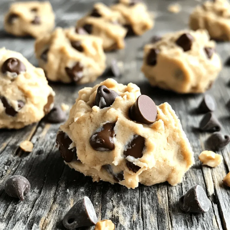 Cottage cheese is the star of this recipe. It adds creaminess and protein. I prefer low-fat cottage cheese for a lighter dough. It blends well with the sweeteners. You get a nice balance of flavor and texture. For sweetness, I use brown sugar and granulated sugar. Brown sugar gives a rich taste. It also adds moisture to the dough. Granulated sugar helps the dough spread and crisp. Together, they create a perfect blend of sweetness. The dry mix includes all-purpose flour, baking soda, and salt. Flour forms the base of the dough. Baking soda helps the cookies rise. Just a little salt brings out the sweetness. This combo is key to a great texture. Chocolate chips make this cookie dough a treat. I love using semi-sweet chips for a classic taste. You can also add chopped walnuts. They add a nice crunch and nutty flavor. Mix-ins make every bite exciting and fun! Start by taking a large bowl. Add 1 cup of cottage cheese. Next, mix in 1/2 cup of brown sugar and 1/4 cup of granulated sugar. Then, pour in 1 teaspoon of vanilla extract. Use a whisk to blend everything until it becomes smooth and creamy. This step is key. It helps to create a rich base for your cookie dough. In a separate bowl, gather your dry ingredients. Mix together 1/2 cup of all-purpose flour, 1/2 teaspoon of baking soda, and 1/4 teaspoon of salt. Stir these ingredients well. This helps to evenly distribute the baking soda and salt. When you combine these with the wet ingredients, it will make the dough rise perfectly. Now, it's time to combine the two mixtures. Gradually add the dry ingredients into the wet mix. Stir gently until just combined. Be careful not to overmix. Overmixing can make the cookies tough. You want a nice, soft dough. Once your dough is mixed, fold in 1/2 cup of chocolate chips. You can also add 1/4 cup of chopped walnuts if you like. Cover the bowl with plastic wrap. Let it chill in the fridge for about 30 minutes. This step firms up the dough, making it easier to scoop. After chilling, scoop out small portions. Roll them into balls. You can serve them right away or store them in an airtight container for up to a week. Enjoy your tasty treat! When making Cottage Cheese Chocolate Chip Cookie Dough, the type of cottage cheese matters. I prefer low-fat cottage cheese for a creamy texture. It blends well with the sugars and gives a nice taste. If you use full-fat, the dough may be richer. However, it’s still a tasty option. Just be aware it could change the dough's overall feel. To get the right texture, mix the wet and dry ingredients carefully. Overmixing can make the dough tough. Combine until just mixed, then fold in the chocolate chips. Chilling the dough is key too. It firms up and makes it easier to shape. A 30-minute chill time works best, but you can chill longer if needed. You can enjoy this cookie dough in many ways. Scoop it straight from the bowl for a tasty treat. You can also roll it into small balls for a fun snack. Try serving it with a scoop of ice cream for a sweet combo. If you want to share, place the dough in an airtight container. It stays fresh in the fridge for up to a week. {{image_2}} You can easily make this recipe healthier. Try using sugar alternatives like honey or maple syrup. You can replace the brown and granulated sugar with these options. For a gluten-free version, swap the all-purpose flour with almond or coconut flour. Both options work well and add unique flavors. You won’t lose taste with these changes; you'll just make it better! To boost the flavor, consider adding vanilla extract or spices. A pinch of cinnamon or nutmeg can add warmth to the dough. You can also try adding a splash of almond extract for a nutty twist. If you love chocolate, a bit of cocoa powder can enhance the chocolate flavor even more. Experiment with these add-ins to find your favorite combo! Nuts can add great texture and taste. Instead of walnuts, you can use chopped pecans or almonds. Pecans give a rich, buttery flavor, while almonds add a nice crunch. You can also skip the nuts if you prefer a smoother dough. Whatever you choose, nuts will add a delightful touch to your cookie dough. Store leftover dough in an airtight container. This keeps it fresh and moist. Make sure the lid seals well. I suggest using plastic wrap first, then a container. This extra layer helps block air. You can enjoy it later! You can freeze the dough for longer storage. Scoop the dough into balls. Place them on a baking sheet. Freeze them for about an hour. Once firm, transfer the balls to a freezer-safe bag. Label the bag with the date. This way, you know when to use them. In the fridge, this dough lasts for about a week. Store it in an airtight container. After that, the dough may not taste as good. If you notice any strange smells, it’s best to toss it. Enjoy your delicious cookie dough while it’s fresh! Yes, cottage cheese is a healthier choice. It adds protein and lowers fat. Traditional cookie dough uses butter, which has more calories. Cottage cheese keeps the dough moist while giving it a creamy texture. Plus, it makes the cookies soft and chewy. You can enjoy a tasty treat without the guilt. Yes, you can eat this cookie dough raw. The recipe uses heat-treated flour, which is safe. Cottage cheese is safe to eat raw as well. Just make sure not to overmix the dough. This will help keep the texture nice. If you want, you can also add a little more chocolate chips for extra flavor. Adjusting the recipe is easy! If you want to make more, simply double the ingredients. For fewer servings, halve the amounts. Use these ratios: - 1 cup cottage cheese - 1/2 cup brown sugar - 1/4 cup granulated sugar - 1 teaspoon vanilla extract - 1/2 cup all-purpose flour - 1/2 teaspoon baking soda - 1/4 teaspoon salt - 1/2 cup chocolate chips - 1/4 cup chopped walnuts (optional) Keep in mind that cooking time might change slightly with different amounts. This blog post covered how to create delicious cookie dough using cottage cheese and other simple ingredients. We explored the right dry and wet ingredients, tips for perfect texture, and fun mix-ins. I shared ideas for healthy swaps and storage methods to keep your dough fresh. Embrace your creativity in the kitchen. Try new flavors and enjoy this treat! Your cookie dough journey is just beginning!