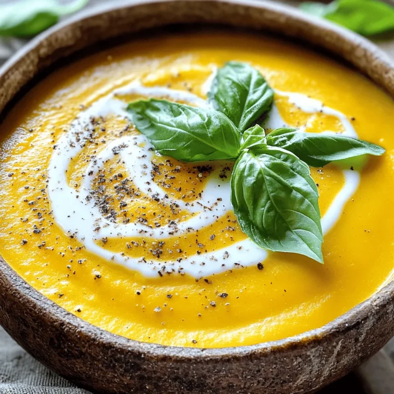 - 1 medium butternut squash, peeled and diced - 1 medium onion, chopped - 3 cloves garlic, minced - 2 tablespoons olive oil - 4 cups vegetable broth - 1 can coconut milk The star of this soup is the butternut squash. It gives a sweet, creamy base. I love using fresh squash for its rich flavor and vibrant color. Next, we have the onion and garlic. These two add a savory depth. Olive oil helps sauté them, making everything fragrant. Vegetable broth brings everything together, adding moisture and flavor. Finally, the coconut milk adds creaminess. It balances the soup perfectly. - 1 teaspoon ground cumin - ½ teaspoon ground nutmeg - Salt and pepper to taste Seasoning is key to great flavor. Ground cumin adds warmth and earthiness. Nutmeg gives a hint of sweetness. I recommend tasting as you go. Adjust salt and pepper to your liking. You can really make this soup yours with the right seasonings. - Fresh basil - Cilantro Garnishes make a dish pop. Fresh basil adds a nice herbal touch. Cilantro brings brightness and freshness. I love adding these on top when serving. They look great and taste even better! - Peeling and dicing the butternut squash: Start by cutting off the ends of the squash. Use a sharp peeler to remove the skin. Cut the squash in half and scoop out the seeds. Then, chop it into small cubes for even cooking. - Chopping the onion: Peel the onion and cut it in half. Lay one half flat and slice it into thin pieces. You want small, even pieces to cook quickly. - Mincing the garlic: Take three cloves of garlic and remove the skin. Use a knife to chop them finely. This will help release their strong flavor in the soup. - Sautéing onions and garlic: In a large pot, add two tablespoons of olive oil. Heat it on medium. Once hot, add the chopped onion. Cook for 5-7 minutes until the onion is soft and clear. Add the minced garlic and stir for one minute. - Adding squash and broth: Toss in the diced squash and pour in four cups of vegetable broth. Add one teaspoon of ground cumin and half a teaspoon of ground nutmeg. Bring this mixture to a boil. Then, reduce the heat and let it simmer for 20-25 minutes. The squash should be fork-tender when done. - Blending the soup: Once the squash is soft, take the pot off the heat. Use an immersion blender to blend the soup until smooth. If you don't have one, carefully transfer the soup to a high-speed blender in batches. - Stirring in coconut milk: After blending, return the soup to the pot. Open one can of coconut milk and pour it in. Stir well to combine. - Adjusting seasonings: Taste the soup and add salt and pepper as needed. You can adjust the flavors to suit your taste. - Serving suggestions: Serve the soup hot in bowls. If you like, garnish with fresh basil or cilantro for a pop of color and flavor. Enjoy your rich and creamy vegan butternut squash soup! To get a smooth soup, I use an immersion blender. It blends right in the pot, which saves time and mess. If you don't have one, blend in batches using a regular blender. Just be careful with hot soup! This method helps achieve creaminess and a silky finish. Spices can really lift the flavor. I love adding ground cumin and nutmeg. They add warmth and depth. You can also try fresh herbs like thyme or rosemary for a different twist. Experiment to find your favorite mix! Pre-cut veggies save a lot of time. You can find these at many grocery stores. Using canned coconut milk also speeds things up. It adds creaminess without needing to make your own. These tips help make cooking fun and quick! {{image_2}} You can change the milk to fit your taste. Here are some great options: - Almond milk - Soy milk - Oat milk If you want to add more veggies, try these: - Carrots for sweetness - Sweet potatoes for an earthy taste - Spinach for a boost of greens Want some spice? Adding ginger gives a warm kick. Just a teaspoon can change the soup. If you like sweet flavors, add an apple. It makes the soup sweeter and pairs well with butternut squash. If you avoid gluten, use gluten-free broth. Most vegetable broths are safe. For nut-free options, stick with coconut milk. It’s creamy and safe for most diets. Always check labels to avoid hidden allergens. To keep your soup fresh, let it cool first. Once cool, pour it into airtight containers. Glass jars or food-safe plastic containers work best. Seal them tightly to prevent air from getting in. Store the soup in the fridge for up to five days. If you do not finish it by then, consider freezing it. To freeze the soup, follow these steps. First, let the soup cool completely. Then, use freezer-safe containers or heavy-duty freezer bags. Leave some space at the top of the container for expansion. When ready to eat, take it out of the freezer. Thaw it in the fridge overnight or use the microwave on low. Reheat it gently on the stove until warm. Stir to ensure an even heat. This soup can last in the fridge for about five days. If frozen, it stays good for three months. Always check for signs of spoilage. Look for changes in color or smell. If the soup has an off smell or unusual texture, it is best to toss it out. Enjoy your rich and creamy delight safely! Yes, you can make this soup ahead. To prepare in advance, cook the soup as usual. Allow it to cool and then store it in an airtight container. Keep it in the fridge for up to four days. You can also freeze it for up to three months. Just thaw it overnight in the fridge before reheating. You can pair this soup with many sides. Here are some great options: - Crusty bread or rolls - A fresh green salad - Roasted vegetables - Grilled cheese sandwiches - Quinoa or rice for added texture Absolutely! You can adjust the soup to fit your taste. Here are some fun ideas: - Add a pinch of chili powder for spice. - Mix in some ginger for a warm flavor. - Toss in roasted garlic for depth. - Use apple for a hint of sweetness. - Top with your favorite herbs like parsley or thyme. In this blog post, I covered how to make a hearty vegan butternut squash soup. You learned about the main ingredients, from butternut squash to coconut milk, and how to prepare them step by step. I shared tips for great texture and flavor, along with storage info and variations to suit your taste. Enjoy making this soup as it's warm, tasty, and easy. Customize it to fit your needs and savor every bite!