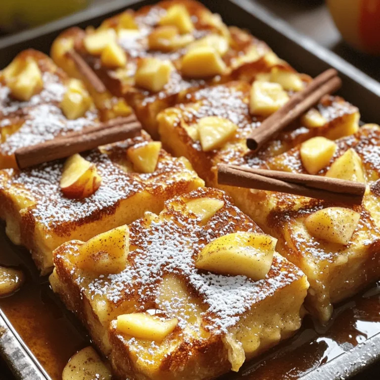 - 8 slices of thick bread (challah or brioche) - 3 medium apples, peeled, cored, and diced - 4 large eggs - 2 cups milk - 1/4 cup brown sugar - 1 teaspoon vanilla extract - 1 teaspoon ground cinnamon - 1/4 teaspoon nutmeg - 1/4 cup chopped walnuts - Maple syrup, for serving Gathering the right ingredients makes all the difference. For this Apple Cinnamon French Toast Bake, choose thick slices of challah or brioche. These types of bread soak up the egg mixture well, giving you a soft and fluffy bake. You need three apples, too. I prefer a mix of sweet and tart apples, like Honeycrisp and Granny Smith. The sweetness from the brown sugar and cinnamon will balance the tartness perfectly. Next, grab four large eggs and two cups of milk. These are the base for your custard. They create a rich, creamy texture. For flavor, brown sugar, vanilla extract, ground cinnamon, and nutmeg are essential. These spices bring warmth and depth to your dish. You can adjust them based on your taste. If you like some crunch, add walnuts. They lend a nice texture. Serve your bake with maple syrup for that classic touch. Enjoy! - Preheat your oven to 350°F (175°C) and grease a 9x13-inch baking dish with butter. - Cut 8 slices of thick bread into cubes. Place half of the cubes in the dish. - In a medium bowl, mix 3 diced apples with 1 tablespoon of brown sugar and 1/2 teaspoon of cinnamon. - Layer this apple mixture over the bread cubes in the baking dish. - In a large bowl, whisk together 4 eggs, 2 cups of milk, 1/4 cup of brown sugar, 1 teaspoon of vanilla, 1 teaspoon of cinnamon, and 1/4 teaspoon of nutmeg. - Pour this egg mixture over the layered bread and apples. Press down gently to soak the bread. - If you like, sprinkle 1/4 cup of chopped walnuts on top. - Cover the dish with foil and let it sit for about 15 minutes. - Remove the foil and bake for 35-40 minutes, until the top is golden brown. - Let it cool for a few minutes before slicing. Serve warm with maple syrup drizzled on top. Soaking the bread well is key for a great texture. You want every piece to soak up the egg mixture. This helps create a soft center while the top gets a nice crunch. Aim for at least 15 minutes of soaking. Bake at 350°F (175°C) for 35-40 minutes. Keep an eye on it towards the end. You want a golden top and a slight jiggle in the center. This means it’s perfectly cooked. You can adjust the spices to match your taste. If you love cinnamon, add more! You might also try a pinch of ginger or allspice for a twist. To balance sweetness, choose tart apples like Granny Smith. They add a nice contrast to the sweet egg mixture. Mixing sweet and tart apples can create a rich flavor. For serving, use a large platter to show off your bake. Dust with powdered sugar for a sweet touch. Garnish with extra apple slices and a few cinnamon sticks. This adds color and makes your dish look inviting. A drizzle of maple syrup on top is a must for serving. {{image_2}} You can change the bread to make this dish even better. Sourdough or whole grain bread adds a nice texture. They soak up the egg mixture well. If you need gluten-free options, use gluten-free bread. Many brands taste great and work just as well in this recipe. You can mix in other fruits too. Berries like strawberries or blueberries add a pop of color and flavor. Sliced bananas also work well and make it sweeter. For some crunch, try using different nuts. Almonds or pecans can replace walnuts for a new twist. You can create fun twists for the holidays. Add cranberries for a festive touch in winter. In fall, try using pumpkin spice instead of cinnamon. Seasonal spices like ginger and allspice can give this dish a warm flavor. To store leftovers, let the dish cool first. Place any remaining French toast bake in an airtight container. Store it in the refrigerator for up to three days. When you want to enjoy it again, simply reheat it. You can use the microwave or the oven. If using the microwave, heat individual portions for one to two minutes. If using the oven, preheat it to 350°F (175°C) and warm for about 10-15 minutes. For long-term storage, you can freeze the French toast bake. Cut it into squares and wrap each piece tightly in plastic wrap. Place the wrapped pieces in a freezer-safe bag or container. They will stay fresh for up to three months. When you’re ready to eat, thaw the pieces in the refrigerator overnight. To reheat, follow the same steps as for short-term storage. Enjoy your delicious breakfast anytime! Yes, you can prepare this dish the night before. Just follow these steps: - Assemble the French toast bake in the baking dish. - Cover it tightly with plastic wrap or foil. - Place it in the fridge overnight. This helps the bread soak up the egg mixture. In the morning, just bake it straight from the fridge. To make this dish dairy-free, you can swap out the milk and eggs. Use these easy substitutions: - Replace milk with almond milk, oat milk, or coconut milk. - For eggs, use 1/4 cup of unsweetened applesauce for each egg. These changes keep the flavor while making it suitable for dairy-free diets. For the best taste, use a mix of sweet and tart apples. Here are my top picks: - Honeycrisp apples for sweetness. - Granny Smith apples for tartness. These apples balance each other well, giving your French toast bake a full flavor. This recipe is simple and full of flavor. You learned about essential ingredients like thick bread, apples, and eggs. Adding spices and optional toppings sets it apart. Following the step-by-step instructions ensures you create a tasty dish. Plus, with tips on storage and variations, you can tailor it to your taste. Enjoy this recipe for breakfast, brunch, or any meal. I hope you feel confident in making it your own!