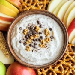 To make this dip, you need just a few main ingredients: - 1 cup plain Greek yogurt - 1/4 cup almond butter (or peanut butter) - 1/4 cup maple syrup (or honey) - 1/2 teaspoon vanilla extract - 1/4 teaspoon salt - 1/2 cup mini chocolate chips These ingredients come together to create a smooth and creamy base. The Greek yogurt adds protein and tang, while the almond butter gives a rich flavor. Maple syrup or honey sweetens the dip, and vanilla extract adds warmth. For added texture and flavor, consider mixing in: - 1/4 cup finely chopped walnuts Chopped walnuts bring crunch and a nutty taste. You can skip this if you want a nut-free option. Now, let’s talk about what to dip! Here are some tasty ideas: - Sliced apples - Pretzels - Graham crackers These dippers balance the sweet dip. Apples add freshness, pretzels give a salty crunch, and graham crackers bring a classic touch. You can even mix and match for fun! Start by gathering your ingredients. In a mixing bowl, add: - 1 cup plain Greek yogurt - 1/4 cup almond butter (or peanut butter) - 1/4 cup maple syrup (or honey) - 1/2 teaspoon vanilla extract - 1/4 teaspoon salt Mix these together using a whisk or spatula. Blend until the mix is smooth and creamy. This base is key for the dip's texture and taste. Now, gently fold in the mini chocolate chips and optional walnuts. Make sure they spread evenly throughout the mixture. This step adds fun texture and flavor to your dip. Taste it to see if it's sweet enough. If not, add more maple syrup to suit your taste. Transfer the dip to a serving bowl. Cover it and place it in the fridge for at least 30 minutes. Chilling helps the flavors blend better. When you're ready to serve, take it out and place it on the table. Serve it with assorted dippers like sliced apples, pretzels, or graham crackers. For a nice touch, sprinkle some extra chocolate chips and walnuts on top. Enjoy your tasty snack! To make the best Cookie Dough Greek Yogurt Dip, focus on balance. Use plain Greek yogurt for a creamy base. Almond butter adds a nutty taste. Maple syrup gives sweetness without being too heavy. Mix in vanilla extract for warmth. A pinch of salt enhances all the flavors. Each ingredient plays a role in creating depth. If you want a stronger nut flavor, add more almond butter. Experiment with different nut butters for fun twists. A dip is more than just taste; it needs to look good too. Transfer your dip to a nice bowl. Sprinkle extra mini chocolate chips on top. Add chopped walnuts for crunch and color. Arrange your dippers around the bowl. Use colorful fruits like apples and strawberries. Pretzels and graham crackers add variety. This makes the dip inviting and fun. Guests will love the look before they even taste it! Sweetness can vary based on personal taste. Start with 1/4 cup of maple syrup. After mixing, taste your dip. If it needs more sweetness, add a little more syrup. Mix well after each addition. Remember, you can always add more but can’t take it out. For a healthier option, consider using ripe bananas or applesauce. This adds sweetness without added sugars. Find the right level that makes you happy! {{image_2}} You can make this dip healthier by swapping some ingredients. Try using low-fat Greek yogurt for fewer calories. Instead of almond butter, you can use sunflower seed butter. This option is nut-free and still creamy. You can also use agave syrup instead of maple syrup. This change cuts down on sugar while keeping the sweetness. Want to mix things up? You can add flavor to your dip. Try adding a pinch of cinnamon for warmth. Or, add a bit of cocoa powder for a chocolate twist. If you love fruit, consider mixing in mashed bananas or pureed strawberries. These add great taste and a fun color! What you dip in matters too. For a special treat, try themed dippers. Use cookies for a dessert vibe, like chocolate chip or graham crackers. For a healthier choice, slice up some strawberries or bananas. You can even use pretzel sticks for a salty crunch that pairs well with the sweet dip. Store your Cookie Dough Greek Yogurt Dip in an airtight container. It stays fresh in the fridge for up to five days. I recommend chilling the dip for at least 30 minutes before serving. This helps the flavors mix well. You can freeze this dip if you want to save some for later. Place it in a freezer-safe container, leaving some space at the top. The dip can last in the freezer for up to three months. When you are ready to use it, thaw it in the fridge overnight. If you have leftovers, try to keep them covered. Use plastic wrap or a lid. Before serving again, give it a good stir. You might want to add a bit more sweetener if the taste has changed. Always check for freshness before enjoying! Yes, you can use any type of yogurt. Greek yogurt has a thick texture. If you use regular yogurt, the dip might be thinner. Choose a yogurt that you enjoy. For a dairy-free option, try coconut yogurt. It adds a nice twist to the flavor. The dip lasts about five days in the fridge. Store it in an airtight container. This keeps it fresh and tasty. Always check for any off smells or changes in texture before eating. If it looks good, it’s likely still fine. You can use many fun dippers! Try pretzels for a salty crunch. Graham crackers add a sweet touch. You can even use cookies for extra cookie dough flavor. Carrot sticks or celery also work for a healthy option. Be creative and mix it up! This blog post covered how to make a delicious Cookie Dough Greek Yogurt Dip. You learned about the main ingredients, optional mix-ins, and the best dippers to use. The step-by-step guide made it easy to prepare and serve. I shared tips for flavor, presentation, and sweetness. We also explored fun variations and storage tips. Enjoy your tasty dip at your next gathering. It's simple, fun, and sure to impress!