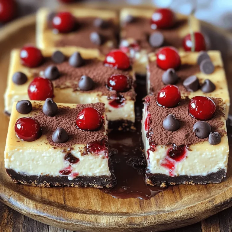 - 1 ½ cups graham cracker crumbs - ½ cup unsalted butter, melted - 2 cups cream cheese, softened - 1 cup granulated sugar - 2 large eggs - 1 teaspoon vanilla extract - 1 cup sour cream - 1 cup fresh or frozen cherries, pitted and roughly chopped - ½ cup semi-sweet chocolate chips - 2 tablespoons cornstarch - Pinch of salt When measuring graham cracker crumbs, use a dry measuring cup. Pack the crumbs lightly for accuracy. For the butter, make sure it is fully melted for a smooth crust. Use full-fat cream cheese for the best texture in your cheesecake. Always soften cream cheese before mixing to avoid lumps. Fresh cherries give a nice bite, but frozen ones work well too. Just make sure to thaw and drain them before use. If you have no graham crackers, use crushed vanilla wafers or digestive biscuits. You can swap unsalted butter for coconut oil if you prefer a dairy-free option. For a lighter cheesecake, try Greek yogurt in place of sour cream. You can also use almond or oat milk cream cheese as a dairy-free alternative. If you want less sugar, use a sugar substitute like erythritol, but adjust to taste. 1. Preheat the Oven: Set your oven to 325°F (160°C). Grease an 8x8-inch baking pan. You can also line it with parchment paper. This will help when removing the bars later. 2. Make the Crust: In a bowl, mix 1 ½ cups of graham cracker crumbs with ½ cup of melted butter. Press this mixture firmly into the bottom of the pan. It should be even. Bake for 8 minutes, then take it out and let it cool a bit. 3. Prepare the Cheesecake Filling: In a large bowl, beat 2 cups of softened cream cheese with an electric mixer. Mix until smooth. Gradually add 1 cup of granulated sugar while mixing. 4. Add Eggs and Flavorings: Mix in 2 large eggs, one at a time. Make sure each egg is fully mixed before adding the next. Now, add 1 teaspoon of vanilla extract, 1 cup of sour cream, 2 tablespoons of cornstarch, and a pinch of salt. Mix until everything is creamy and smooth. 5. Fold in Cherry and Chocolate Chips: Gently fold in 1 cup of chopped cherries and ½ cup of semi-sweet chocolate chips. Be careful not to overmix. You want some cherry pieces to stay intact. 6. Pour and Bake: Pour the cheesecake mixture over the cooled crust. Smooth the top with a spatula. Bake in the preheated oven for 30-35 minutes. The edges should be set, but the center should jiggle a bit. 7. Cool and Chill: After baking, take it out and let it cool at room temperature. Once cool, refrigerate it for at least 4 hours. Chilling overnight is best to make the bars firm. 8. Slice and Serve: When ready, lift the bars out of the pan using the parchment paper edges. Cut into squares and serve chilled. For a nice touch, sprinkle cocoa powder or drizzle chocolate sauce on top. Fresh cherries make a lovely garnish! - Overmixing the filling: This can create a tough texture. Mix just until smooth. - Not cooling the crust: Let it cool before adding the filling. This helps keep the layers separate. - Skipping the chill time: Refrigerate the bars for at least four hours. This helps them set well. - Add a splash of almond extract: This gives the bars a nice depth of flavor. - Use different chocolate: Try dark chocolate or white chocolate for a fun twist. - Mix in some spices: A pinch of cinnamon or nutmeg can add warmth and richness. - Use colorful plates: Bright plates make the bars pop. - Garnish with whipped cream: A dollop of cream adds texture and looks beautiful. - Add fresh mint leaves: A sprig of mint adds color and a fresh scent. {{image_2}} You can change the fruit in these cheesecake bars. Try using raspberries, blueberries, or strawberries. Each fruit adds a new flavor. Cherries are sweet and tart, while raspberries bring a bright note. Blueberries add a mild sweetness. Strawberries give a classic taste. Choose your favorite fruit for a twist! You don’t have to stick to semi-sweet chocolate chips. Dark chocolate chips give a richer flavor. White chocolate chips add sweetness and creaminess. You can even mix chocolates for a fun blend. Each type will change the taste and feel of your bars. You can easily make these bars gluten-free. Use gluten-free graham crackers for the crust. For a dairy-free version, swap cream cheese and sour cream for dairy-free options. Look for nut-based or soy cream cheese. These changes keep the bars tasty without gluten or dairy. Enjoy your treats no matter your dietary needs! To keep your cherry chocolate chip cheesecake bars fresh, store them in the fridge. Use an airtight container to prevent drying out. If you cut them into squares, place parchment paper between layers. This keeps them from sticking together. Make sure the bars are completely cool before you store them. If they are warm, they may sweat and become soggy. These cheesecake bars stay fresh in the fridge for about 5 days. If you want to keep them longer, you can freeze them. Wrap each square tightly in plastic wrap. Then place them in a freezer-safe bag or container. They will stay good for about 3 months in the freezer. When you are ready to eat them, thaw them in the fridge overnight. You can enjoy these bars cold, but if you prefer them warm, here is what to do. Preheat your oven to 300°F (150°C). Place the bars on a baking sheet. Heat them for about 10 minutes or until warm. Keep an eye on them to avoid overcooking. Enjoy your warm cherry chocolate chip cheesecake bars as a sweet treat! Yes, you can use frozen cherries. They work well in this recipe. Just thaw and drain them first. This step helps prevent extra moisture. Frozen cherries also add great flavor. Their sweetness pairs well with the cheesecake. Check the edges of the bars. They should be set and look firm. The center will still jiggle slightly. This jiggle is okay. It firms up as it cools. A toothpick test helps too. Insert it in the center; it should come out mostly clean. Absolutely! You can prepare these bars a day or two ahead. Just store them in the fridge. They taste even better after chilling. This time lets the flavors meld. When ready, cut and serve. Enjoy the delicious treat with friends and family! In this guide, we covered key ingredients for your cheesecake bars, plus tips for quality. I shared step-by-step instructions for preparation, baking, and serving. We also discussed common mistakes and ways to enhance flavor. Explore variations with different fruits and chocolate for your taste. Finally, I provided storage advice to keep your bars fresh. Enjoy making delicious cheesecake bars that impress!