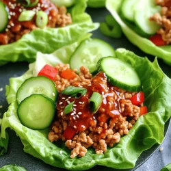 - Ground chicken - Sriracha sauce - Honey - Soy sauce - Sesame oil - Green onions - Red bell pepper - Carrot - Cucumber - Garlic - Ginger - Lettuce leaves - Sesame seeds - Salt and pepper In this recipe, we use ground chicken as the base. It's lean and cooks quickly. Sriracha sauce adds heat, while honey brings sweetness. Soy sauce gives a salty depth, and sesame oil adds a nutty flavor. Fresh green onions, red bell pepper, and grated carrot add crunch and color. Cucumber offers a cool bite, while garlic and ginger provide a fragrant kick. For the wrap, we use large lettuce leaves. Iceberg or butter lettuce works best. Finish with sesame seeds for a bit of texture and extra flavor. This mix of ingredients creates a dish that is bright, tasty, and fun to eat. Each bite bursts with flavor and crunch, making these wraps a delightful meal. Start by heating a large skillet over medium heat. Pour in the sesame oil. Add the minced garlic and ginger. Sauté them for about 30 seconds until they smell amazing. Next, add the ground chicken to the skillet. Use a spatula to break it up as it cooks. Brown the chicken for about 5 to 7 minutes until it's no longer pink. Now, it’s time to make the sauce! Stir in the Sriracha sauce, honey, and soy sauce. Mix well to coat the chicken evenly. Season with salt and pepper to taste. Let the mixture simmer for 2 to 3 minutes. This helps thicken the sauce and bring all the flavors together. Next, add the diced bell pepper, grated carrot, and chopped green onions to the skillet. Stir everything together and cook for another 2 to 3 minutes. This will soften the veggies just a bit while keeping them crisp. It’s all about that perfect texture balance! Adjusting Sriracha lets you control the heat. Start with one tablespoon if you prefer less spice. You can always add more later. The balance of sweet and savory is key. Honey adds sweetness, while Sriracha brings heat. Mix them well to create a sauce that hits all the right notes. Garnish your wraps with sesame seeds. This adds a nice crunch and a nutty flavor. Consider pairing these wraps with a side of rice or a fresh salad. The coolness of the salad complements the heat of the chicken. For sautéing chicken, use medium heat. This helps the chicken cook evenly and brown nicely. Make sure to break it up well with your spatula. For crisp vegetables, add them near the end of cooking. They should stay vibrant and crunchy, not mushy. {{image_2}} You can switch up the protein in these wraps. Ground turkey works well. It gives a leaner option with great flavor. Tofu is a perfect choice for vegans. It absorbs the sauce nicely. If you crave seafood, shrimp makes a tasty addition. For a heartier choice, try using ground beef. Each protein brings its unique taste and texture. Don't hesitate to play with veggies. You can add shredded cabbage for crunch. Chopped mushrooms lend a savory depth. Try diced zucchini or squash for a fresh twist. If you like heat, toss in some sliced jalapeños. Adding spicy elements can enhance the dish. These choices keep your wraps vibrant and full of life. Feel free to explore other sauces too. Hoisin sauce adds a sweet depth to your wraps. For a tangy twist, use teriyaki sauce. If you want a milder version, reduce the Sriracha. You could add more honey for sweetness. Adjust the sauces to fit your taste buds. This way, you can make each wrap unique and delicious. To store leftovers, place the chicken filling in an airtight container. Keep it in the fridge right away. This helps keep the chicken fresh. You can enjoy the leftovers within 3 days. Make sure to keep the lettuce leaves separate until you’re ready to eat. For best results, freeze the chicken filling only. Avoid freezing the lettuce, as it can get soggy. Use a freezer-safe bag or container. When you’re ready to eat, thaw the chicken in the fridge overnight. Reheat it on the stove over low heat until warm. You can also microwave it for 1-2 minutes. You can prep the chicken filling ahead of time. Cook it and let it cool. Then, store it in the fridge for quick meals. Just grab your lettuce leaves and fill them when you're ready to eat. This makes it easy to enjoy a tasty meal in minutes. Yes, you can prepare these wraps in advance. To do this, cook the chicken mixture as the recipe states. Let it cool, then store it in an airtight container in the fridge. This keeps it fresh for up to three days. When you're ready to eat, just reheat the chicken in a skillet. Serve it in fresh lettuce leaves, and enjoy! Absolutely! To make this recipe gluten-free, simply substitute soy sauce with tamari. Tamari is a gluten-free soy sauce that offers the same flavor. You can also use coconut aminos for a sweeter taste. Both options work great in this dish, keeping it tasty and gluten-free. These wraps pair well with many sides. Consider serving them with rice or quinoa for a filling meal. You can also add a side salad for some crunch. For drinks, try iced tea or sparkling water with a slice of lemon. These options enhance the flavors and make your meal complete. This blog post covered the key steps to making Sriracha Honey Chicken Lettuce Wraps. We started with a list of fresh ingredients before diving into how to prepare the filling and combine flavors. I shared tips for balancing tastes and suggested variations to keep meals exciting. Remember to store leftovers wisely and try pre-prepping for easy meals. Enjoy your tasty wraps, and don’t hesitate to experiment with different flavors or proteins to make it your own!
