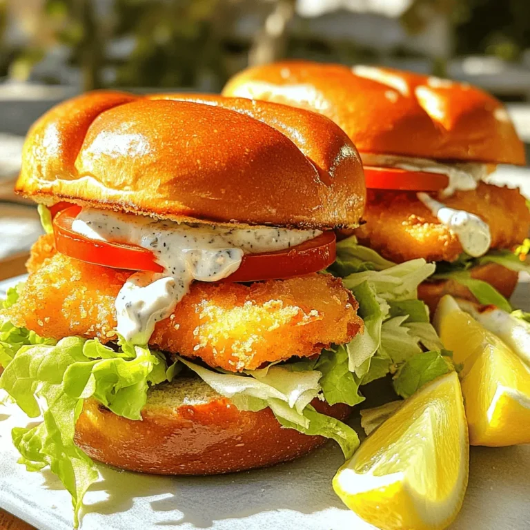 - 2 large white fish fillets (such as cod or tilapia) - 1 cup buttermilk - 1 cup all-purpose flour - 1 teaspoon paprika - 1 teaspoon garlic powder - 1 teaspoon onion powder - 1/2 teaspoon cayenne pepper (adjust to taste) - Salt and pepper to taste - 4 whole wheat or brioche burger buns - 1 cup shredded lettuce - 1 ripe tomato, sliced - 1/4 cup tartar sauce - Lemon wedges for garnish Gathering the right ingredients is key to making these crispy fish sandwiches. First, you need white fish fillets. Cod and tilapia work great. They are easy to find and cook well. Buttermilk is next. It helps to tenderize the fish and adds flavor. You also need a mix of spices for coating. Paprika, garlic powder, onion powder, cayenne pepper, salt, and pepper will create a tasty crunch. For the sandwich, get some buns. Whole wheat or brioche adds a nice touch. You’ll want fresh toppings. Shredded lettuce and sliced tomatoes add color and crunch. Lastly, grab some tartar sauce for a creamy finish. Lemon wedges will brighten the dish and enhance flavors. With these ingredients on hand, you are ready to create a meal that will impress! Marinating the fillets Start by placing the fish fillets in a bowl. Pour the buttermilk over the fillets. This step helps make the fish tender. Let it marinate for at least 30 minutes. You can let it sit longer in the fridge if you want more flavor. Preparing the coating mixture In a shallow dish, mix the flour, paprika, garlic powder, onion powder, cayenne pepper, salt, and pepper. This coating gives the fish its crispy texture. Make sure to mix these well so every bite is tasty. Coating the fish properly Once marinated, take the fish out. Allow the extra buttermilk to drip off. Now, dredge each fillet in the flour mixture. Ensure each piece is fully coated. Shake off any excess flour for a nice, even crust. Preheating the air fryer Before cooking, preheat your air fryer to 400°F (200°C) for about 5 minutes. This step ensures that your fish cooks evenly and gets that golden crisp. Cooking the fish fillets Lightly spray the air fryer basket with oil. Place the coated fish fillets inside in a single layer. You may need to cook in batches if your air fryer is small. Spray the tops of the fillets with a bit of oil. Cook for 10-12 minutes, flipping halfway through. The fish should be golden brown and crispy. Ensuring optimal crispiness Check the fish after cooking. It should be crispy on the outside. If it needs more time, keep cooking in 2-minute increments. The goal is a perfect crunch without drying out the fish. Toasting the buns While the fish cooks, toast your buns. You can use a toaster or a skillet. Toast until they are golden brown. This adds a nice texture to your sandwich. Adding toppings and sauces Spread tartar sauce on the bottom of each bun. After that, place a crispy fish fillet on top. Add some shredded lettuce and tomato slices for freshness. Feel free to add more tartar sauce if you like. Serving suggestions Close the sandwich with the top bun. Serve the sandwiches right away. Don’t forget to add lemon wedges on the side for a zesty touch. Enjoy your tasty fish sandwich! - Best practices for coating: Make sure the fish is dry before coating. Dredge it in the flour mix evenly. This helps create a nice crust. - Oil usage for air frying: Use a light spray of oil on both the fish and the air fryer basket. This helps get crispier results. - Cooking times and temperature adjustments: Cook at 400°F for 10-12 minutes. Flip halfway through for even browning. Adjust time for thicker fillets. - How long to marinate for maximum flavor: Marinate the fish for at least 30 minutes. You can go up to 2 hours for more flavor and tenderness. - Alternatives to buttermilk: You can use yogurt or milk with vinegar as a substitute for buttermilk. These options also add great taste. {{image_2}} You can switch out the cod or tilapia for other types of fish. Good substitutes include halibut, catfish, or even salmon. These fish have great textures and flavor. For a stronger taste, try mackerel or trout. Each fish type works well with the seasoning mix. Adjust the spices to match the fish you choose. This way, you can discover new flavors each time you cook. You can turn your crispy fish sandwich into a wrap. Just use a large tortilla instead of a bun. Add your favorite toppings, like coleslaw or pickles. For a twist, try adding mango salsa or avocado. These give a fresh taste to your meal. If you want a healthier option, consider using lettuce leaves as a bun. This cuts down on carbs while keeping the dish tasty. To keep your leftover fish sandwiches fresh, store them in the fridge. Place them in an airtight container. This helps keep the fish from drying out. They will stay good for up to two days. If you want to save them longer, try freezing. Wrap each sandwich in plastic wrap, then place in a freezer bag. This way, they can last for up to three months. Just remember to label the bags with the date! To reheat your fish sandwiches, you can use an air fryer or oven. Both methods help keep the fish crispy. If using an air fryer, set it to 350°F (175°C). Heat for about 5-7 minutes. If using an oven, set it to 350°F (175°C) and heat for about 10 minutes. Check to make sure the fish is heated through. You want it warm, not dried out. Enjoy your tasty meal just like it was fresh! Can I use frozen fish fillets? Yes, you can use frozen fish fillets. Just make sure to thaw them first. This step helps the fish cook evenly. After thawing, pat them dry before marinating. This helps the coating stick better. What can I substitute for tartar sauce? If you don’t have tartar sauce, try using mayonnaise. You can also mix mayonnaise with lemon juice and herbs. This gives a fresh taste. Other options include aioli or a simple yogurt sauce. How do I know when the fish is done? The fish is done when it is golden brown and crispy. You can also check the inside. It should be opaque and flake easily with a fork. If you have a food thermometer, aim for 145°F (63°C) for safety. How does an air fryer work? An air fryer cooks food by circulating hot air. This gives food a crispy texture without using much oil. It’s like a mini oven that cooks faster and healthier. The hot air reaches all sides of the food for even cooking. Do I need special equipment for air frying? You only need an air fryer. Most models come with a basket or tray. Some may have extra racks for cooking multiple items. Make sure to read your air fryer’s manual for best results. To sum up, we've explored how to make a delicious air fryer fish sandwich. You learned about the key ingredients, from fish fillets to tasty toppings. I shared tips on marinating, coating, and getting that perfect crisp. You also saw variations, storage tips, and answered common FAQs. Now, you can create your own fish sandwich at home. Enjoy experimenting and making it your own! Happy cooking!