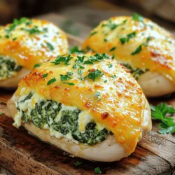 - 4 boneless, skinless chicken breasts - 2 cups fresh spinach, chopped - 1 cup ricotta cheese - 1 cup shredded mozzarella cheese - 1/4 cup grated Parmesan cheese - 2 cloves garlic, minced - 1 teaspoon onion powder - 1 teaspoon Italian seasoning - Salt and pepper, to taste - 2 tablespoons olive oil - 1/2 teaspoon crushed red pepper flakes (optional) - Fresh parsley, for garnish In this recipe, each ingredient plays a key role. The chicken is the star. It holds the cheesy goodness inside. Spinach adds a healthy touch and nice color. The cheeses bring creaminess and flavor. Garlic adds depth, while herbs give it character. If you want a twist, try different cheeses. Goat cheese or cream cheese can work well. For spinach, you can use frozen, but fresh tastes better. Just thaw it and drain extra water. Use different herbs too! Fresh basil or dill can change the taste. Don't be afraid to mix it up! - Preheat your oven to 375°F (190°C). - Gather your utensils: a skillet, mixing bowl, and a sharp knife. - Heat one tablespoon of olive oil in a skillet over medium heat. - Add minced garlic and sauté it for 30 seconds until fragrant. - Next, toss in the chopped spinach and cook for 2-3 minutes. - Once wilted, remove from heat and let the mixture cool slightly. - To create a pocket, take a chicken breast and slice it carefully. - Make sure not to cut all the way through; you want it to stay intact. - In a mixing bowl, combine ricotta cheese, half of the mozzarella cheese, and Parmesan cheese. - Add the sautéed spinach, onion powder, Italian seasoning, salt, and pepper. - Mix this cheesy goodness until well combined. - Use a spoon to fill each chicken pocket with the cheesy mixture. - If needed, use toothpicks to secure the openings of the chicken. - In a large, oven-safe skillet, heat the remaining tablespoon of olive oil over medium-high heat. - Carefully add the stuffed chicken breasts and sear them for 3-4 minutes on each side. - You want a nice golden brown color before moving on. - Once seared, sprinkle the rest of the mozzarella cheese on top of each chicken breast. - Transfer the skillet to the oven and bake for 20-25 minutes. - Check that the chicken is cooked through; it should reach an internal temperature of 165°F (75°C). - After baking, remove the skillet from the oven, let it rest, and garnish with fresh parsley. To keep your chicken moist, always use a meat thermometer. Aim for an internal temperature of 165°F. This will ensure the chicken remains juicy. Also, don’t skip the searing step. It adds flavor and keeps moisture inside. To prevent the filling from leaking, make sure to stuff the chicken tightly. Use toothpicks to seal the openings well. This keeps the cheesy goodness inside while it cooks. You can add spices to boost the flavor. Try a dash of smoked paprika or a pinch of cayenne for some heat. Fresh herbs like basil or thyme can also add a fresh touch. For sauces, consider a light tomato sauce or a creamy Alfredo. These pair well with the cheesy spinach filling. They bring a new layer of flavor to your dish. For a complete meal, serve with roasted vegetables or a fresh salad. Both add color and nutrition. A side of garlic bread can also complement the dish nicely. For presentation, slice the chicken before serving. Arrange it on a colorful plate and sprinkle with fresh parsley. This makes the meal look stunning and appetizing for your guests. {{image_2}} You can easily make this dish lighter. - Use low-fat cheeses like part-skim ricotta or mozzarella. - Swap out chicken for turkey breasts or tofu for a different twist. These changes keep the flavor but cut down on fat. You still get a creamy filling with less guilt. Want to add some zing? Try these ideas. - Mix in sun-dried tomatoes for a sweet kick. - Add artichokes for a tangy taste that shines. You can also switch the greens. - Try kale for a heartier bite. - Swiss chard gives a nice, mild flavor. These additions can make your stuffed chicken feel brand new! If you're avoiding gluten or carbs, I have some great swaps. - Use zucchini or eggplant slices as a base instead of chicken. - For low-carb stuffing, try using cauliflower rice or mushrooms. These options keep your meal delicious while fitting your diet. Enjoy experimenting with these variations! To store your cheesy spinach stuffed chicken, let it cool first. Then, place it in an airtight container. This keeps it fresh and tasty. You can store it in the fridge for about 3 to 4 days. If you want to keep it longer, freezing is a great option. Make sure to label your container with the date. This helps you track how long it stays good. To freeze cooked stuffed chicken, wrap each piece tightly in plastic wrap. Then, place them in a freezer bag or container. Remove as much air as possible to prevent freezer burn. You can freeze it for up to 3 months. When you're ready to eat, thaw it in the fridge overnight. This keeps the chicken juicy and flavorful. For reheating, I recommend using the oven for the best results. Preheat it to 350°F (175°C). Place the chicken in a baking dish, cover it with foil, and heat for about 20 minutes. If you use the microwave, heat it in short bursts to avoid drying it out. Check the chicken often. It should be heated to at least 165°F (75°C) before you enjoy it again. It takes about 15 minutes to prep and 25 minutes to cook. You will need a total of 45 minutes from start to finish. Preheat your oven to 375°F (190°C) while you prepare the stuffing. Once your chicken is ready, sear it for about 3-4 minutes on each side. After that, bake it for 20-25 minutes until cooked through. Always check that the chicken reaches an internal temperature of 165°F (75°C). Yes, you can prepare the stuffed chicken ahead of time. For meal prep, stuff the chicken breasts and store them in the fridge for up to 24 hours. When you are ready to cook, sear and bake them as described. If you want to reheat leftovers, do so in the oven to keep the chicken moist. Pair this dish with simple sides like roasted vegetables, mashed potatoes, or a fresh salad. A light white wine like Sauvignon Blanc works well, too. You can also serve it with garlic bread for a comforting meal. Keep it colorful and balanced for a perfect plate! You learned how to make cheesy spinach stuffed chicken from scratch. We covered ingredients, preparation steps, cooking tips, and serving ideas. Remember, you can customize it with substitutions and variations to match your taste. This dish is easy to prep and can impress guests. With the right storage and reheating methods, leftovers stay tasty. Enjoy trying this recipe in your kitchen. It’s a great way to bring flavor to your meals and explore new tastes. Happy cooking!