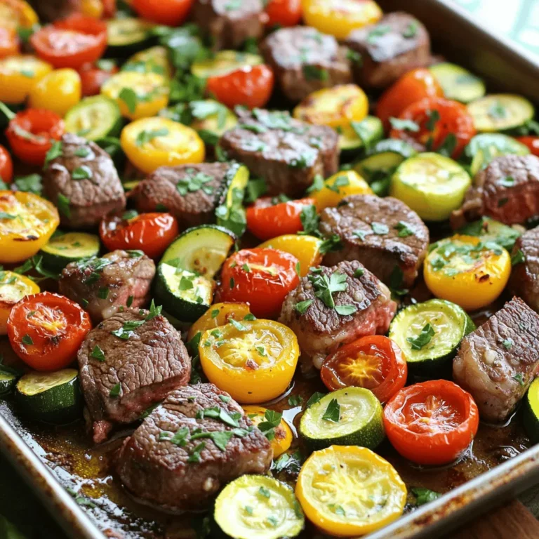- 1 lb sirloin steak, cut into bite-sized pieces - 1 cup cherry tomatoes, halved - 1 bell pepper, sliced - 1 zucchini, sliced - 1 yellow squash, sliced - 4 cloves garlic, minced - 1/4 cup unsalted butter, melted - 2 tablespoons olive oil - 1 teaspoon dried Italian herbs (oregano, basil, thyme) - Salt and pepper to taste - Fresh parsley, chopped (for garnish) Gather these fresh ingredients to make your dish shine. The sirloin steak gives a rich taste, while the veggies add color and crunch. Cherry tomatoes burst with flavor, and the peppers bring a sweet touch. Zucchini and yellow squash add softness and nutrients. The garlic butter sauce is key. Minced garlic gives a strong aroma. Melted butter brings creaminess, and olive oil adds a hint of fruitiness. Dried herbs bring depth and warmth to the dish. Use salt and pepper to enhance all the flavors. For a final touch, fresh parsley brightens the meal. It adds color and freshness, making your dish look as good as it tastes. Now you have all you need to create this delightful sheet-pan meal! - Preheat the oven to 400°F (200°C). - Line a large baking sheet with parchment paper. First, start by preheating your oven. This step warms it up and helps cook the dish evenly. Next, grab a large baking sheet and line it with parchment paper. This makes for easy cleanup later. - Mix steak and vegetables in a large bowl. - Prepare the garlic butter mixture in a small bowl. In a large bowl, combine the sirloin steak pieces with halved cherry tomatoes, sliced bell pepper, zucchini, and yellow squash. This mix brings together fresh flavors. Now, in a small bowl, whisk together melted butter, minced garlic, olive oil, dried Italian herbs, salt, and pepper. This garlic butter sauce adds rich taste to the dish. - Coat steak and veggies with garlic butter. - Spread on baking sheet and bake for 20-25 minutes. Pour the garlic butter mixture over the steak and veggies. Stir well to make sure everything is coated nicely. Spread the seasoned mix in a single layer on the baking sheet. Now, place the sheet in the oven and bake for about 20 to 25 minutes. You want the steak cooked to your liking and the veggies tender. After baking, let it sit for a few minutes before serving. Enjoy the delightful flavors! To get your steak just right, know the doneness levels. Here are the guidelines: - Rare: 125°F (52°C) - Medium Rare: 135°F (57°C) - Medium: 145°F (63°C) - Medium Well: 150°F (65°C) - Well Done: 160°F (71°C) Use a meat thermometer to check the temperature. For veggies, poke them with a fork. They should be tender but not mushy. Want to kick up the flavor? Here are some ideas: - Add extra spices like paprika or cayenne for heat. - Throw in fresh herbs like rosemary or thyme for a fresh twist. - Swap veggies! Try carrots, asparagus, or broccoli for variety. These tweaks can make your dish stand out even more. Serving style can make a big difference. Here are two simple options: - Sheet Pan Serving: Bring the sheet pan to the table. This gives it a rustic feel and keeps it warm. - Individual Plates: Serve on plates. Drizzle any leftover garlic butter on top. This adds a fancy touch. Both methods look great and taste even better! {{image_2}} You can switch the steak for chicken, shrimp, or tofu. Chicken thighs or breasts work well. Simply cut them into bite-sized pieces. Shrimp adds a nice twist. Just peel and devein them before cooking. For a plant-based option, use firm tofu. Press it to remove excess water, then cut it into cubes. Each option brings a unique flavor and texture to the dish. Feel free to use seasonal veggies for variety. In spring, try asparagus or snap peas. Summer allows for eggplant and corn, adding freshness. In fall, consider butternut squash or Brussels sprouts for a heartier dish. Winter veggies like carrots or parsnips will also work. Choose what you love or what’s fresh at the market. You can change the garlic butter sauce to fit your taste. For a creamy twist, mix in some heavy cream or sour cream. This adds richness to the dish. You can also infuse the sauce with fresh herbs like rosemary or dill. This gives a new flavor profile. Experiment with what you have on hand for a fun take on the classic recipe. To store your leftovers, let the meal cool down first. Place it in an airtight container. This keeps the flavors fresh. You can keep it in the fridge for up to three days. Label the container with the date. This way, you won't forget when you made it. When you're ready to eat leftovers, use the oven for the best taste. Preheat your oven to 350°F (175°C). Place the steak and veggies on a baking sheet. Cover it with foil to keep moisture in. Heat for about 15 minutes, or until warm. You can also use the microwave. Just heat in short bursts. Stir halfway through to ensure even heating. To freeze, make sure the dish is completely cool. Transfer it into a freezer-safe container. You can keep it in the freezer for up to three months. When it's time to eat, move it to the fridge overnight. This helps it thaw slowly. Then, reheat as mentioned earlier for the best flavor. To check if your steak is done, use a meat thermometer. The best internal temperature for medium-rare is 135°F (57°C). For medium, aim for 145°F (63°C). If you don't have a thermometer, poke the steak. A firm steak means it is cooked. A soft steak is still rare. Yes, you can prepare this dish ahead of time. Chop the veggies and steak, then store them in the fridge. You can mix them with the garlic butter sauce the night before. Just keep the mixture covered in a bowl. When ready to cook, spread it on the baking sheet and bake it. If you don't have sirloin, try flank steak or ribeye. Both are tasty and cook well. You can also use chicken breast or shrimp if you want a different protein. Just adjust the cooking time as needed. This recipe is simple and delicious, featuring sirloin steak and colorful veggies. We added a tasty garlic butter sauce that brings everything together. Remember, you can swap proteins or veggies based on your favorites. Enjoy this dish fresh or store leftovers for later. Cooking is fun, and this meal shows how easy it can be. Try it out and impress your family and friends with your skills!