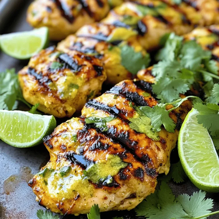 - 4 boneless, skinless chicken breasts - 1 can (13.5 oz) coconut milk - Zest and juice of 2 limes - 3 tablespoons honey - 3 garlic cloves, minced - 1 tablespoon fresh ginger, grated - 1 teaspoon salt - 1/2 teaspoon black pepper - 1/2 cup fresh cilantro, chopped (for garnish) - Optional: Fresh lime wedges, for serving Coconut Lime Chicken is all about fresh, bright flavors. You will need four boneless chicken breasts. They are easy to cook and soak up the flavors well. Coconut milk adds creaminess and richness. A can of 13.5 ounces works perfectly for our needs. The zest and juice of two limes give the dish a zesty kick. Limes are key to the bright taste. Honey adds a touch of sweetness to balance the tangy lime. You will use three minced garlic cloves for a savory depth. Fresh ginger, grated, adds warmth and spice to the mix. Don’t forget the salt and black pepper for seasoning. They enhance every flavor in this dish. Finally, we use half a cup of fresh cilantro for garnish. It adds color and a fresh herbal note. You can also serve with lime wedges for an extra burst of flavor. These ingredients come together to create a lively and delicious meal. To start, grab a large mixing bowl. Whisk together the coconut milk, lime zest, lime juice, honey, minced garlic, grated ginger, salt, and black pepper. This mix creates a creamy, tangy flavor. Make sure all the ingredients blend well. The aroma will make your mouth water! Next, take the chicken breasts and place them in a resealable plastic bag. Pour the marinade over the chicken. Seal the bag tightly, ensuring the chicken is fully coated. Refrigerate for at least 1 hour. You can leave it in the fridge for up to 4 hours for stronger flavor. This step is key for juicy chicken! Now it's time to cook! Preheat your grill or grill pan to medium-high heat. Remove the chicken from the marinade, letting any extra drip off. Discard the marinade. Grill the chicken breasts for about 6-7 minutes on each side. You want them to reach 165°F (75°C). The chicken should have nice grill marks and smell fantastic. Once cooked, let the chicken rest for 5 minutes. This helps keep it juicy. Slice and serve with fresh lime juice and cilantro for a burst of flavor! To keep your chicken from sticking to the grill, follow these steps: - Preheat the grill: Always start with a hot grill. This helps create a good sear. - Oil the grill grates: Use a paper towel soaked in oil. Rub it on the hot grates with tongs. - Do not flip too soon: Let the chicken cook undisturbed for about 6-7 minutes before flipping. It will release easily when ready. By following these tips, you get juicy, charred chicken every time. Adjusting the sweetness and acidity is easy. Here’s how: - Sweetness: If you like it sweeter, add more honey. Start with an extra teaspoon. - Acidity: For more tang, squeeze in more lime juice. Taste as you go to get it just right. These adjustments let you tailor the flavors to your liking. Pair your Coconut Lime Chicken with these side dishes: - Coconut rice: It enhances the tropical flavor. - Grilled veggies: Bell peppers and zucchini add color and crunch. - Fresh salad: A simple green salad balances the richness of the chicken. These sides will make your meal colorful and tasty. Enjoy your cooking! {{image_2}} Making foil packets is a fun way to cook Coconut Lime Chicken. These packets keep the chicken moist and full of flavor. You will need: - 4 boneless, skinless chicken breasts - Marinade from the main recipe - 1 cup mixed veggies (like bell peppers and zucchini) - Aluminum foil To make, start by preheating your grill or oven. Then, cut four pieces of foil. Place one chicken breast in the center of each piece. Add a scoop of veggies around the chicken. Drizzle the marinade over everything. Fold the foil tightly to seal the packet. Cook each packet on the grill for about 20-25 minutes. If using an oven, bake at 400°F for the same time. This method gives you a tasty meal with easy cleanup. Turn your Coconut Lime Chicken into tasty tacos. This twist is great for taco night. First, follow the main recipe for the chicken. Once cooked, slice the chicken into thin strips. Gather soft tortillas and your favorite toppings, such as: - Shredded cabbage - Avocado slices - Fresh cilantro - Sliced jalapeños - Lime wedges Assemble your tacos by placing the chicken in the tortilla. Top with veggies and a squeeze of lime. This adds a fresh punch to your meal and makes it even more fun to eat. You can cook Coconut Lime Chicken in several ways. Besides grilling, you can oven-bake or pan-sear the chicken. Oven-baking: Preheat your oven to 400°F. Place the marinated chicken in a baking dish. Bake for 25-30 minutes or until the chicken reaches 165°F (75°C). This method gives you juicy chicken with a nice crust. Pan-searing: Heat a skillet over medium-high heat. Add a bit of oil. Once hot, add the marinated chicken breasts. Cook for about 6-7 minutes on each side. This method gives you a nice sear and flavor. Choose your favorite method for a delicious meal every time! To store your Coconut Lime Chicken leftovers, let it cool first. Place the chicken in an airtight container. This keeps it fresh for up to three days in the fridge. If you plan to eat it later, make sure to label the container with the date. This way, you can enjoy the flavors without worrying about spoilage. Freezing is a great option for future meals. First, let the chicken cool completely. Then, wrap each piece in plastic wrap to prevent freezer burn. Next, place the wrapped chicken in a freezer bag. Squeeze out as much air as you can before sealing. This method keeps the chicken tasty for up to three months. Just remember to label the bag with the date for easy reference. When it’s time to reheat, you want to keep that delicious flavor. The best method is to use an oven. Preheat it to 350°F (175°C). Place the chicken in an oven-safe dish and cover it with foil. Heat for about 15-20 minutes until warmed through. You can also use a microwave, but be careful. Heat in short bursts to avoid drying out the chicken. If it gets dry, a splash of coconut milk can help. Enjoy your meal! You can marinate the chicken for 1 to 4 hours. For the best flavor, aim for 4 hours. This allows the chicken to soak in all the yummy coconut and lime flavors. If you're short on time, even 1 hour works well. Just remember, the longer you marinate, the more flavor you get! Yes, you can use coconut cream. Coconut cream is thicker and richer than coconut milk. It will give your chicken a creamier texture. However, it also adds more fat. If you want a lighter dish, stick with coconut milk. Both options are delicious! This dish pairs well with many sides. Here are some popular choices: - Rice: Jasmine or coconut rice adds a nice touch. - Salad: A fresh green salad balances the rich flavors. - Veggies: Grilled or roasted veggies work perfectly. - Tortillas: You can even make tacos with the chicken! Yes, this recipe is gluten-free. All the ingredients, like coconut milk and lime, are safe for gluten-free diets. Just be sure to check any packaged items, like honey, for gluten-free labels. Enjoy this dish worry-free! This recipe for Coconut Lime Chicken is easy to follow and flavorful. You learned how to create a tasty marinade and cook the chicken perfectly. I shared tips for grilling and serving, plus ideas for variations and storage. Try this dish for your next meal or gathering. Remember, cooking should be fun and simple. Enjoy the process and make it your own!