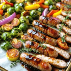 - 4 chicken sausages, sliced into rounds - 2 cups Brussels sprouts, halved - 1 red bell pepper, sliced - 1 yellow bell pepper, sliced - 1 small red onion, cut into wedges - 3 tablespoons balsamic vinegar - 2 tablespoons olive oil - 1 tablespoon honey - 2 teaspoons garlic powder - 1 teaspoon dried thyme - Salt and pepper to taste You can swap chicken sausages for turkey or pork sausages. They work well too. For Brussels sprouts, try broccoli or green beans for a different taste. If you lack red bell peppers, yellow or orange ones can fit nicely. You can use apple cider vinegar instead of balsamic vinegar if needed. Honey can be replaced with maple syrup for a vegan option. For chicken sausages, I suggest Applegate or Aidells. They have great flavor and quality. For olive oil, choose a cold-pressed brand like California Olive Ranch. The balsamic vinegar from Pompeian is rich and tasty. When it comes to honey, look for local sources or Manuka honey for health benefits. Start by preheating your oven to 400°F (200°C). This step is key for proper roasting. Next, grab a large sheet pan and line it with parchment paper. This makes cleanup a breeze. Now, take your chicken sausages and slice them into rounds. You want them evenly cut for cooking. Halve the Brussels sprouts and slice the red and yellow bell peppers. Cut the red onion into wedges. In a large bowl, mix all these veggies with the sausage. In a small bowl, whisk together the balsamic vinegar, olive oil, honey, garlic powder, dried thyme, salt, and pepper. This mixture will be your glaze. Pour it over the sausage and vegetables in the large bowl. Toss everything together so all the ingredients get coated in the glaze. Spread this mixture on your prepared sheet pan in one even layer. This helps with even cooking. Roast in the oven for 25-30 minutes. Stir halfway through to ensure everything cooks evenly. When done, the sausages should be cooked thoroughly, and the veggies tender and caramelized. To get great results, make sure not to overcrowd the pan. If the ingredients are too close, they won’t brown well. Use a high-quality balsamic vinegar for the best flavor. Let the dish cool for a few minutes after it comes out of the oven. This allows the flavors to settle. For extra flair, drizzle more balsamic glaze on top before serving. You can also garnish with fresh thyme for a nice touch. To make your Balsamic Glazed Chicken Sausage Sheet Pan even better, try adding fresh herbs. Rosemary or basil can add a unique taste. You could also sprinkle some feta cheese on top just before serving. It adds creaminess that pairs well with the tangy glaze. For a touch of heat, add red pepper flakes to the balsamic mixture. Ovens can vary in temperature. If your oven runs hot, start checking the dish at 20 minutes. For a cooler oven, it may take up to 35 minutes. Always look for the sausages to be golden brown and vegetables tender. Use a meat thermometer for the sausages; they should reach 165°F (74°C) for safety. Even cooking is key for perfect results. Spread the sausages and veggies in a single layer on the sheet pan. Avoid crowding, as this can cause steaming instead of roasting. Stir the mixture halfway through cooking to promote even browning. If you have a convection oven, use it! It circulates air and cooks food more evenly. {{image_2}} You can switch up your veggies for the Balsamic Glazed Chicken Sausage Sheet Pan. Try using broccoli florets, carrots, or green beans. Zucchini and asparagus also work well. Each veggie adds its own flavor and texture. Feel free to mix and match to suit your taste. Want some heat? Add sliced jalapeños or crushed red pepper flakes. Both options will spice up the dish. You might also try adding a splash of hot sauce to the balsamic glaze. This spicy twist will make your taste buds dance. If you prefer a veggie-filled meal, swap the chicken sausage for plant-based sausage. You can also use chickpeas or lentils for protein. Add more veggies like eggplant or sweet potatoes for heartiness. This way, you can enjoy a tasty meal without meat. Store your leftovers in an airtight container. This keeps them fresh and tasty. Let the dish cool first. Once cooled, cover it tightly. The leftovers will last for up to three days in the fridge. To reheat, place the dish on a baking sheet. Preheat your oven to 350°F (175°C). Heat for about 15-20 minutes or until warmed through. You can also use the microwave. Just cover it loosely with a paper towel to avoid splatters. Heat in 30-second intervals, stirring in between. You can freeze this dish, but it's best to do so before reheating. Store it in a freezer-safe container. It will keep well for up to three months. Thaw overnight in the fridge before reheating. This way, the flavors stay fresh and delicious. Yes, you can use different types of sausage. Turkey or pork sausage works well. You can also try spicy sausage for an extra kick. Just make sure to adjust cooking times if needed. Each type brings its own flavor and texture. You know the dish is done when the sausages are cooked through and the veggies are tender. Look for a nice caramelization on the Brussels sprouts and peppers. A meat thermometer can help; chicken sausage should reach 165°F (74°C). Also, stir halfway through cooking for even results. Yes, this dish is great for meal prep. It stores well in the fridge for up to four days. Just make sure to cool it completely before covering. You can easily reheat it in the oven or microwave. This makes it a perfect choice for busy weeks. This article covered essential ingredients and their substitutes for your dish. I shared step-by-step instructions for preparation and cooking, plus tips on roasting. To enhance flavor, I provided tricks and oven cooking times. I highlighted variations like spicy and vegetarian options. Finally, I outlined how to store leftovers and answered common questions. Cooking can be simple and fun. Use these tips to create great meals every time. Enjoy your cooking journey!