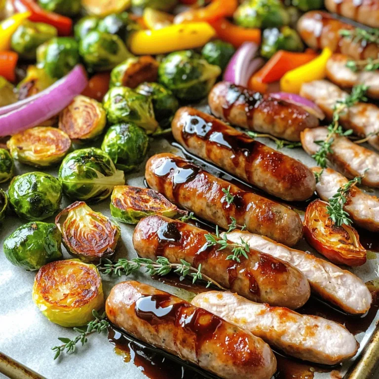 - 4 chicken sausages, sliced into rounds - 2 cups Brussels sprouts, halved - 1 red bell pepper, sliced - 1 yellow bell pepper, sliced - 1 small red onion, cut into wedges - 3 tablespoons balsamic vinegar - 2 tablespoons olive oil - 1 tablespoon honey - 2 teaspoons garlic powder - 1 teaspoon dried thyme - Salt and pepper to taste You can swap chicken sausages for turkey or pork sausages. They work well too. For Brussels sprouts, try broccoli or green beans for a different taste. If you lack red bell peppers, yellow or orange ones can fit nicely. You can use apple cider vinegar instead of balsamic vinegar if needed. Honey can be replaced with maple syrup for a vegan option. For chicken sausages, I suggest Applegate or Aidells. They have great flavor and quality. For olive oil, choose a cold-pressed brand like California Olive Ranch. The balsamic vinegar from Pompeian is rich and tasty. When it comes to honey, look for local sources or Manuka honey for health benefits. Start by preheating your oven to 400°F (200°C). This step is key for proper roasting. Next, grab a large sheet pan and line it with parchment paper. This makes cleanup a breeze. Now, take your chicken sausages and slice them into rounds. You want them evenly cut for cooking. Halve the Brussels sprouts and slice the red and yellow bell peppers. Cut the red onion into wedges. In a large bowl, mix all these veggies with the sausage. In a small bowl, whisk together the balsamic vinegar, olive oil, honey, garlic powder, dried thyme, salt, and pepper. This mixture will be your glaze. Pour it over the sausage and vegetables in the large bowl. Toss everything together so all the ingredients get coated in the glaze. Spread this mixture on your prepared sheet pan in one even layer. This helps with even cooking. Roast in the oven for 25-30 minutes. Stir halfway through to ensure everything cooks evenly. When done, the sausages should be cooked thoroughly, and the veggies tender and caramelized. To get great results, make sure not to overcrowd the pan. If the ingredients are too close, they won’t brown well. Use a high-quality balsamic vinegar for the best flavor. Let the dish cool for a few minutes after it comes out of the oven. This allows the flavors to settle. For extra flair, drizzle more balsamic glaze on top before serving. You can also garnish with fresh thyme for a nice touch. To make your Balsamic Glazed Chicken Sausage Sheet Pan even better, try adding fresh herbs. Rosemary or basil can add a unique taste. You could also sprinkle some feta cheese on top just before serving. It adds creaminess that pairs well with the tangy glaze. For a touch of heat, add red pepper flakes to the balsamic mixture. Ovens can vary in temperature. If your oven runs hot, start checking the dish at 20 minutes. For a cooler oven, it may take up to 35 minutes. Always look for the sausages to be golden brown and vegetables tender. Use a meat thermometer for the sausages; they should reach 165°F (74°C) for safety. Even cooking is key for perfect results. Spread the sausages and veggies in a single layer on the sheet pan. Avoid crowding, as this can cause steaming instead of roasting. Stir the mixture halfway through cooking to promote even browning. If you have a convection oven, use it! It circulates air and cooks food more evenly. {{image_2}} You can switch up your veggies for the Balsamic Glazed Chicken Sausage Sheet Pan. Try using broccoli florets, carrots, or green beans. Zucchini and asparagus also work well. Each veggie adds its own flavor and texture. Feel free to mix and match to suit your taste. Want some heat? Add sliced jalapeños or crushed red pepper flakes. Both options will spice up the dish. You might also try adding a splash of hot sauce to the balsamic glaze. This spicy twist will make your taste buds dance. If you prefer a veggie-filled meal, swap the chicken sausage for plant-based sausage. You can also use chickpeas or lentils for protein. Add more veggies like eggplant or sweet potatoes for heartiness. This way, you can enjoy a tasty meal without meat. Store your leftovers in an airtight container. This keeps them fresh and tasty. Let the dish cool first. Once cooled, cover it tightly. The leftovers will last for up to three days in the fridge. To reheat, place the dish on a baking sheet. Preheat your oven to 350°F (175°C). Heat for about 15-20 minutes or until warmed through. You can also use the microwave. Just cover it loosely with a paper towel to avoid splatters. Heat in 30-second intervals, stirring in between. You can freeze this dish, but it's best to do so before reheating. Store it in a freezer-safe container. It will keep well for up to three months. Thaw overnight in the fridge before reheating. This way, the flavors stay fresh and delicious. Yes, you can use different types of sausage. Turkey or pork sausage works well. You can also try spicy sausage for an extra kick. Just make sure to adjust cooking times if needed. Each type brings its own flavor and texture. You know the dish is done when the sausages are cooked through and the veggies are tender. Look for a nice caramelization on the Brussels sprouts and peppers. A meat thermometer can help; chicken sausage should reach 165°F (74°C). Also, stir halfway through cooking for even results. Yes, this dish is great for meal prep. It stores well in the fridge for up to four days. Just make sure to cool it completely before covering. You can easily reheat it in the oven or microwave. This makes it a perfect choice for busy weeks. This article covered essential ingredients and their substitutes for your dish. I shared step-by-step instructions for preparation and cooking, plus tips on roasting. To enhance flavor, I provided tricks and oven cooking times. I highlighted variations like spicy and vegetarian options. Finally, I outlined how to store leftovers and answered common questions. Cooking can be simple and fun. Use these tips to create great meals every time. Enjoy your cooking journey!