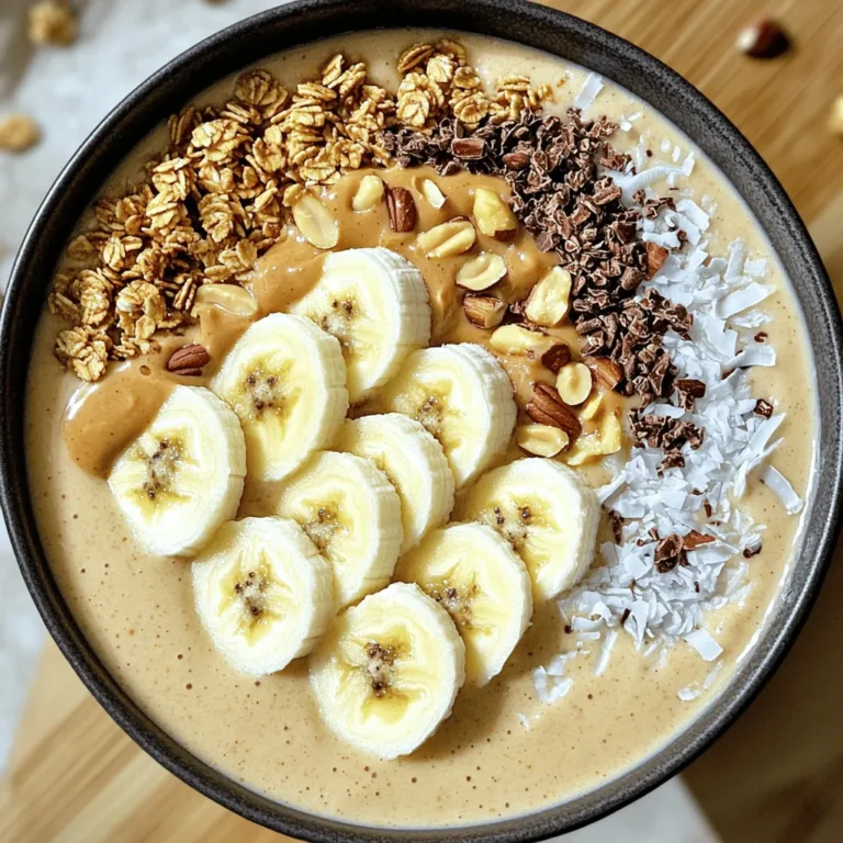 - 2 ripe bananas - 1 cup unsweetened almond milk - 3 tablespoons natural peanut butter - 1 tablespoon honey or maple syrup - 1 tablespoon chia seeds - 1/2 teaspoon vanilla extract - A pinch of cinnamon - Sliced banana - Granola - Chopped nuts - Shredded coconut - Cacao nibs The peanut butter banana smoothie bowl is simple yet packed with flavor. Let’s break down the ingredients. You need two ripe bananas. One will go into the smoothie, and the other will work as a topping. Use one cup of unsweetened almond milk to make it creamy. Three tablespoons of natural peanut butter add rich taste and healthy fats. For extra sweetness, consider one tablespoon of honey or maple syrup. If you want a nutrient boost, add a tablespoon of chia seeds. A half teaspoon of vanilla extract gives depth, and a pinch of cinnamon adds warmth. When it comes to toppings, you can get creative. Slice a banana for a fresh look. Granola adds crunch, while chopped nuts bring a nice texture. Shredded coconut can add a tropical twist, and cacao nibs offer a hint of chocolate flavor. This bowl is not just tasty; it’s also full of nutrients. You can enjoy it for breakfast or a snack. Each ingredient plays a part in making this dish delightful and healthy. - Peel and chunk the bananas. - Gather all ingredients. First, grab your ripe bananas. Peel them and break them into small chunks. This makes blending easier. Next, lay out all your ingredients. You need bananas, almond milk, peanut butter, and some extras if you want. - Combine ingredients in the blender. - Adjust thickness with almond milk. Now, it’s time to blend. Toss the banana chunks into your blender. Add one cup of almond milk, three tablespoons of peanut butter, and any optional ingredients you like. If you want a sweeter taste, add honey or maple syrup. Then, add chia seeds, vanilla, and a pinch of cinnamon. Blend until smooth and creamy. If it’s too thick, pour in a little more almond milk. Keep blending until you reach the right texture. - Pour into a bowl. - Add toppings creatively. - Serve immediately. Once blended, pour your smoothie into a bowl. Use a spoon to create a swirl in the center. Now for the fun part: toppings! Slice another banana and place it on top. Sprinkle granola, chopped nuts, shredded coconut, or cacao nibs for crunch. Be creative and make it look nice. Serve your smoothie bowl right away to enjoy its fresh taste! To get the right texture, adjust the liquid. If your smoothie is too thick, add more almond milk. Start with a little and blend. Using frozen bananas can also help. Frozen fruit makes the smoothie creamy and cold. Choosing the right sweetener is key. If you want it sweeter, use honey or maple syrup. For a healthier option, skip the sweetener. The ripe banana adds natural sweetness. You can also try dates for a different flavor. How you present your smoothie bowl matters. Arrange your toppings in a fun way. Lay sliced banana in a fan shape and sprinkle granola on top. Use colorful bowls or plates to make it pop. A bright bowl makes your meal more inviting! {{image_2}} You can easily swap nut butters in this recipe. Almond or cashew butter work well. These alternatives add a unique taste and texture. If you want a creamier bowl, try different dairy-free milk options. Coconut milk or oat milk can give your smoothie a rich flavor. Want to boost the nutrition? Add spinach or kale! This keeps the smoothie healthy without changing the taste much. You can also play with flavor combinations. Mix in cocoa powder for a chocolate twist, or add berries for a fruity kick. If you follow a vegan diet, this recipe is simple to adapt. Just skip the honey and use maple syrup instead. For those who need gluten-free dishes, this smoothie bowl is perfect. All ingredients are naturally gluten-free, so you can enjoy it worry-free. You can store your smoothie bowl in the fridge for one day. Use an airtight container to keep it fresh. This helps to prevent any unwanted smells or flavors from mixing in. When you are ready to eat it, just give it a quick stir. You can freeze the smoothie mix if you want to save it for later. Pour the mix into a freezer-safe container. Leave some space at the top as it will expand when frozen. To use it later, remove it from the freezer and let it thaw in the fridge overnight. You can also use the microwave for a quick thaw if you’re in a hurry. When you are ready to enjoy your smoothie bowl, it may be thicker after freezing. Blend it again with a splash of almond milk for the best texture. This will make it creamy and smooth again. If you have leftovers, think about using them in a smoothie pop or as a topping for oatmeal. Get creative and enjoy the flavors! To make a Peanut Butter Banana Smoothie Bowl, follow these key steps: 1. Peel and chunk one ripe banana. This makes it easy to blend. 2. In a blender, mix the banana, 1 cup of almond milk, 3 tablespoons of peanut butter, and any sweetener if you like. 3. Add 1 tablespoon of chia seeds, 1/2 teaspoon of vanilla extract, and a pinch of cinnamon. 4. Blend the mix until smooth and creamy. If it's too thick, add more almond milk. 5. Pour the smoothie into a bowl. Use a spoon to swirl the top. 6. Top with sliced banana, granola, nuts, coconut, and cacao nibs. This bowl is tasty and full of nutrients! Yes, you can prepare this smoothie bowl ahead of time. - Make the smoothie base and store it in the fridge for up to one day. - Keep the toppings separate to maintain their crunch. - When ready to serve, just pour the smoothie into a bowl and add your toppings. This way, you save time and enjoy a quick meal! If you need an alternative to peanut butter, try these options: - Almond butter for a nutty twist. - Cashew butter for a creamy texture. - Sunflower seed butter for a nut-free option. - Greek yogurt for added protein with a different flavor. These swaps keep your smoothie bowl delicious and fun! This blog post covered how to make a delicious Peanut Butter Banana Smoothie Bowl. We discussed the main and optional ingredients, detailed the step-by-step instructions, and shared tips to perfect your smoothie’s texture. We also explored fun variations and storage tips, along with answers to common questions. Enjoy experimenting with flavors and toppings. This smoothie bowl is a fun, tasty treat that fits your needs. Get creative and enjoy your healthy snack!