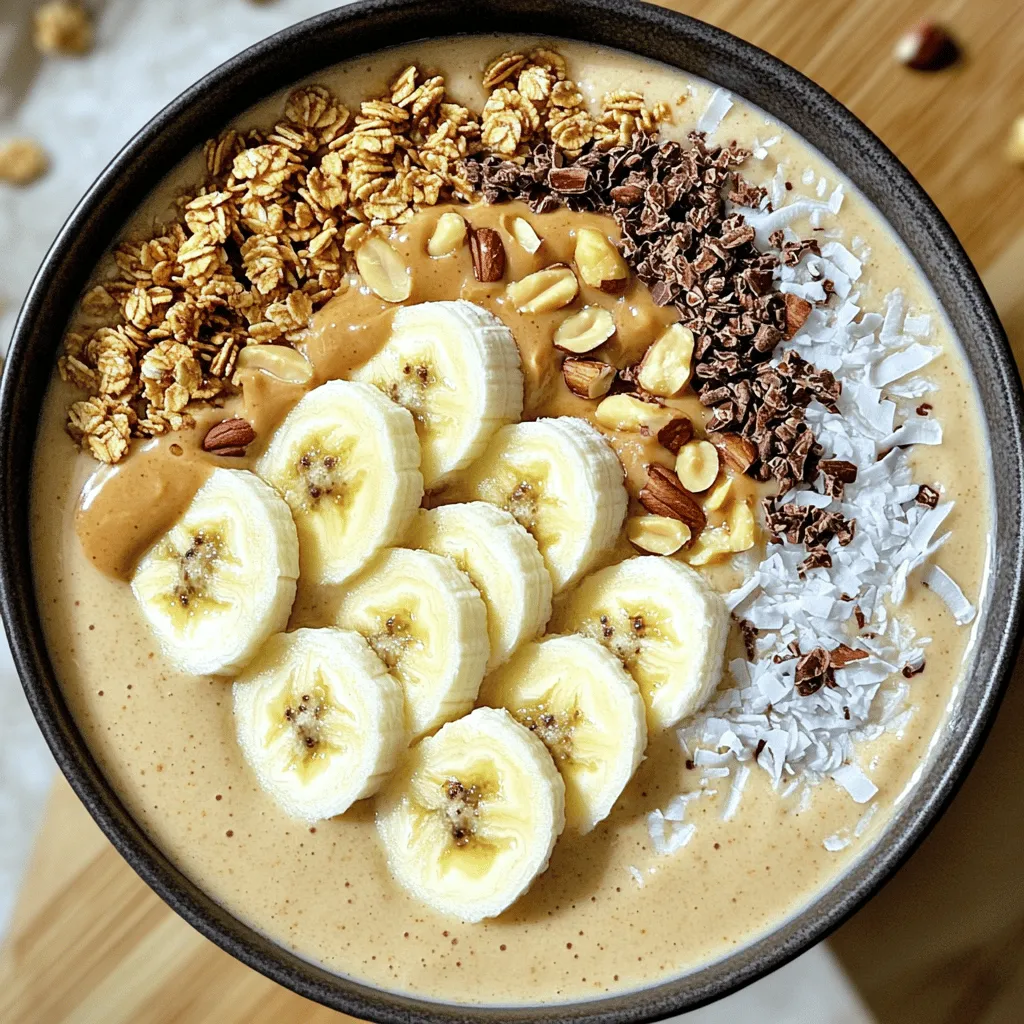 - 2 ripe bananas - 1 cup unsweetened almond milk - 3 tablespoons natural peanut butter - 1 tablespoon honey or maple syrup - 1 tablespoon chia seeds - 1/2 teaspoon vanilla extract - A pinch of cinnamon - Sliced banana - Granola - Chopped nuts - Shredded coconut - Cacao nibs The peanut butter banana smoothie bowl is simple yet packed with flavor. Let’s break down the ingredients. You need two ripe bananas. One will go into the smoothie, and the other will work as a topping. Use one cup of unsweetened almond milk to make it creamy. Three tablespoons of natural peanut butter add rich taste and healthy fats. For extra sweetness, consider one tablespoon of honey or maple syrup. If you want a nutrient boost, add a tablespoon of chia seeds. A half teaspoon of vanilla extract gives depth, and a pinch of cinnamon adds warmth. When it comes to toppings, you can get creative. Slice a banana for a fresh look. Granola adds crunch, while chopped nuts bring a nice texture. Shredded coconut can add a tropical twist, and cacao nibs offer a hint of chocolate flavor. This bowl is not just tasty; it’s also full of nutrients. You can enjoy it for breakfast or a snack. Each ingredient plays a part in making this dish delightful and healthy. - Peel and chunk the bananas. - Gather all ingredients. First, grab your ripe bananas. Peel them and break them into small chunks. This makes blending easier. Next, lay out all your ingredients. You need bananas, almond milk, peanut butter, and some extras if you want. - Combine ingredients in the blender. - Adjust thickness with almond milk. Now, it’s time to blend. Toss the banana chunks into your blender. Add one cup of almond milk, three tablespoons of peanut butter, and any optional ingredients you like. If you want a sweeter taste, add honey or maple syrup. Then, add chia seeds, vanilla, and a pinch of cinnamon. Blend until smooth and creamy. If it’s too thick, pour in a little more almond milk. Keep blending until you reach the right texture. - Pour into a bowl. - Add toppings creatively. - Serve immediately. Once blended, pour your smoothie into a bowl. Use a spoon to create a swirl in the center. Now for the fun part: toppings! Slice another banana and place it on top. Sprinkle granola, chopped nuts, shredded coconut, or cacao nibs for crunch. Be creative and make it look nice. Serve your smoothie bowl right away to enjoy its fresh taste! To get the right texture, adjust the liquid. If your smoothie is too thick, add more almond milk. Start with a little and blend. Using frozen bananas can also help. Frozen fruit makes the smoothie creamy and cold. Choosing the right sweetener is key. If you want it sweeter, use honey or maple syrup. For a healthier option, skip the sweetener. The ripe banana adds natural sweetness. You can also try dates for a different flavor. How you present your smoothie bowl matters. Arrange your toppings in a fun way. Lay sliced banana in a fan shape and sprinkle granola on top. Use colorful bowls or plates to make it pop. A bright bowl makes your meal more inviting! {{image_2}} You can easily swap nut butters in this recipe. Almond or cashew butter work well. These alternatives add a unique taste and texture. If you want a creamier bowl, try different dairy-free milk options. Coconut milk or oat milk can give your smoothie a rich flavor. Want to boost the nutrition? Add spinach or kale! This keeps the smoothie healthy without changing the taste much. You can also play with flavor combinations. Mix in cocoa powder for a chocolate twist, or add berries for a fruity kick. If you follow a vegan diet, this recipe is simple to adapt. Just skip the honey and use maple syrup instead. For those who need gluten-free dishes, this smoothie bowl is perfect. All ingredients are naturally gluten-free, so you can enjoy it worry-free. You can store your smoothie bowl in the fridge for one day. Use an airtight container to keep it fresh. This helps to prevent any unwanted smells or flavors from mixing in. When you are ready to eat it, just give it a quick stir. You can freeze the smoothie mix if you want to save it for later. Pour the mix into a freezer-safe container. Leave some space at the top as it will expand when frozen. To use it later, remove it from the freezer and let it thaw in the fridge overnight. You can also use the microwave for a quick thaw if you’re in a hurry. When you are ready to enjoy your smoothie bowl, it may be thicker after freezing. Blend it again with a splash of almond milk for the best texture. This will make it creamy and smooth again. If you have leftovers, think about using them in a smoothie pop or as a topping for oatmeal. Get creative and enjoy the flavors! To make a Peanut Butter Banana Smoothie Bowl, follow these key steps: 1. Peel and chunk one ripe banana. This makes it easy to blend. 2. In a blender, mix the banana, 1 cup of almond milk, 3 tablespoons of peanut butter, and any sweetener if you like. 3. Add 1 tablespoon of chia seeds, 1/2 teaspoon of vanilla extract, and a pinch of cinnamon. 4. Blend the mix until smooth and creamy. If it's too thick, add more almond milk. 5. Pour the smoothie into a bowl. Use a spoon to swirl the top. 6. Top with sliced banana, granola, nuts, coconut, and cacao nibs. This bowl is tasty and full of nutrients! Yes, you can prepare this smoothie bowl ahead of time. - Make the smoothie base and store it in the fridge for up to one day. - Keep the toppings separate to maintain their crunch. - When ready to serve, just pour the smoothie into a bowl and add your toppings. This way, you save time and enjoy a quick meal! If you need an alternative to peanut butter, try these options: - Almond butter for a nutty twist. - Cashew butter for a creamy texture. - Sunflower seed butter for a nut-free option. - Greek yogurt for added protein with a different flavor. These swaps keep your smoothie bowl delicious and fun! This blog post covered how to make a delicious Peanut Butter Banana Smoothie Bowl. We discussed the main and optional ingredients, detailed the step-by-step instructions, and shared tips to perfect your smoothie’s texture. We also explored fun variations and storage tips, along with answers to common questions. Enjoy experimenting with flavors and toppings. This smoothie bowl is a fun, tasty treat that fits your needs. Get creative and enjoy your healthy snack!