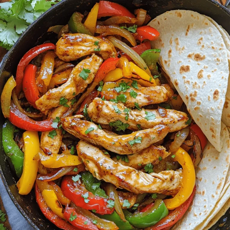 - 1 lb boneless, skinless chicken breasts, sliced into thin strips - 1 bell pepper (red, yellow, or green), sliced - 1 medium onion, sliced - 2 tablespoons honey - 2 tablespoons fresh lime juice - 2 tablespoons olive oil - 2 teaspoons chili powder - 1 teaspoon cumin - 1 teaspoon garlic powder - Salt and pepper to taste - Fresh cilantro, chopped (for garnish) - Tortillas (for serving) - Large skillet - Mixing bowl - Whisk or fork Gather these ingredients and tools before you start cooking. The chicken forms the base, while the bell pepper and onion add crunch and flavor. Honey and lime juice create a sweet and tangy sauce that makes this dish pop. The spices bring warmth and depth to the meal. Ensure you have a large skillet to cook everything evenly. A mixing bowl and whisk help you blend the marinade well. This easy setup makes cooking fun and simple. Enjoy the process of preparing this tasty one-pan meal! - In a large bowl, mix honey, lime juice, olive oil, chili powder, cumin, garlic powder, salt, and pepper. Whisk until everything blends well. - Add the sliced chicken to the marinade. Make sure all the pieces get coated. Let it marinate for at least 15 minutes. For more flavor, you can marinate it for up to 2 hours in the fridge. - Heat a large skillet over medium-high heat. When it’s hot, add the marinated chicken strips. Sauté for about 5-7 minutes. Cook until the chicken is browned and no longer pink inside. - Once cooked, take the chicken out and set it aside on a plate. - In the same skillet, add the sliced onion and bell pepper. Sauté them for about 4-5 minutes. Cook until they're tender and slightly caramelized. - Return the cooked chicken to the skillet with the vegetables. Toss everything together to combine. Cook for an extra 2-3 minutes to heat through. For the best flavor, marinate the chicken for at least 15 minutes. If you have time, marinate it for up to 2 hours in the refrigerator. This longer time allows the flavors to soak in deeply. When marinating, cover the bowl with plastic wrap or use a sealed bag. This keeps the chicken juicy and flavorful. To avoid overcooking the chicken, keep an eye on the color. It should turn a nice golden brown and no longer be pink inside. Use medium-high heat when you sauté. This heat cooks the chicken quickly and evenly. If the heat is too high, the outside may burn while the inside stays raw. For tortillas, I recommend using soft flour or corn tortillas. They both complement the chicken well. To make your dish pop, garnish with fresh cilantro. Its bright flavor adds a nice touch. Consider adding lime wedges on the side for extra zest. {{image_2}} You can easily add heat to your Honey Lime Chicken Fajita Skillet. One way is by incorporating jalapeños. Slice fresh jalapeños and mix them in with the veggies. This adds a nice kick and flavor. If you like different levels of heat, try using various chili powders. Each type brings a unique taste. Ancho chili powder is mild and smoky, while cayenne packs quite a punch. This dish is not just for chicken. You can make it with shrimp or beef. For shrimp, use large, peeled shrimp. Sauté them until they turn pink. If you prefer beef, slice flank steak thinly. Cook it the same way as chicken. For a vegetarian option, use firm tofu. Press and cube the tofu, then sauté until golden. This way, everyone can enjoy the meal. To enhance the flavor, consider adding extra herbs and spices. Fresh herbs like thyme or oregano can bring a new twist. You might also try a pinch of smoked paprika for depth. Sweetness can vary too. Instead of honey, consider adding pineapple juice or agave syrup. Each option gives a different taste profile while keeping that sweet and tangy balance. To keep your Honey Lime Chicken Fajita Skillet fresh, store leftovers in airtight containers. This helps keep the flavors intact and prevents spoilage. You can refrigerate it for up to three days. Just make sure it cools down before sealing. Yes, you can freeze this dish! To freeze, place the cooled fajitas in freezer-safe bags or containers. Squeeze out any air to prevent freezer burn. It will last for up to three months in the freezer. When you're ready to eat, thaw it in the fridge overnight. Reheat it on the stove or in the microwave until hot. Enjoy your meal anytime! It takes about 30 minutes. You need 15 minutes to prepare the ingredients and marinate the chicken. Cooking the chicken and veggies takes about 15 minutes. This means you can enjoy a tasty dinner in no time! Yes, you can! If you want to switch it up, try using shrimp or beef. Chicken thighs are a great choice too. They stay juicy and full of flavor. Just remember to adjust the cooking time to ensure everything is cooked perfectly. You have many options for sides! Serve it with warm tortillas for a classic touch. Rice or quinoa make great bases too. Add a side of black beans or corn for extra texture. A fresh salad with lime dressing complements the dish nicely. Enjoy mixing and matching your favorites! In this article, we covered how to make Honey Lime Chicken Fajita Skillet. We looked at key ingredients and easy step-by-step instructions. Remember to marinate the chicken for the best flavor and cook veggies until tender. You can also change the recipe by adding spices or using different proteins. In the end, this dish is fun, tasty, and quick to prepare. Enjoy making it and share it with friends!