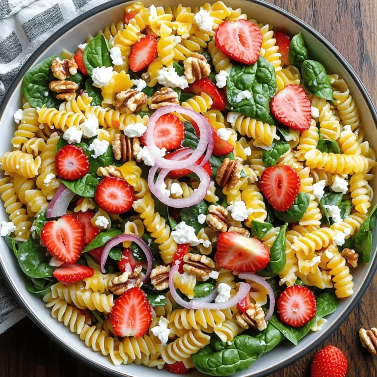 To make a tasty Strawberry Spinach Pasta Salad, gather these key items: - 8 oz (about 2 cups) rotini pasta - 2 cups fresh spinach, torn into pieces - 1 cup strawberries, hulled and sliced - 1/2 cup feta cheese, crumbled - 1/4 cup red onion, thinly sliced - 1/4 cup walnuts, chopped Each ingredient adds a burst of flavor and color. The rotini pasta holds the dressing well. Fresh spinach gives the salad a nice crunch. Strawberries provide sweetness. Feta cheese adds creaminess, while red onion gives a little bite. Walnuts add a lovely nutty flavor and crunch. For the dressing, you'll need: - 1/4 cup olive oil - 2 tablespoons balsamic vinegar - 1 tablespoon honey - Salt and pepper to taste The dressing ties everything together. Olive oil brings richness. Balsamic vinegar adds a tangy note. Honey balances the flavors with sweetness. Adjust salt and pepper to match your taste. This dressing is simple yet full of flavor. To start, grab a large pot and fill it with water. Add a pinch of salt to the water. This adds flavor to the pasta. Turn the heat to high and wait for the water to boil. Once it bubbles, add 8 ounces of rotini pasta. Cook the pasta according to the package instructions. You want it to be al dente, which means it should be firm but not hard. This usually takes about 8 to 10 minutes. After cooking, drain the pasta in a colander. Rinse it under cold water to cool it down and stop the cooking process. While the pasta cools, let’s make the dressing. In a small bowl, add 1/4 cup of olive oil, 2 tablespoons of balsamic vinegar, and 1 tablespoon of honey. Sprinkle in some salt and pepper to taste. Now, take a whisk and mix everything together until it blends well. This dressing will bring all the flavors together in the salad. In a large mixing bowl, combine the cooled pasta, 2 cups of torn spinach, and 1 cup of sliced strawberries. Next, add 1/2 cup of crumbled feta cheese, 1/4 cup of thinly sliced red onion, and 1/4 cup of chopped walnuts. Pour the dressing over the salad. Toss everything gently until all the ingredients are coated. This helps each bite burst with flavor. For the best taste, let the salad chill in the refrigerator for at least 15 minutes. This wait helps the flavors blend nicely. Serve it cold or at room temperature. Enjoy your fresh and colorful dish! You can change the ingredients in this salad. Try using penne or farfalle pasta instead of rotini. If you don’t like feta, use goat cheese or a dairy-free option. You can swap walnuts for pecans or sunflower seeds. If you want more color, add bell peppers or cucumbers. For protein, consider grilled chicken, shrimp, or chickpeas. These options will make the salad heartier. If you want a meatless dish, go for beans or tofu. They add great texture and nutrients. Serve the salad in a large, clear bowl. This way, the bright colors show well. You can also use individual bowls for a nice touch. For garnishing, add extra strawberry slices on top. A drizzle of olive oil can make it shine. Consider using fresh herbs like mint or basil for garnish. They add a burst of flavor and a pop of green. You can also sprinkle some extra feta cheese on top for added taste. To save time, you can make this salad ahead of time. Cook the pasta and prepare the dressing in advance. Store them separately in the fridge. This keeps the pasta from getting soggy. Mix the salad just before serving. This way, all the flavors will stay fresh. Chill the salad for 15 minutes before serving to enhance the taste. If you store leftovers, keep them in an airtight container in the fridge. Enjoy your delicious creation later! {{image_2}} In spring and summer, I love to change this salad to fit the season. You can add fresh peas or diced cucumbers for a crisp bite. Both give a nice crunch and bright colors. In the summer, juicy peaches or blueberries can replace strawberries. They add sweetness and a fun twist to the dish. Seasonal fruits make this salad feel fresh and exciting. If you're looking for vegan options, swap feta cheese with a plant-based cheese. You can also use a mix of nuts for creaminess. Instead of honey, agave syrup works well as a sweetener. For gluten-free substitutes, try using gluten-free pasta. There are many great options made from rice or quinoa. These swaps keep the dish tasty while meeting dietary needs. To boost flavor, consider adding fresh herbs like basil or mint. These herbs pair well with strawberries and give a vibrant taste. You might also try a pinch of red pepper flakes for a little heat. A squeeze of lemon juice can brighten all the flavors, too. Experimenting with these additions can make this salad even more delightful. To store leftovers, place the salad in an airtight container. Make sure to seal it tightly. This keeps the salad fresh and crisp. You can store it in the fridge for up to three days. However, the longer it sits, the softer the spinach and strawberries become. I do not recommend freezing the entire salad. Freezing changes the texture of fresh ingredients. If you want to freeze components, do so separately. You can freeze the pasta and nuts in one bag. Store the dressing in another container. Keep the spinach and strawberries in the fridge, as they do not freeze well. For the best quality, use the stored salad within three days. The pasta can last a bit longer if stored correctly. When frozen, the pasta can stay good for up to three months. Always check for any signs of spoilage before using. Yes, you can use other pasta. Some great options are: - Penne - Fusilli - Farfalle - Whole wheat pasta These choices add fun shapes and textures. Just remember to cook them until al dente. This keeps the pasta firm and tasty. To make this salad vegan, simply swap out the feta cheese. You can use: - Vegan feta cheese - Avocado for creaminess - Nutritional yeast for a cheesy flavor For the dressing, replace honey with maple syrup. This keeps it sweet and delicious. This salad pairs well with many dishes. Here are a few ideas: - Grilled chicken or tofu for protein - A crusty baguette for a hearty side - Light soup for a complete meal These pairings enhance the flavors and make a well-rounded meal. Enjoy your delicious strawberry spinach pasta salad! This blog post covered how to make a delicious salad with rotini pasta, fresh spinach, and strawberries. You saw how to prepare the dressing and assemble all the ingredients easily. I shared tips for customizing and presenting your salad, plus making it ahead of time. We even discussed variations for different diets and how to store it. Enjoy creating your own salad, and don't be afraid to try new flavors. Each bite can bring joy and nutrition to your meal!