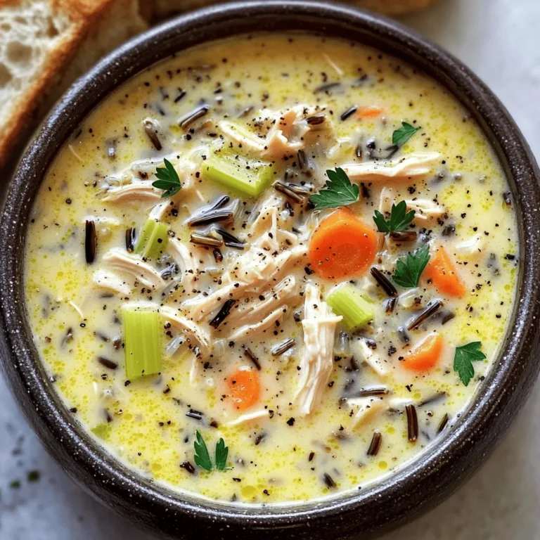 To make this cozy creamy chicken wild rice soup, gather these key ingredients: - 2 tablespoons olive oil - 1 medium onion, diced - 2 cloves garlic, minced - 2 medium carrots, diced - 2 celery stalks, diced - 1 teaspoon dried thyme - 1 teaspoon dried parsley - 1 teaspoon garlic powder - 1 lb cooked chicken, shredded - 1 cup wild rice, uncooked - 6 cups chicken broth - 1 cup heavy cream - 1 tablespoon lemon juice - Salt and pepper to taste - Fresh parsley for garnish These ingredients come together to create a rich and creamy flavor that warms your soul. To enhance the taste of your soup, consider adding: - 1 cup mushrooms, sliced - 1 cup spinach or kale - 1/2 teaspoon cayenne pepper for heat - A splash of white wine These extras can elevate the flavor and add a twist to your cozy soup. If you have dietary restrictions, try these substitutions: - Use vegetable broth instead of chicken broth for a vegetarian option. - Swap heavy cream with coconut milk for a dairy-free version. - Replace wild rice with brown rice or quinoa for different textures. These swaps help you enjoy the soup while meeting your dietary needs. Start by gathering all your ingredients. This will help you stay organized. Dice the onion, carrots, and celery into small pieces. Mince the garlic cloves. Measure out the dried thyme, parsley, and garlic powder. Shred the cooked chicken. This makes it easier to stir later. 1. Heat the olive oil in a large pot over medium heat. 2. Add the diced onion, carrots, and celery. Sauté these for about 5-7 minutes. You want them soft, not brown. 3. Next, add the minced garlic, thyme, parsley, and garlic powder. Cook this for 1 minute. It should smell great! 4. Stir in the shredded chicken and uncooked wild rice. Mix well to blend all the flavors. 5. Pour in the chicken broth and bring it to a boil. 6. Once boiling, reduce the heat and let it simmer for 45 minutes. The wild rice should be tender by now. 7. After 45 minutes, stir in the heavy cream and lemon juice. Simmer for another 5 minutes. This adds a creamy touch. 8. Season the soup with salt and pepper to taste. Adjust until it’s just right. 9. Remove the pot from heat and let it cool slightly. Serve the soup in deep bowls. Garnish with fresh parsley for a pop of color. A sprinkle of black pepper also adds flavor. I love to pair it with crusty bread. It makes for a heartwarming meal! To boost the taste of this soup, use fresh herbs. Fresh thyme or parsley adds a bright taste. You can also add a splash of white wine for depth. This gives the soup a nice zing. A pinch of red pepper flakes adds warmth. Just a little will do! Lemon juice brightens the creamy base. It balances the richness and wakes up the flavors. To keep a creamy texture, use heavy cream. Add it after the rice cooks. This way, it blends well with the broth. If the soup is too thin, let it simmer longer. The wild rice will soak up some broth. You can also mash a bit of rice. This will thicken the soup without adding flour. Shredding chicken is simple if you follow a few steps. Use two forks to pull the meat apart. It helps to use warm chicken; it shreds easier. If you have leftovers, store them whole. Shred just before adding them to your soup. This keeps the chicken moist and tasty. {{image_2}} You can make this soup without chicken for a vegetarian or vegan version. Swap the chicken broth for vegetable broth. Use plant-based cream to keep it creamy. You can add cooked lentils or chickpeas for protein. They add heartiness and texture. Don't forget to season well with salt and pepper. Adding seasonal veggies can boost flavor and nutrition. In fall, try diced butternut squash or sweet potatoes. In spring, add peas or asparagus for a fresh taste. You can toss in leafy greens like spinach or kale too. These veggies cook quickly and add color to your soup. If you love heat, add some spice to your soup. You can use red pepper flakes or hot sauce. A chopped jalapeño brings a fresh kick. For a smoky flavor, try adding chipotle peppers. Just remember to add spice in small amounts. You can always add more, but you can't take it out! You should store your soup in an airtight container. Let it cool down first, then seal it. It will last in the fridge for up to four days. To enjoy the best taste, eat it within two days. Freezing is a great way to save your soup for later. Use freezer-safe containers or bags. Make sure to leave some space at the top since the soup will expand. It can stay frozen for up to three months. When you're ready to eat it, just thaw it in the fridge overnight. To reheat your soup, pour it into a pot. Heat it over medium heat. Stir it often to keep it from sticking. If it seems too thick, add a splash of chicken broth or cream. This helps bring back the creamy texture. You can also use the microwave. Heat in short bursts and stir in between to warm it evenly. Enjoy your cozy soup! Yes, you can use leftover roasted chicken. It adds great flavor. Shred the chicken into bite-sized pieces. Stir it in when you add the uncooked wild rice. This saves time and reduces waste. To make this soup gluten-free, use gluten-free broth. Most brands offer a good option. Also, check the wild rice. Some blends may contain gluten. Stick to plain wild rice for a safe choice. The best way to thicken the soup is to add a slurry. Mix equal parts cornstarch and cold water. Stir this mix in while the soup simmers. Let it cook for a few minutes. This will give your soup a nice, creamy texture. In this post, we explored the key ingredients and step-by-step instructions for making a delicious soup. I shared tips for enhancing flavors and preventing a soupy texture. You found variations for dietary preferences, storage methods, and answers to common questions. Soup is a flexible dish you can adapt to your taste. Use these ideas to create something special each time. Enjoy making your next batch!