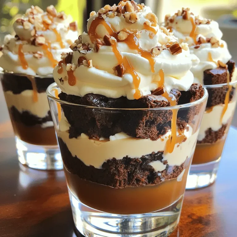 - 1 batch of brownies (homemade or store-bought), cooled and cut into cubes - 1 cup caramel sauce (store-bought or homemade) - 1 cup whipped cream (or non-dairy alternative) - 1 teaspoon sea salt - ½ cup chocolate ganache (made from equal parts chocolate and cream) - ½ cup crushed nuts (like pecans or almonds) - Fresh sea salt flakes for garnish Gathering the right ingredients makes all the difference. You can use homemade or store-bought brownies. I love making my brownies from scratch, but store-bought saves time. Use your favorite caramel sauce; homemade gives a rich flavor, while store-bought is quick and easy. Whipped cream adds a light touch. You can use non-dairy whipped topping if you prefer. Sea salt brings out all the flavors. It adds a savory twist to the sweet caramel and chocolate. Chocolate ganache is smooth and rich. It adds a layer of luxury to the dish. Crushed nuts add a nice crunch. Pecan and almond work well, but you can use what you have. Finally, fresh sea salt flakes are perfect for garnish. They make your trifles look fancy and enhance the taste. With these ingredients, you can create something truly special. Enjoy the process as you assemble your trifles! You can use homemade brownies or store-bought ones. If you bake them at home, follow your favorite recipe. Once baked, allow them to cool fully. After cooling, cut the brownies into small cubes. Aim for 1-inch squares for easy layering. To make homemade caramel, you'll need sugar and water. In a saucepan, mix 1 cup of sugar with ¼ cup of water. Heat this over medium heat. Stir until the sugar fully dissolves. Then, let it cook without stirring. Watch for it to turn a golden color. Once it does, take it off the heat. Carefully whisk in ½ cup of heavy cream. Let this cool slightly before use. If you choose store-bought caramel, warm it up for easy drizzling. Grab a bowl and pour in the cream. Use a mixer to whip the cream until soft peaks form. This will give it a nice texture. Next, fold in 1 teaspoon of sea salt gently. This salty touch enhances the sweet flavors of your dessert. Use clear glass cups or jars for a pretty presentation. Start by adding a layer of brownie cubes at the bottom. Next, drizzle some caramel sauce over the brownies. Then, add a layer of whipped cream. Follow this with a layer of chocolate ganache. Repeat these layers until the glass is full. Finish with a layer of whipped cream on top for a beautiful look. For garnish, sprinkle crushed nuts on top. Add a light sprinkle of sea salt flakes to boost the flavors. To let the layers set, place the trifles in the fridge for at least 30 minutes. This chill time is key for great texture and flavor. To make your trifle shine, you need clear layers. Start with brownie cubes as the base. Use a spoon to gently press them down. This keeps them stable. Next, drizzle warm caramel sauce over the brownies. Let it seep in for added flavor. Then, add whipped cream on top. Use a piping bag for a neat look. Repeat this process until you reach the top. Finish with whipped cream, nuts, and sea salt flakes. This will create a beautiful and delicious dessert. You can change flavors to suit your taste. Try adding fruits like raspberries or strawberries between layers. They add a fresh touch. You can also swap the chocolate ganache for a peanut butter cream. This will give a nice twist. For a spicier flavor, mix in a little cinnamon or chili powder with the caramel. Each variation can make your trifles unique and fun. Pair these trifles with a scoop of vanilla ice cream for extra creaminess. A warm cup of coffee also works well. You can serve them at parties or family gatherings. Their visual appeal makes them great for any occasion. Consider using clear glasses to show off those lovely layers. You can even add small spoons for a fun touch. Enjoy your dessert experience! {{image_2}} To keep your salted caramel brownie trifles fresh, cover them tightly. You can use plastic wrap or a lid. Store them in the fridge. This helps keep the layers intact and tasty. Make sure to eat them within a few days for the best flavor. Freezing trifles is not recommended. The texture of whipped cream changes when frozen. If you must freeze, separate the layers. Freeze the brownies and caramel sauce in airtight bags. When ready to eat, thaw and assemble them fresh. In the fridge, your trifles last about 3 days. After that, the layers may get soggy. To keep them tasty, enjoy them within this time. Check for any off smells or changes in texture before eating. Yes, you can use different nuts in your trifles. Here are some great options: - Walnuts - Pecans - Almonds - Hazelnuts Chop the nuts to small pieces for a nice crunch. Each nut adds a different taste and texture. Try mixing nuts for fun flavors! If you want to skip whipped cream, you have tasty options: - Non-dairy whipped topping - Greek yogurt - Mascarpone cheese - Coconut cream Each option gives a unique flavor and texture. Greek yogurt adds a tangy touch, while mascarpone is rich and creamy. Making caramel sauce is easy and fun! Here’s how: 1. Combine 1 cup of sugar and ¼ cup of water in a saucepan. 2. Heat on medium, stirring until sugar dissolves. 3. Cook without stirring until the mix turns golden. 4. Remove from heat and whisk in ½ cup of heavy cream. Let it cool before use. This homemade sauce makes your trifles richer! Yes, you can prepare trifles ahead of time! Here are some tips: - Assemble the trifles a few hours before serving. - Chill them in the fridge for at least 30 minutes. - For best results, eat them within two days. Preparing in advance saves time and lets flavors meld together for a tasty treat! Each serving of these Salted Caramel Brownie Trifles has about 400 calories. This number can change based on the ingredients you use. If you make brownies from scratch, the calorie count might be higher. Using store-bought brownies can lower it a bit. Keep this in mind when you make them. You can make these trifles gluten-free by using gluten-free brownies. Many grocery stores sell gluten-free brownie mixes. For dairy-free options, choose non-dairy whipped cream and dairy-free caramel sauce. This way, everyone can enjoy this treat without worry. A good serving size is about one cup. This is a perfect amount to satisfy your sweet tooth. If you want smaller servings, try using half-cup glasses. This way, you can serve more people and let them try different flavors. Enjoy your trifles with friends and family! This blog post outlined how to create delicious trifle desserts using brownies, caramel, and whipped cream. You learned the steps for preparing each layer and tips for serving. I also shared ways to store leftovers and answered common questions. In conclusion, these trifles are fun to make and customize. Enjoy experimenting with your favorite flavors and ingredients. With a little creativity, your dessert can shine at any gathering.