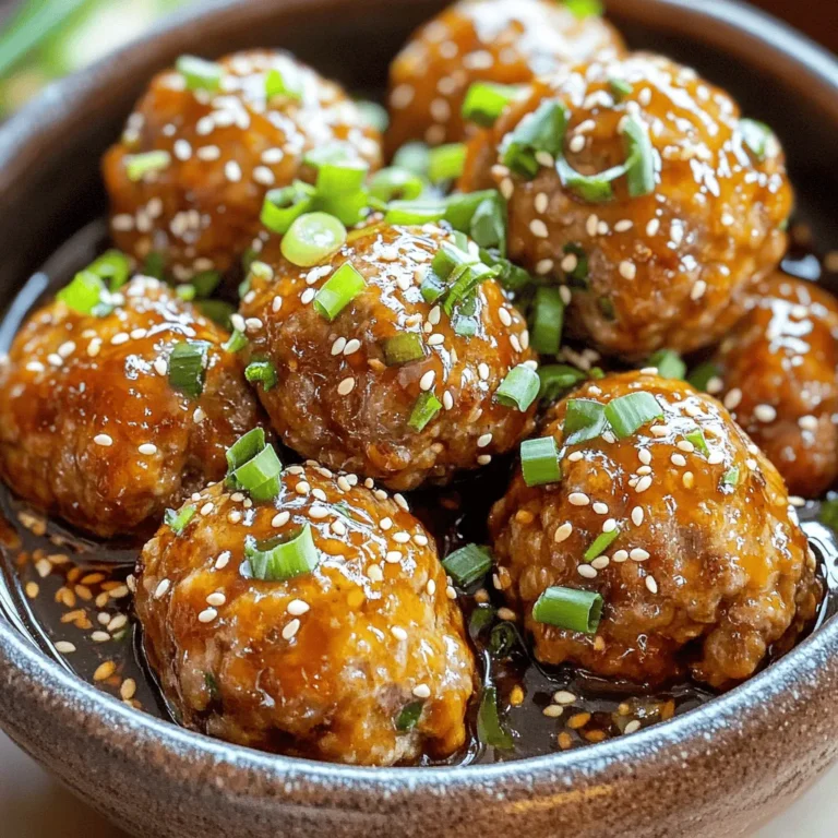 - 1 pound ground turkey - 1/4 cup breadcrumbs - 1/4 cup grated Parmesan cheese - 1/4 cup green onions, finely chopped - 2 cloves garlic, minced - 1 teaspoon fresh ginger, grated - 1 tablespoon soy sauce (low sodium) - 1 tablespoon sesame oil - 1 egg, beaten - Salt and pepper to taste - 1/4 cup teriyaki sauce (store-bought or homemade) - Sesame seeds, for garnish You can swap some ingredients if you need to. Here are some ideas: - Use lean ground chicken or pork instead of turkey. - Choose gluten-free breadcrumbs for a gluten-free option. - Try nutritional yeast instead of Parmesan for a dairy-free twist. - Use different sauces, like a spicy sauce or sweet chili, for flavor changes. These swaps let you customize your dish. You gain flavor while fitting your diet. In a large bowl, combine these ingredients: - 1 pound ground turkey - 1/4 cup breadcrumbs - 1/4 cup grated Parmesan cheese - 1/4 cup green onions, finely chopped - 2 cloves garlic, minced - 1 teaspoon fresh ginger, grated - 1 tablespoon low sodium soy sauce - 1 tablespoon sesame oil - 1 egg, beaten - Salt and pepper to taste Mix everything until well blended. Use your hands or a spoon. You want a smooth and even texture. This mixture holds together and makes great meatballs. Next, scoop out a tablespoon of the turkey mixture. Roll it into a ball with your hands. Try to make them the same size for even cooking. Place each ball on a plate or tray. Repeat this until all mixture is shaped into meatballs. Preheat your oven to 400°F (200°C). Line a baking sheet with parchment paper. This helps prevent sticking. Place the meatballs on the sheet, leaving space between them. Bake for 20-25 minutes. They should be golden brown and cooked through. Check that they reach an internal temperature of 165°F (74°C). When done, transfer the meatballs to a large bowl. Pour heated teriyaki sauce over them. Toss gently to coat. Serve hot and enjoy! To make your meatballs just right, you need the right moisture. I use breadcrumbs and an egg to help bind the mix. The breadcrumbs soak up moisture and keep the meatballs from being too dry. You can also try adding more or less breadcrumbs to find your perfect mix. You can cook these meatballs in different ways. Baking is easy, but you can also use a skillet or an air fryer. If you want a crispy outside, the air fryer works great. Just adjust the cooking time to get them nice and golden. Want to kick up the flavor? You can use marinades or add extra spices to the meat mixture. Feel free to get creative! A splash of hot sauce or a pinch of cumin can really change the game. When serving, think about your sauces. You can drizzle more teriyaki sauce on top or serve it on the side for dipping. This adds a nice touch and makes the dish more fun to eat. To make your meal complete, think about sides. Steamed rice or sautéed veggies pair well with your meatballs. A fresh salad can also brighten the plate. For presentation, consider garnishing with sesame seeds and extra green onions. This adds color and makes your dish look even more appealing. People eat with their eyes first, so make it pop! {{image_2}} You can easily change the teriyaki flavor in your meatballs. - Pineapple teriyaki glaze: This glaze adds a sweet and fruity taste. Just mix pineapple juice with teriyaki sauce. Brush this mix over your meatballs during the last few minutes of baking. - Spicy teriyaki options: For a kick, add sriracha or red pepper flakes. This will give your meatballs a warm, spicy flavor. Mix it into your teriyaki sauce before tossing the meatballs. Not everyone loves turkey, and that's okay! You have options. - Vegetarian or vegan meatballs: Use lentils or chickpeas instead of turkey. Mash them well and mix with breadcrumbs and spices. This makes a great meatless meal! - Different proteins: You can swap turkey for ground beef or fish. Each protein brings a unique taste and texture. Fish adds a light, flaky element that pairs well with teriyaki. These meatballs can fit into many meals. You can mix in flavors from other cuisines. - Asian-inspired accompaniments: Serve the meatballs with rice, steamed veggies, or noodles. Add some soy sauce and sesame seeds on top for a nice finish. - Western twist ideas: Try serving the meatballs in a sub roll. Add cheese and some crunchy veggies for a fun sandwich. This mix of flavors brings a new take on the classic meatball. To keep your teriyaki turkey meatballs fresh, store them in an airtight container. Make sure they cool down first. Place a layer of paper towels at the bottom to absorb moisture. This helps prevent sogginess. They can last in the fridge for up to three days. If you want to freeze them, let the meatballs cool completely first. Arrange them in a single layer on a baking sheet. Freeze until solid, then transfer them to a freezer bag. This helps avoid sticking. They can stay frozen for up to three months. To thaw, move the meatballs to the fridge overnight. For quicker results, place them in cold water for about an hour. Reheat them in the oven at 350°F (175°C) until heated through. You can also use a microwave, but the oven keeps them crispy. Freshly made meatballs should be eaten within three days if stored in the fridge. If frozen, they can last up to three months. Always check for any signs of spoilage before eating them. To check if your meatballs are cooked, use a meat thermometer. The safe internal temperature for ground turkey is 165°F (74°C). Insert the thermometer into the center of a meatball to get an accurate reading. If you don’t have a thermometer, look for a golden-brown color on the outside. The meatballs should feel firm to the touch and no longer be pink inside. Cooking time is usually 20-25 minutes at 400°F (200°C). Yes, you can make these meatballs ahead of time. Prepare the meatball mixture and shape the meatballs. You can store them in the fridge for one day before cooking. For longer storage, freeze the shaped meatballs in a single layer. Once frozen, transfer them to a freezer bag. To cook, just bake them from frozen, adding a few extra minutes to the cooking time. This method saves time and helps with meal prep. These meatballs pair well with many dishes. Here are some ideas: - Steamed rice: White or brown rice makes a neutral base. - Vegetables: Stir-fried or steamed broccoli, snap peas, or bell peppers add color and nutrition. - Salad: A fresh green salad with sesame dressing adds crunch. - Noodles: Serve with soba or rice noodles for a hearty meal. - Dipping sauce: Offer extra teriyaki sauce or a spicy mayo on the side. In this blog post, we explored how to make delicious teriyaki turkey meatballs. We covered the key ingredients and offered substitutions for different needs. I shared step-by-step instructions, tips for perfect texture, and ways to boost flavor. You can try variations and learn proper storage methods for your meatballs. Teriyaki turkey meatballs are versatile and easy to enjoy with many sides. Remember, the best meals come from experimentation, so have fun trying new ideas!