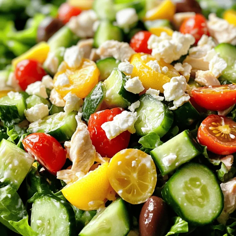 - 2 cups cooked chicken breast, shredded or diced - 1 cup Greek yogurt (plain) - 1/4 cup mayonnaise (optional for creaminess) - 1/2 cup cucumber, diced - 1/4 cup red onion, finely chopped - 1/2 cup cherry tomatoes, halved - 1/4 cup Kalamata olives, pitted and sliced - 1/4 cup crumbled feta cheese - 1 tablespoon olive oil - 1 tablespoon fresh lemon juice - 1 teaspoon dried oregano - Salt and pepper to taste - Mixed greens or lettuce for serving Greek yogurt chicken salad is a great dish. It is healthy and tasty. The main part is the chicken. You can use leftover chicken or cook fresh. I love using Greek yogurt. It makes the salad creamy and rich. You can add mayonnaise if you want it creamier. The yogurt is lighter and gives a nice tang. Cucumbers add a fresh crunch. Red onions bring a sweet bite. Cherry tomatoes add color and sweetness. Kalamata olives give a briny taste. Feta cheese adds saltiness and creaminess. The olive oil and lemon juice keep everything bright. Dried oregano adds a nice herbal flavor. You can adjust the salt and pepper to make it perfect for you. This salad works well on mixed greens or lettuce. I love serving it on a hot day. It’s refreshing, filling, and easy to make. Plus, you can eat it alone or with some bread. There are many ways to enjoy this dish! Prep Time: 15 mins | Total Time: 45 mins | Servings: 4 1. Grab a large mixing bowl. Combine the Greek yogurt and mayonnaise. Mix until smooth. 2. Add olive oil, fresh lemon juice, dried oregano, salt, and pepper. Whisk until mixed well. 3. Fold in the chicken, cucumber, red onion, cherry tomatoes, olives, and feta. Stir gently. 4. Taste the salad. Adjust seasoning by adding more salt, pepper, or lemon juice if needed. 5. Chill the salad in the fridge for at least 30 minutes. This helps the flavors blend. 6. When ready, place mixed greens or lettuce on plates or in a bowl. 7. Spoon the Greek yogurt chicken salad over the greens. Garnish with extra olives or feta. - Use fresh herbs for a bright flavor. - Swap chicken for turkey for a lighter option. - Add a dash of hot sauce for a spicy kick. - Use a mix of colored tomatoes for a vibrant look. - If you like crunch, add chopped nuts or seeds. - For a creamier texture, use more Greek yogurt and less mayonnaise. You can change the chicken in this salad to turkey. Turkey gives a nice twist. If you want a vegetarian option, try chickpeas instead. They add protein and texture. For the yogurt, almond or coconut yogurt works well for dairy-free needs. You can also swap the feta cheese for avocado. This adds creaminess without dairy. Serve this salad on a bed of mixed greens or inside pita bread. You can add extra cherry tomatoes or cucumber on top for color. A sprinkle of fresh herbs like parsley or dill brightens the dish. For a crunchy side, pair it with whole-grain crackers or toasted pita chips. To keep leftovers fresh, store the salad in an airtight container. It lasts up to three days in the fridge. If you want the salad to stay crisp, keep the greens separate. Add them just before serving. Avoid freezing the salad, as the texture will change when thawed. {{image_2}} To give your Greek yogurt chicken salad a Mediterranean flair, try adding some extra ingredients. Consider tossing in: - 1/4 cup sun-dried tomatoes for a tangy kick - 1/4 cup artichoke hearts, chopped for added texture - Fresh basil leaves, torn for a burst of flavor These ingredients add depth and a unique taste. The sun-dried tomatoes bring sweetness, while artichokes add a nice crunch. Fresh basil brightens the whole dish. Each bite becomes a journey through the Mediterranean. If you want to keep your chicken salad low in carbs, there are easy swaps. Here are some ideas: - Use grilled chicken thighs instead of breasts for more flavor - Replace the cucumbers with zucchini noodles for crunch - Skip the olives, or use fewer to cut carbs These changes keep the salad tasty and filling. You still enjoy that creamy texture and fresh taste. Plus, you won’t miss out on flavor! Making a vegan Greek yogurt chicken salad is simple. Here’s how to switch things up: - Use chickpeas instead of chicken for protein - Swap Greek yogurt with dairy-free yogurt, like coconut or almond - Add diced bell peppers for crunch and color These swaps make the salad plant-based while keeping it delicious. Chickpeas add a hearty bite, and dairy-free yogurt provides creaminess. Enjoy this fresh take on a classic! If you don’t have Greek yogurt, try using regular yogurt. It will work well but may be thinner. You can also use sour cream for a creamy texture. For a dairy-free option, consider silken tofu or cashew cream. Both options will add richness and flavor. This salad stays fresh for about 3 to 4 days in the fridge. Make sure to store it in an airtight container. Keep it cool to avoid spoilage. If you notice any changes in smell or color, it's best to toss it out. I do not recommend freezing this salad. Freezing can change the texture of the ingredients. The yogurt can separate when thawed, making it less appealing. If you want to save leftovers, store them in the fridge instead. If you enjoy Greek yogurt chicken salad, you might like these other fresh salads: - Curry Chicken Salad: This salad mixes cooked chicken with curry powder, yogurt, and dried fruits for a sweet and spicy twist. - Tuna Salad with Greek Yogurt: Swap out mayo for Greek yogurt in your classic tuna salad for a healthier option. - Chicken Caesar Salad: Grilled chicken, romaine lettuce, and homemade Caesar dressing make for a classic favorite. - Quinoa Salad with Chicken: Combine cooked quinoa, chicken, veggies, and a light dressing for a nutritious meal. Homemade dressings can elevate your salads. Here are some easy options: - Lemon Vinaigrette: Mix lemon juice, olive oil, salt, and pepper for a zesty touch. - Honey Mustard Dressing: Blend honey, Dijon mustard, olive oil, and vinegar for a sweet and tangy flavor. - Greek Yogurt Ranch: Combine Greek yogurt with garlic powder, dill, and buttermilk for a healthy ranch option. Meal prep can save you time and help you eat well. Check out these ideas: - Mason Jar Salads: Layer your salad ingredients in a jar for a quick grab-and-go meal. - Baked Chicken Breast: Cook chicken in bulk and use it in salads or other meals throughout the week. - Vegetable Stir-Fry: Prep colorful veggies and proteins for quick stir-fry dinners. These choices will keep your meals fresh and interesting while fitting your healthy lifestyle! This blog post covered a tasty Greek yogurt chicken salad recipe. You learned about the ingredients, nutritional details, and easy steps to make it. I shared tips for perfecting the dish and ideas for storage. You can also try various swaps and variations to suit your taste. In any kitchen, this recipe balances health and flavor. Enjoy experimenting with your own touches! Whether it's a meal prep or a fresh dish, you have plenty to explore.