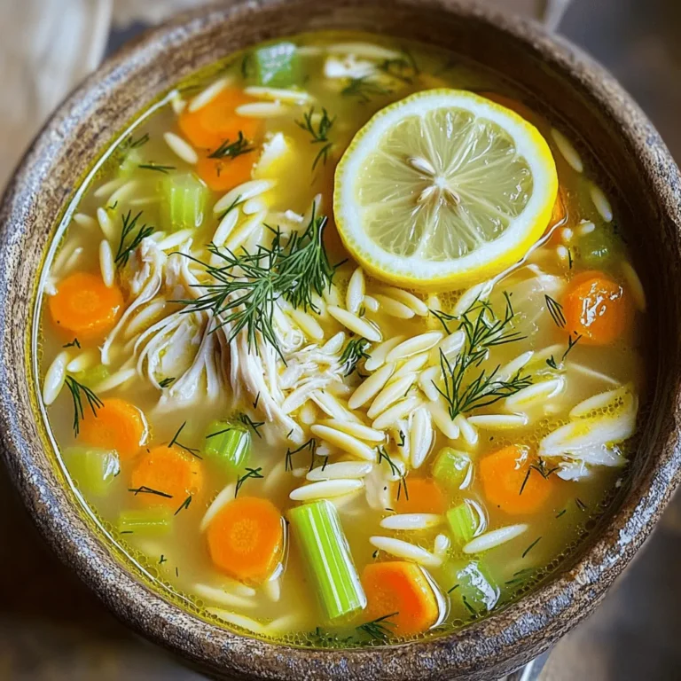 - 1 lb boneless, skinless chicken breast - 6 cups chicken broth - 1 medium onion, finely chopped - 2 carrots, diced - 2 celery stalks, diced - 1 cup uncooked orzo pasta The chicken and broth form the heart of this soup. They give it a rich, warm base. The onion, carrots, and celery add flavor and texture. Together, they create a tasty, healthy meal. - 3 large eggs - 1/3 cup freshly squeezed lemon juice (about 2-3 lemons) - 1 tablespoon olive oil - 1 teaspoon dried oregano - Salt and pepper to taste - Fresh dill or parsley, for garnish - Lemon slices, for garnish Eggs and lemon juice bring creaminess and brightness to the soup. Olive oil adds a nice touch of richness. Oregano, salt, and pepper enhance the flavors. Dill or parsley and lemon slices make the dish visually appealing. - Alternatives for chicken: Use turkey or tofu for different flavors. - Dairy or gluten-free options: Substitute with gluten-free pasta or broth. - Vegan adaptations: Replace chicken with chickpeas and use vegetable broth. These swaps keep the dish flexible. You can easily cater to different diets while keeping the essence of Greek lemon chicken soup. - Sautéing vegetables: Start by heating the olive oil in a large pot over medium heat. Add the chopped onion, diced carrots, and diced celery. Stir them well. Cook for about 5 to 7 minutes until they are soft. This step adds flavor to the soup. - Cooking the chicken: Next, add the boneless, skinless chicken breast to the pot. Pour in the chicken broth, and sprinkle the dried oregano. Bring the mixture to a boil. Once boiling, lower the heat and cover the pot. Let it simmer for 20 to 25 minutes or until the chicken is fully cooked. Remove the chicken from the pot and place it on a cutting board. When it’s cool, shred it into bite-sized pieces. - Cooking orzo: In the same pot, add uncooked orzo pasta. Cook it according to the package instructions, which usually takes about 8 minutes. Stir occasionally to keep it from sticking. - Tempering the egg mixture: While the orzo cooks, whisk the eggs and lemon juice in a bowl until smooth. To temper the egg mixture, add a ladle of hot soup to it slowly while whisking. This helps keep the eggs from curdling when you mix them back into the soup. - Adding seasoning: Slowly pour the tempered egg mixture back into the pot while stirring gently. Add the shredded chicken back, and season with salt and pepper to taste. Heat the soup for another 2 to 3 minutes, but avoid boiling it. - Serving suggestions: Remove the soup from heat and let it sit for a few minutes. Serve in bowls. Garnish each bowl with fresh dill or parsley and a slice of lemon for a bright touch. Enjoy your delicious Greek lemon chicken soup! - Using rotisserie chicken: You can save time by using rotisserie chicken. Just shred it and add it to the pot. This way, you skip the cooking time for the chicken. - Pre-prepped ingredients: Look for pre-chopped veggies at the store. They help you save time in the kitchen. Grab a bag of pre-diced onions, carrots, and celery. This makes your soup ready in no time. - Adding more herbs and spices: To make the soup pop, think about adding more herbs. Fresh dill or parsley can brighten the taste. You might also try thyme or basil for a new twist. - Choosing the right broth: The broth is key to a great soup. Use a high-quality chicken broth for the best flavor. If you make it at home, let it simmer for hours to bring out the depth. - Cooking orzo properly: Pay close attention to the orzo. Cook it until it’s al dente. This means it should be firm, not mushy. Stir it often to keep it from sticking to the pot. - Avoiding curdled eggs: When you add eggs to the soup, do it slowly. Whisk the eggs and lemon juice together first. Then, mix in a little hot soup to temper the eggs. This helps prevent curdling and keeps your soup smooth. {{image_2}} Greek Lemon Chicken Soup has many tasty twists. You can add classic Greek ingredients like feta cheese or olives for a richer flavor. These ingredients bring a salty and briny taste. You might also add capers for a zesty kick. In other Mediterranean regions, you could replace orzo with rice or barley. This change gives the soup a unique texture while keeping it hearty. If you want low-carb options, skip the orzo. Instead, you can add zucchini noodles or cauliflower rice. Both options keep the soup filling without the carbs. For a dairy-free version, just leave out the eggs. The soup will still taste great, and you can use lemon juice to keep that zesty flavor. You can change the flavor profile to match your taste. For a spicy version, add red pepper flakes or fresh chili. This adds a warm heat that boosts the soup’s flavor. If you prefer a lemon-forward profile, increase the lemon juice to make it tangy and bright. An herb-heavy adaptation could include fresh basil or mint, adding freshness and aroma to the dish. Each variation offers a new way to enjoy this classic soup. - Refrigeration guidelines: Store your Greek lemon chicken soup in an airtight container. It stays fresh for up to 3 days in the fridge. Let it cool before sealing to avoid condensation inside the container. - Freezing for later: You can freeze the soup for up to 3 months. Use freezer-safe containers or bags. Leave some space for expansion when freezing. This way, you can enjoy it later. - Best practices for quality: When reheating, do it on the stove over low heat. Stir often to heat evenly. You can add a splash of broth or water to keep it from getting thick. - Avoiding mushy orzo: If you freeze the soup, the orzo may become mushy when reheated. To avoid this, cook the orzo separately and add it just before serving. - How long it lasts: In the fridge, the soup lasts about 3 days. If frozen, it can last up to 3 months. - Signs of spoilage: Look for any off smells or changes in color. If it smells sour or shows mold, throw it away. Always prioritize food safety! Greek Lemon Chicken Soup, also known as Avgolemono, combines chicken, broth, and lemon. This soup has a creamy texture from the eggs and a bright taste from the lemon juice. It is a popular dish in Greece, often served during family gatherings or special occasions. The soup warms the heart and brings people together, making it a cultural staple. Yes, you can use other types of pasta. Some good options include small shells, ditalini, or even rice. If you choose a different pasta, adjust the cooking time as needed. Always check the package instructions for the best results. This way, you can customize the dish to your liking while still enjoying the flavors. This soup is healthy and packed with nutrients. The chicken provides protein, while vegetables add vitamins. The lemon juice offers vitamin C, which helps boost your immune system. In one serving, the soup has about 300 calories, making it a light yet filling option. It is a great choice for a wholesome meal that satisfies your hunger. This blog covered key ingredients like chicken, veggies, and orzo. You learned how to enhance the soup's flavor with eggs, lemon, and herbs. There are also tips for faster prep, ingredient swaps, and variations based on diet. Storing leftovers and reheating them properly ensures great taste. Inclusion of diverse flavors and dietary options makes this recipe adaptable. Now, you can enjoy a warm bowl of Greek Lemon Chicken Soup anytime!