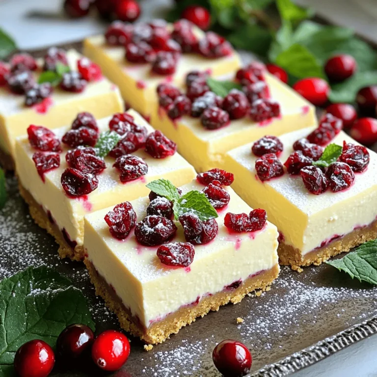 - 1 ½ cups graham cracker crumbs - ½ cup unsalted butter, melted - 2 cups cream cheese, softened - 1 cup white chocolate chips, melted and slightly cooled - ½ cup powdered sugar - 1 teaspoon vanilla extract - 1 cup sour cream - 1 cup dried cranberries, chopped - Zest of 1 lemon - Pinch of salt - 9x9 inch square baking pan - Mixing bowls - Spatula - Electric mixer To create these white chocolate cranberry cheesecake bars, you need simple yet tasty ingredients. The graham cracker crumbs form a crunchy crust that pairs well with the creamy filling. The melted butter helps bind the crumbs together, giving you a solid base. For the filling, soft cream cheese is key. It provides a rich texture. You will mix this with melted white chocolate, adding a sweet touch. The powdered sugar and vanilla extract enhance the flavor, while sour cream adds a lovely tang. The chopped dried cranberries give bursts of flavor and a pop of color. The lemon zest brightens everything up and adds freshness. Don't forget a pinch of salt to balance the sweetness! As for the equipment, you will need a 9x9 inch baking pan for the perfect size. Mixing bowls are essential for combining your ingredients. A spatula is handy for spreading the filling evenly. An electric mixer makes it easy to whip the cream cheese until smooth. Gather these items, and you will be ready to make a delightful dessert that everyone will love! First, grab a medium bowl. Combine 1 ½ cups of graham cracker crumbs and ½ cup of melted butter. Mix until all crumbs are coated. This step is key for a tasty crust. Next, press the mixture firmly into the bottom of a 9x9 inch square baking pan. Make sure it is even and compact. Now, place the pan in the fridge. Let it chill while you prepare the filling. In a large mixing bowl, beat 2 cups of softened cream cheese until smooth. This creates a nice base for your cheesecake. Gradually blend in 1 cup of melted white chocolate. Keep mixing until everything is combined. After that, add ½ cup of powdered sugar, 1 teaspoon of vanilla extract, and a pinch of salt. Mix again until smooth. Now, fold in 1 cup of sour cream, 1 cup of chopped dried cranberries, and the zest of 1 lemon. This adds flavor and texture. Gently mix until all the ingredients are well distributed. Take the cream cheese mixture and pour it over the chilled crust. Use a spatula to spread it evenly. Make sure to cover all the crust. Then, cover the pan with plastic wrap. Place it back in the fridge and let it chill for at least 4 hours. This helps the bars set properly. When ready, remove from the fridge and cut into squares. Enjoy your delicious white chocolate cranberry cheesecake bars! - Ensure cream cheese is fully softened. Cold cream cheese makes lumps. - Gradually add melted white chocolate. This keeps the mix smooth and creamy. To get a perfect filling, start with room temperature cream cheese. It should feel soft when you touch it. If it is cold, the filling will not mix well. I usually leave it out for about an hour before I start mixing. Next, melt your white chocolate gently. I like to use a microwave in short bursts. Let it cool slightly before adding it to the cream cheese. This prevents curdling. When you mix, go slow. This helps keep the texture nice and smooth. - Garnish with additional cranberries and mint leaves. This adds color and flavor. - Lightly dust with powdered sugar. It gives a nice, sweet touch. When serving these cheesecake bars, think about how they look. I love to add a few extra dried cranberries on top. They pop with color and taste. Fresh mint leaves also make the dish look fancy. A light dusting of powdered sugar makes it all feel special. Use a small sifter for even coverage. Your guests will be impressed by the look and the taste! - Not chilling the crust long enough. A warm crust can make the filling soggy. - Overmixing after adding cranberries. This breaks them down too much. One big mistake is rushing the chilling time for your crust. If you don't chill it long enough, the filling can make it soggy. I always let it set for at least 30 minutes. This way, it holds its shape. Another mistake is overmixing the filling after adding cranberries. You want to fold them in gently. This keeps them whole and gives you nice bites of fruit in each bar. {{image_2}} You can swap in gluten-free graham crackers for a tasty gluten-free version. This keeps the flavor while catering to dietary needs. If you want a different fruit vibe, try using cherries or strawberries instead of cranberries. This change brings new colors and flavors to your bars. To add a fun twist, incorporate some orange zest into the cream cheese mixture. This bright flavor will lift your cheesecake bars to new heights. You can also add a splash of almond extract. This gives a rich depth to the overall taste. Feel free to cut your bars into smaller or larger pieces. Making smaller bars is great for parties, while larger ones work well for dessert lovers. Adjusting the size lets you create the perfect treat for any occasion. Keep your white chocolate cranberry cheesecake bars in an airtight container in the fridge. This helps keep them fresh and tasty. Make sure they are sealed well to avoid any fridge odors. You can freeze these bars for up to 3 months. Just wrap them tightly in plastic wrap and place them in a freezer-safe container. When you're ready to enjoy them, simply thaw the bars in the fridge before serving. This keeps the texture smooth and creamy. These cheesecake bars are best consumed within 1 week. After that, their flavor and texture may change. Enjoy them while they’re fresh for the best experience! Yes, you can substitute with regular chocolate or dark chocolate. Both will change the taste a bit. White chocolate is sweet, while dark chocolate is richer. If you prefer a deeper flavor, dark chocolate works well. Just melt it the same way. These bars need a minimum of 4 hours to set for best results. The chilling time helps them firm up nicely. If you can, let them chill longer. This extra time allows the flavors to blend well. Yes, they can be prepared up to 2 days ahead of serving. This makes them great for parties or special events. Just cover them well and store in the fridge. This way, you can focus on other dishes. You now know how to make delicious cheesecake bars with a twist. We covered the key ingredients, step-by-step instructions, tips to avoid mistakes, and fun variations. Remember to chill the crust and avoid overmixing your filling. These bars are great for any occasion and can be customized to fit your taste. Store them in the fridge or freeze extras for later. Enjoy sharing these tasty treats with friends and family!
