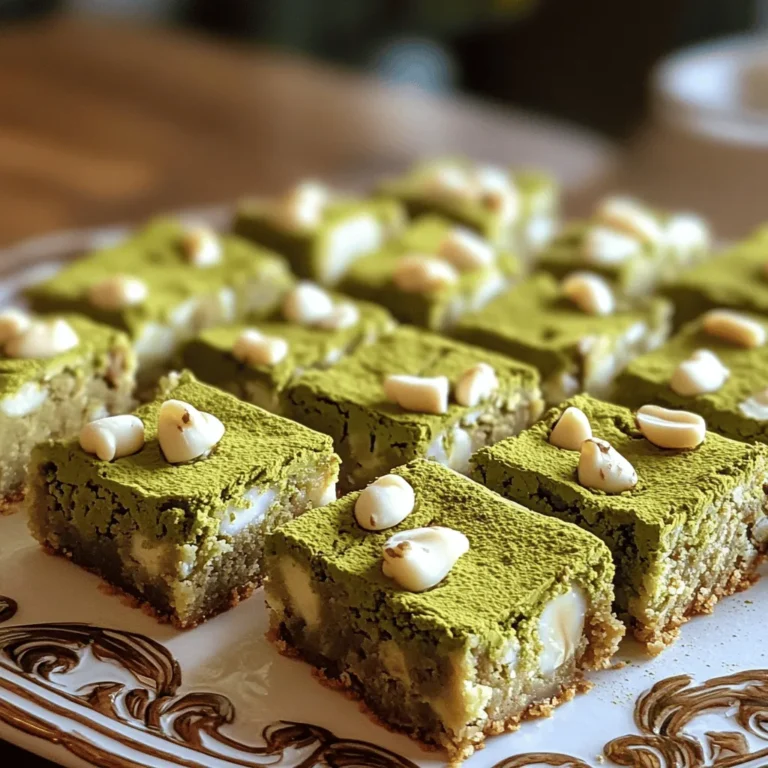 The right ingredients make all the difference in baking. For Matcha White Chocolate Blondies, you need: - 1 cup unsalted butter, melted - 1 cup packed brown sugar - 1/2 cup granulated sugar - 2 large eggs - 2 teaspoons vanilla extract - 2 cups all-purpose flour - 2 tablespoons matcha green tea powder - 1 teaspoon baking powder - 1/2 teaspoon salt - 1 cup white chocolate chips - 1/4 cup chopped macadamia nuts (optional) Using high-quality matcha helps enhance the flavor. It gives your blondies a vibrant green color and a lovely taste. If you prefer, you can swap the macadamia nuts for your favorite nuts. Almonds or walnuts work well too! Make sure your butter is melted but not too hot. This will help your blondies bake evenly. The combination of brown and granulated sugar adds moisture and sweetness. The eggs bind everything together while keeping it soft. Gather all these ingredients, and you’re ready to create a delightful treat! - Preheat your oven to 350°F (175°C). - Grease or line a 9x13 inch baking pan. Start by preheating the oven. This step makes sure your blondies bake evenly. Greasing the pan helps the blondies come out easily. You can use cooking spray or parchment paper for this. - Combine melted butter, brown sugar, and granulated sugar. - Incorporate eggs and vanilla extract. In a large bowl, mix melted butter with brown sugar and white sugar. This creates a smooth base. Add the eggs, one at a time. Make sure to mix well after adding each egg. Finally, stir in the vanilla extract for extra flavor. - Whisk together flour, matcha powder, baking powder, and salt. - Gradually mix dry ingredients into the wet mixture. In another bowl, whisk together the flour, matcha powder, baking powder, and salt. This step helps evenly distribute the matcha flavor. Slowly add the dry mix to the wet mix. Stir gently until just combined. Avoid overmixing, as this keeps your blondies chewy. - Fold in white chocolate chips and optional macadamia nuts. - Spread batter and bake for 20-25 minutes. - Cool before cutting into squares. Now, fold in the white chocolate chips and macadamia nuts if you want. Spread the batter evenly in the prepared pan. Bake in the oven for 20 to 25 minutes. Check with a toothpick; it should come out with a few moist crumbs. Let your blondies cool for about 10 minutes in the pan. Then transfer them to a wire rack to cool completely. After they cool, cut them into squares and enjoy! To make great matcha white chocolate blondies, avoid overmixing. When you mix your batter, just combine the ingredients until they blend well. Overmixing can make your blondies tough instead of chewy. To check if your blondies are done, use a toothpick. Insert it into the center of the pan. If it comes out with a few moist crumbs, they are ready. If it comes out wet, bake a little longer. For a beautiful finish, dust your blondies lightly with matcha powder. This adds color and enhances the matcha flavor. Use a fine sieve to sprinkle it evenly over the top. You can also drizzle melted white chocolate over the blondies. Melt the chocolate and use a fork to create a lovely design. This makes your dessert look fancy and tastes amazing! {{image_2}} You can change up your Matcha White Chocolate Blondies with fun add-ins. Try using different nuts or chocolate types. For a richer flavor, use dark chocolate or milk chocolate instead of white. Chopped nuts like walnuts or almonds also work well. Dried fruits can add a nice touch, too. Toss in some dried cranberries or cherries for a sweet and tart balance. These fruits bring more color and flavor. You can mix and match to find your favorite combos. If you need to make dietary changes, it’s easy to adapt this recipe. For a gluten-free option, swap regular flour with almond flour or a gluten-free blend. This makes the blondies just as tasty without the gluten. If you want a vegan version, replace the eggs with flax eggs. Mix one tablespoon of flaxseed meal with three tablespoons of water and let it sit for five minutes. Use plant-based butter instead of regular butter. These swaps keep the blondies soft and delicious while meeting dietary needs. Get creative and enjoy these variations! To keep your Matcha White Chocolate Blondies fresh, store them in an airtight container. This helps to keep them moist and tasty. Before you put them away, let them cool completely. If you don’t wait, they might get soggy. I recommend letting them cool for about 10 to 15 minutes after baking. Then, transfer them to a cooling rack. This way, they will stay soft and delicious. If you want to save blondies for later, freezing works great. Cut the blondies into squares first. Wrap each piece tightly in plastic wrap. Then, place them in a freezer-safe bag or container. This keeps them fresh for up to three months. When you are ready to eat them, take them out of the freezer. Let them thaw in the fridge overnight. For quick serving, you can also leave them at room temperature for a few hours. Enjoy your blondies with a warm cup of tea or coffee. To boost the matcha flavor, use high-quality matcha powder. You can also add a pinch of salt to enhance the sweetness. If you want extra sweetness, consider folding in more white chocolate chips. Another option is to mix in a bit of almond extract for a unique twist. You can even sprinkle some matcha powder on top before serving for added flavor and visual appeal. Yes, you can swap out the sugars in this recipe. Try using coconut sugar for a deeper, caramel-like flavor. Maple sugar is another great choice; it adds a lovely sweetness and a hint of maple taste. If you choose to use these alternatives, remember to adjust the measurements slightly. Coconut sugar is less sweet, so you may want to use a bit more. If your blondies are too dry, there are a few tricks you can try. First, make sure you measure your flour accurately. Too much flour can cause dryness. If they are already baked, serve them with a scoop of ice cream or drizzled with melted white chocolate. This will add moisture and improve the experience. For future batches, try adding an extra egg or a tablespoon of milk to keep them moist. You now have all you need to create delightful Matcha White Chocolate Blondies. We walked through the ingredients, step-by-step baking instructions, and useful tips. You learned how to customize these blondies with various add-ins and how to store them properly. Remember, practice makes perfect. Don't be afraid to experiment. With these guidelines, you can enjoy baking and sharing these treats. Happy baking!