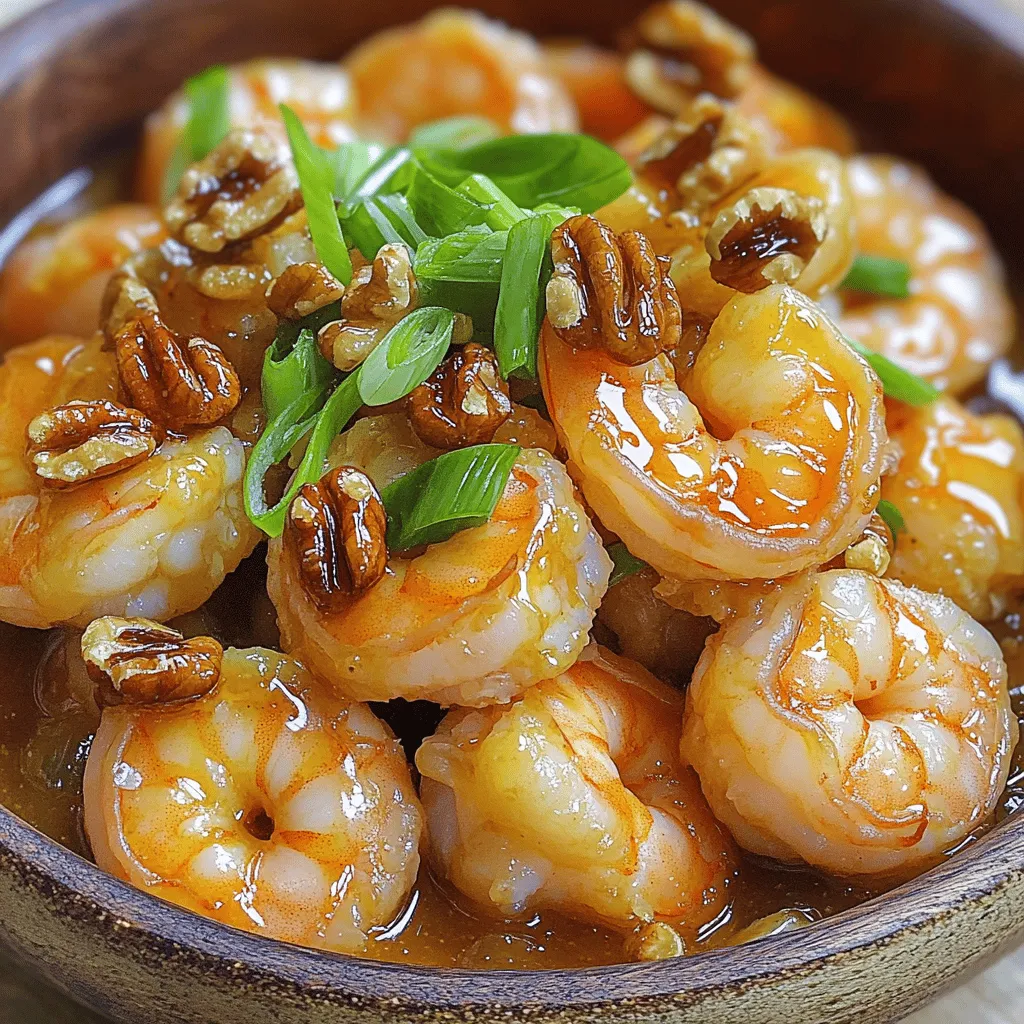 - 1 lb large shrimp, peeled and deveined - 1/2 cup walnuts, toasted - 1/2 cup mayonnaise - 1/4 cup honey These main ingredients create the base for our dish. The large shrimp give a juicy bite. The walnuts add crunch and depth. Mayonnaise makes the sauce creamy, while honey brings sweetness. - 1 tablespoon sweetened condensed milk - 1 tablespoon lemon juice - 1/2 teaspoon garlic powder - 1 cup cornstarch The sweetened condensed milk adds richness. Lemon juice brightens the flavor. Garlic powder gives a hint of savory taste. Cornstarch coats the shrimp, ensuring they fry up crispy. - Vegetable oil (for frying) - 1/2 teaspoon salt - 1/4 teaspoon black pepper - Chopped green onions for garnish Vegetable oil is key for frying. It needs to be hot for a perfect crisp. Salt and pepper season the shrimp just right. Chopped green onions add color and fresh flavor to the final dish. In a mixing bowl, combine mayonnaise, honey, sweetened condensed milk, lemon juice, garlic powder, salt, and black pepper. Whisk until smooth. This sauce gives the dish its sweet and creamy flavor. Set it aside so the flavors can blend. First, pat the shrimp dry with paper towels. This step helps the coating stick well. Next, season the shrimp lightly with salt and pepper. Take a shallow bowl and fill it with cornstarch. Dredge each shrimp in the cornstarch until it is well-coated. Shake off any excess. This step makes the shrimp crispy when cooked. In a large skillet or deep fryer, heat vegetable oil over medium-high heat. Aim for about 350°F. You’ll know it’s ready when the oil shimmers. Fry the shrimp in batches, so they have space. Cook them for 3-4 minutes, or until they turn golden brown and are cooked through. Use a slotted spoon to remove the shrimp and let them drain on paper towels. In a large mixing bowl, combine the fried shrimp with the prepared honey sauce. Gently fold the shrimp until they are evenly coated. Add the toasted walnuts and fold them in for extra crunch. Serve immediately and garnish with chopped green onions for a fresh touch. To fry shrimp well, pay attention to oil temperature. Heat your vegetable oil to about 350°F. Use a kitchen thermometer for accuracy. If the oil is too cool, the shrimp will soak up oil. If it's too hot, they can burn. Fry the shrimp in small batches. This helps keep the oil temperature steady. Overcrowding the pan can lead to uneven cooking. Aim to fry about 6-8 shrimp at once. This way, they cook evenly and get that perfect golden color. You can boost your sauce with simple tweaks. Try adding a splash of soy sauce for a salty kick. A few drops of sriracha can add spice. You can also mix in some orange juice for a fruity twist. Feel free to season the shrimp before coating them. Adding spices like cayenne pepper or paprika can enhance the flavor. Just remember, keep it balanced so the sauce shines through. Serving Honey Walnut Shrimp can be fun! Use a large white plate to make the colors pop. Arrange the shrimp in a neat pile for visual appeal. For garnish, sprinkle chopped green onions on top. They add a fresh taste and bright color. You can also add a few toasted walnuts on top for crunch. Serve with a side of steamed rice or a fresh salad for a complete meal. {{image_2}} You can easily switch the shrimp for chicken or tofu. Chicken breast works well. Just cut it into bite-sized pieces. Cook it until golden brown. Tofu is a great choice for a plant-based option. Use firm tofu and press it to remove excess moisture. Then, coat and fry it just like the shrimp. For a low-calorie version, use less mayonnaise and honey. You can replace the mayonnaise with Greek yogurt. This adds creaminess without as many calories. For a gluten-free option, use cornstarch for coating. Make sure to check all labels for hidden gluten in sauces. You can add spices or herbs to change the flavor. A pinch of cayenne pepper adds heat. Try fresh herbs like cilantro or basil for a fresh twist. If you want a sweet and sour taste, mix in some rice vinegar. This creates a nice balance with the honey. These small changes can make a big difference in flavor! After enjoying your honey walnut shrimp, store leftovers in an airtight container. This keeps them fresh. Place them in the fridge within two hours of cooking. They will last for up to three days. To prevent sogginess, avoid stacking shrimp on top of each other. Instead, layer them with parchment paper in between. When reheating, you want to keep that crispy texture. Avoid microwaving, as it makes the shrimp rubbery. Instead, use an oven or air fryer. Preheat your oven to 350°F. Spread the shrimp on a baking sheet in a single layer. Heat for about 10-12 minutes or until hot and crispy. If using an air fryer, set it to 350°F and cook for about 5-7 minutes. If you have extra honey walnut shrimp, you can freeze them. Place the cooled shrimp in a freezer-safe bag. Squeeze out as much air as possible before sealing. They will stay good for up to three months. To thaw, place them in the fridge overnight. Reheat as mentioned above to restore their crunch. Honey Walnut Shrimp comes from Chinese-American cuisine. It blends sweet and savory flavors. Many people enjoy it in Chinese restaurants. This dish showcases shrimp's natural sweetness, paired with honey and walnuts. The walnuts add a nice crunch. This dish has become popular in many places, making it a favorite for many. Yes, you can prepare some parts ahead of time. You can make the sauce and store it in the fridge. Keep the sauce in an airtight container for up to three days. For the shrimp, coat them in cornstarch and keep them in the fridge. Fry them right before serving for the best taste and texture. Honey Walnut Shrimp pairs well with several side dishes. Here are some ideas: - Steamed rice or fried rice - Stir-fried vegetables - Spring rolls - Asian-style salads These sides balance the dish's sweetness and enhance the meal. Honey Walnut Shrimp is tasty but not the healthiest choice. It is high in calories and fat due to frying. To make it healthier, consider these tips: - Bake the shrimp instead of frying - Use less mayonnaise in the sauce - Serve with a side of fresh veggies These changes can help reduce calories while keeping the dish flavorful. This blog post covered how to make Honey Walnut Shrimp from start to finish. You learned about key ingredients like large shrimp, walnuts, and a creamy sauce. I shared step-by-step cooking tips to help achieve the perfect fry and flavor. You can customize the dish with alternative proteins or flavors, making it your own. Enjoy your cooking journey, and don’t hesitate to experiment with your own ideas!