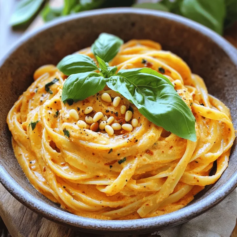 - 12 oz fettuccine pasta - 2 large red bell peppers, roasted and peeled - 1 cup heavy cream - 1/2 cup grated Parmesan cheese - 3 cloves garlic, minced - 2 tablespoons olive oil - 1 teaspoon red pepper flakes (optional) - Salt and pepper to taste - Fresh basil, for garnish - 1/4 cup toasted pine nuts (optional) Use any pasta you like, but fettuccine works great. If you want a lighter meal, try whole wheat pasta. You can roast your bell peppers at home or buy them jarred. Jarred peppers save time. Heavy cream gives the sauce its rich taste. You can use half-and-half for a lighter option. Nutritional yeast can replace Parmesan for a vegan twist. Fresh garlic is best, but you can use garlic powder in a pinch. If you like spice, add more red pepper flakes. For a nut-free meal, skip the pine nuts. Fresh basil adds a nice touch but dried works too. This dish serves four people. Each serving has about 600 calories. It contains 24 grams of fat and 15 grams of protein. The pasta gives you carbs for energy. To keep it balanced, pair it with a salad. Add greens for more vitamins and minerals. Adjust the ingredients for your dietary needs. Enjoying this dish can be part of a healthy diet! To start, fill a large pot with water and add salt. Bring it to a boil. Once boiling, add 12 ounces of fettuccine pasta. Cook it according to the package directions until it's al dente. This should take around 8 to 10 minutes. After cooking, reserve 1 cup of the pasta water. Then, drain the pasta and set it aside in a bowl. While the pasta cooks, grab a pan and heat 2 tablespoons of olive oil over medium heat. Add 3 cloves of minced garlic. Sauté the garlic for about 1 minute until it smells great. Next, take 2 large roasted red bell peppers and place them in a blender. Add the sautéed garlic, 1 cup of heavy cream, and 1/2 cup of grated Parmesan cheese. Blend everything until it's smooth and creamy. If you like a little heat, toss in 1 teaspoon of red pepper flakes. Now, pour the blended red pepper sauce into the same pan you used for the garlic. Heat the sauce on low, stirring gently until it's warm. If the sauce feels too thick, gradually add the reserved pasta water until it reaches your desired creaminess. Finally, add the cooked fettuccine to the sauce, tossing well to coat every noodle. Season with salt and pepper to taste. Enjoy your creamy roasted red pepper pasta warm! To get that rich, creamy texture, start with heavy cream. It makes a big difference. When you blend the roasted red peppers with garlic and cream, aim for a smooth mix. If the sauce feels too thick, use some pasta water to loosen it up. This water has starch, which helps the sauce cling to the pasta. For extra flavor, don’t skip the garlic. Sauté it until it smells great. Red pepper flakes can add a nice kick. If you love herbs, fresh basil is a must. Just sprinkle it on top after plating. You can also add a bit of lemon juice for brightness. Taste the sauce before serving and adjust the salt and pepper. If you have leftovers, store them in an airtight container. This keeps the pasta fresh. Reheat gently on the stove over low heat. Add a splash of cream or water to help the sauce regain its creaminess. Avoid using the microwave if you can. It can make the pasta dry. Enjoy your creamy roasted red pepper pasta whenever you want! {{image_2}} You can easily make this dish vegan. Swap the heavy cream for coconut cream or cashew cream. Use nutritional yeast instead of Parmesan cheese. It gives a cheesy flavor without dairy. The roasted red peppers still shine in this version. You won’t miss the creaminess at all! If you need a gluten-free option, use gluten-free fettuccine. Many brands offer great pasta made from rice or corn. The taste and texture are similar to regular pasta. Just follow the package directions for cooking times. The sauce stays the same, so you get all that delicious flavor. Want to add some protein? Cooked chicken or shrimp works great in this dish. For chicken, grill or pan-sear it first, then slice it. Toss it with the pasta and sauce before serving. For shrimp, sauté them until pink and add them in just before serving. This adds heartiness and makes the meal more filling. Creamy roasted red pepper pasta pairs well with simple sides. Here are some ideas: - Garlic Bread: The buttery taste of garlic bread complements the creamy sauce. - Green Salad: A fresh salad with mixed greens brightens the meal. - Grilled Vegetables: Roasted zucchini and bell peppers match the pasta's flavors. - Caesar Salad: The crunch of romaine and croutons adds a nice contrast. To make your dish look great, keep these tips in mind: - Color Contrast: Use fresh basil leaves on top. They add a vibrant green color. - Use a Large Bowl: Serve in a big bowl to show off the creamy sauce. - Add a Drizzle: A touch of olive oil on top adds shine and flavor. - Sprinkle Nuts: Toasted pine nuts give added texture and a gourmet touch. When serving, keep these portion sizes in mind: - Main Dish: Aim for about 1.5 cups of pasta per person. - Side Salad: A small bowl of salad goes well with the main dish. - Sharing: If sharing, serve in a large bowl and let guests take what they want. Enjoy your creamy roasted red pepper pasta with these tips for a delightful meal! You can store leftover creamy roasted red pepper pasta in an airtight container. It stays fresh for up to three days in the fridge. Before storing, let the pasta cool. This helps prevent extra moisture. When ready to eat, just reheat it on the stove or in the microwave. Add a splash of water or cream to keep it creamy. Yes, you can freeze creamy roasted red pepper pasta. Place it in a freezer-safe container or bag. It lasts for about two months in the freezer. When you're ready to eat, thaw it in the fridge overnight. Reheat it slowly on the stove, adding a bit of cream for smoothness. You can serve creamy roasted red pepper pasta with many sides. A fresh green salad pairs well. Garlic bread adds a nice crunch. For a heartier meal, grilled chicken or shrimp works great. You can also add steamed veggies for color and nutrition. Don't forget a sprinkle of extra Parmesan on top for that perfect finish! This blog post covered how to make creamy roasted red pepper pasta. I shared the key ingredients, tips, and variations to suit your needs. You can make it vegan, gluten-free, or add protein. I also gave ideas for sides and how to present your dish nicely. With these tips, you can prepare a dish that's creamy and flavorful. Enjoy cooking and experimenting as you make it your own. Happy eating!
